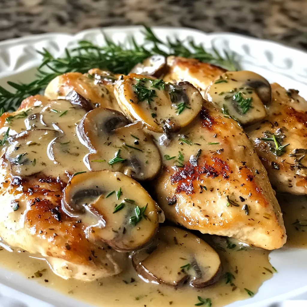 - 4 boneless, skinless chicken breasts - 2 cups mushrooms, sliced (cremini or button mushrooms recommended) - 4 cloves garlic, minced - 1 tablespoon fresh thyme leaves (or 1 teaspoon dried thyme) - 1 tablespoon fresh rosemary, finely chopped (or 1 teaspoon dried rosemary) - 1/4 cup chicken broth - 1/4 cup heavy cream - 2 tablespoons olive oil - Salt and pepper - Fresh parsley, chopped (for garnish) The main ingredients in this recipe create a rich flavor. The chicken breasts provide protein and a nice base. Mushrooms give an earthy taste that pairs well with garlic. Fresh herbs like thyme and rosemary add depth and aroma. You'll need chicken broth to make the sauce creamy and flavorful. Heavy cream brings a smooth texture to the dish. Olive oil helps cook the chicken and adds richness. For seasoning, salt and pepper are key. They enhance all the flavors in the dish. Don't forget fresh parsley! It adds a pop of color and freshness when you serve. Gather all these ingredients to create a delightful meal that is simple yet impressive. {{ingredient_image_2}} - Seasoning the chicken Start by seasoning both sides of the chicken breasts with salt and pepper. This step is key to enhancing the chicken's natural flavor. Use a good amount of salt and pepper for the best taste. - Searing the chicken in the skillet Heat 2 tablespoons of olive oil in a large skillet over medium-high heat. When the oil is shimmering, add the seasoned chicken breasts. Sear each side for about 5-6 minutes until they turn a lovely golden brown. Make sure they cook all the way through. Once done, take the chicken out and place it on a plate. - Sautéing mushrooms and garlic In the same skillet, add 2 cups of sliced mushrooms. Cook them for about 4-5 minutes. Stir occasionally until they soften and turn golden. Next, add 4 cloves of minced garlic, 1 tablespoon of fresh thyme, and 1 tablespoon of rosemary. Sauté for 1-2 minutes. The garlic should smell great and soften nicely. - Adding chicken broth and cream Pour in 1/4 cup of chicken broth. Use a wooden spoon to scrape any brown bits from the skillet. This adds deep flavor to your sauce. Then, stir in 1/4 cup of heavy cream. Let this mixture come to a gentle simmer and thicken for about 3 minutes. - Returning chicken to the skillet Place the seared chicken breasts back in the skillet. Spoon the mushroom sauce over them. Let everything simmer together for about 2-3 minutes. This step helps the chicken absorb all the delicious flavors. - Adjusting sauce seasoning Taste the sauce and adjust it if needed. Add more salt and pepper to make it just right. This ensures every bite is flavorful and satisfying. - Ensuring perfect chicken doneness: To check if the chicken is done, use a meat thermometer. The internal temperature should reach 165°F (75°C). If you don’t have a thermometer, cut into the chicken. The juices should run clear, and the meat should no longer be pink. Always let the chicken rest for a few minutes after cooking. This keeps it juicy. - Enhancing flavor with herbs and spices: Fresh herbs like thyme and rosemary make a big difference. If you use dried herbs, remember they are stronger. Use about a third of the amount. Garlic adds a nice punch to the dish. Sauté it just until it smells fragrant. Be careful not to burn it; that can make it bitter. - Serving suggestions with rice or vegetables: For a beautiful plate, slice the chicken. Lay the slices over fluffy rice or steamed veggies. The creamy mushroom sauce can drizzle over the top. This adds color and makes the dish pop. - Garnishing for a restaurant-style look: Fresh parsley adds a burst of color and freshness. Sprinkle it on top just before serving. You can also add a lemon wedge on the side for a touch of brightness. This simple garnish gives a fancy finish to your meal. Pro Tips Rest the Chicken: Allow the chicken breasts to rest for a few minutes after cooking. This helps the juices redistribute, ensuring moist and flavorful meat. Use Fresh Herbs: For the best flavor, opt for fresh herbs like thyme and rosemary. They provide a vibrant taste that dried herbs may lack. Adjust Sauce Consistency: If the sauce is too thick, add a splash more chicken broth or cream to reach your desired consistency. Pair with Sides: This dish pairs wonderfully with rice, mashed potatoes, or steamed vegetables to soak up the delicious sauce. {{image_4}} Dairy-free options You can make this dish without dairy. Use coconut cream instead of heavy cream. This gives a rich texture with a hint of sweetness. You can also use vegetable broth in place of chicken broth for a full dairy-free meal. Low-carb alternatives To make this a low-carb dish, eliminate the heavy cream. You can use cauliflower puree instead. It gives a creamy texture without the carbs. Pair the chicken with zucchini noodles or steamed broccoli for a light and healthy meal. Additional herbs and spices Feel free to get creative with herbs! You can add oregano, basil, or even some red pepper flakes for heat. Fresh herbs like tarragon or dill also work well. These will elevate the flavor and add a unique twist to the dish. Incorporating vegetables You can add more veggies for a heartier meal. Spinach, bell peppers, or asparagus are great choices. Just sauté them with the mushrooms. This adds color and nutrients, making your dish even more appealing and healthy. To keep your Garlic Herb Mushroom Chicken fresh, follow these steps: - Cool Completely: Let the dish cool down to room temperature. - Use Airtight Containers: Place leftovers in airtight containers. - Refrigerate: Store in the fridge for up to 3 days. - Label: Write the date on the container to track freshness. When you want to enjoy your leftovers, here’s how to reheat safely: - Microwave Method: Place the chicken in a microwave-safe dish. Cover it with a lid or microwave-safe wrap. Heat on medium for 2-3 minutes. Check if it’s warm throughout. - Stovetop Method: Add the chicken with sauce back into a skillet. Heat on low for about 5 minutes, turning gently. This keeps the sauce creamy. - Oven Method: Preheat the oven to 350°F (175°C). Place the chicken in a baking dish and cover with foil. Heat for 15-20 minutes. This method helps keep the chicken moist. By following these tips, you ensure your meal stays tasty and safe to eat again! Can I use different types of mushrooms? Yes, you can use different mushrooms. Cremini and button mushrooms work well. You could also try shiitake or portobello mushrooms for a richer flavor. Each type of mushroom brings its own taste. Mix a few kinds for more depth in your dish. How can I make this recipe spicy? To make this dish spicy, add red pepper flakes. Start with a pinch and taste. You can also add jalapeños or hot sauce. For a smoky flavor, try smoked paprika. This adds heat without overpowering the dish. Caloric content and serving size Each serving of Garlic Herb Mushroom Chicken has about 330 calories. This is based on a meal size of one chicken breast with sauce. Adjusting the cream or oil can change the calorie count. Health benefits of the ingredients - Chicken: A great source of lean protein. - Mushrooms: Packed with vitamins and antioxidants. - Garlic: Known for its immune-boosting properties. - Fresh herbs: Add flavor and nutrients with fewer calories. What sides complement this dish? Pair Garlic Herb Mushroom Chicken with fluffy rice or mashed potatoes. Steamed vegetables like broccoli or green beans make great sides too. A simple salad with vinaigrette can add freshness to your meal. Wine or beverage pairings to enhance the meal For wine, a light white like Sauvignon Blanc works well. It balances the creamy sauce. If you prefer something non-alcoholic, try sparkling water with a slice of lemon. This adds a refreshing touch to your meal. This blog post shared a simple recipe for Garlic Herb Mushroom Chicken. We covered your key ingredients, step-by-step cooking instructions, and helpful tips. You learned how to store leftovers safely and explore variations for dietary needs. Cooking can be fun and rewarding. With this dish, you can impress your family or friends easily. Enjoy your flavorful meal!