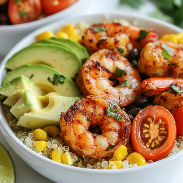 - 1 lb shrimp, peeled and deveined - 2 tablespoons chipotle chili powder - 1 teaspoon garlic powder - 1 teaspoon ground cumin - 2 tablespoons olive oil - Juice and zest of 2 limes - Salt and pepper to taste - 1 cup quinoa, rinsed - 2 cups vegetable broth (or water) - 1 cup corn (fresh or frozen) - 1 avocado, sliced - 1 cup cherry tomatoes, halved - 1 cup black beans, drained and rinsed - Fresh cilantro, chopped (for garnish) To make these Chipotle Lime Shrimp Bowls, you need fresh shrimp and a mix of spices for the marinade. The chipotle chili powder gives the shrimp a nice kick. Garlic powder and cumin add rich flavor. Using lime juice and zest brightens the dish. For the bowl, quinoa serves as a hearty base. You can use vegetable broth for extra flavor. Corn, avocado, cherry tomatoes, and black beans add texture and color. Finally, fresh cilantro gives a nice touch. Gather these ingredients before you start cooking. This way, you can enjoy a smooth cooking process. {{ingredient_image_2}} First, grab a mixing bowl. Combine 1 pound of peeled and deveined shrimp with 2 tablespoons of chipotle chili powder, 1 teaspoon of garlic powder, 1 teaspoon of ground cumin, and 2 tablespoons of olive oil. Add the juice and zest of 2 limes. Don’t forget a pinch of salt and pepper. Mix it all well to coat the shrimp evenly. Let this sit for at least 20 minutes. This step helps the flavors blend. Next, take a medium saucepan. Pour in 2 cups of vegetable broth or water and bring it to a boil. Once boiling, add 1 cup of rinsed quinoa. Stir to mix and lower the heat to a gentle simmer. Cover the pot and let it cook for about 15 minutes. After that, remove it from heat but keep it covered for another 5 minutes. This makes the quinoa light and fluffy. Now, heat a large skillet over medium-high heat. Add the marinated shrimp in a single layer. Cook them for about 2-3 minutes on each side. You will know they are done when they turn pink and opaque. Avoid overcrowding the pan to keep them from steaming. Once cooked, take them off the heat. For the assembly, start with a generous scoop of fluffy quinoa at the bottom of each bowl. Layer the cooked shrimp on top. Then, add a colorful mix of corn, sliced avocado, halved cherry tomatoes, and black beans. This will make your bowls look vibrant and inviting. Finally, sprinkle freshly chopped cilantro over the top for a pop of flavor. For an extra zesty kick, squeeze some lime juice before serving. To present your bowls, use deep, wide bowls. Arrange the ingredients in neat sections for a colorful display. Adding a lime wedge on each plate allows guests to add a fresh squeeze of lime as they wish. - Avoid overcrowding the skillet: When you cook shrimp, keep them in a single layer. If you add too many at once, they will steam instead of sear. This can lead to a rubbery texture that nobody wants. - Recommended cooking time for best texture: Cook the shrimp for about 2-3 minutes on each side. They should turn pink and opaque when done. This short cooking time keeps them tender and juicy. - Ensuring quinoa is fluffy: Rinse the quinoa before cooking. This removes bitter saponins and helps it cook evenly. After cooking, let it sit covered for 5 minutes. This step allows it to steam and get fluffy. - Variations for broth or seasoning options: You can use vegetable broth for more flavor, but water works too. Try adding spices like garlic powder or onion powder to the broth for an extra kick. - Suggestions for additional spices: If you want more heat, add cayenne pepper or crushed red pepper flakes. You can also sprinkle some smoked paprika for a deeper flavor. - Recommended accompaniments or sauces: Serve with a dollop of sour cream or a drizzle of a tangy lime vinaigrette. Fresh toppings like diced jalapeños or pickled red onions can also add a nice crunch and zing. Pro Tips Marinate Longer for Depth: For even more intense flavor, consider marinating the shrimp for 30 minutes to an hour. This extra time allows the spices to penetrate the shrimp more thoroughly. Perfectly Fluffy Quinoa: After cooking the quinoa, fluff it with a fork before serving. This helps separate the grains and enhances the texture, making it light and airy. Fresh Ingredients Matter: Use fresh lime juice and zest for the best flavor. Bottled lime juice can lack the brightness and freshness that really elevates the dish. Customize Your Bowl: Feel free to add or substitute other vegetables in your bowls, such as bell peppers or spinach, to personalize your meal and increase nutrient variety. {{image_4}} Want to switch things up? You can easily swap shrimp for chicken or tofu. Chicken thighs work well; they stay juicy and tender when cooked. Just marinate them like you do the shrimp. For a plant-based option, try firm tofu. Press it to remove extra water, then cut it into cubes and marinate it. If you're a seafood lover, consider using scallops or fish. Scallops cook quickly and offer a sweet flavor. Fish like tilapia or salmon can also bring a tasty twist. Just adjust the cooking time, as seafood can cook faster than shrimp. Looking for a meatless meal? You can make a delicious bowl without any animal products. Start with the quinoa, then load up on veggies. Add roasted bell peppers, zucchini, or even sautéed kale for extra nutrients. For plant-based protein, include chickpeas or lentils. They are filling and packed with flavor. You can also use a store-bought vegan meat substitute. This gives you a hearty, satisfying dish that everyone can enjoy. Quinoa is great, but you have other choices too. Brown rice is a healthy option that adds a nutty taste. Farro, a chewy grain, can give your bowl a different texture. If you want something lighter, try cauliflower rice. It adds volume without many carbs. You can also use mixed greens as a base for a fresh salad bowl. Each option brings a unique flavor and texture to your meal. Store leftovers in an airtight container. This keeps the meal fresh longer. Use glass or plastic containers that seal well. Smaller containers help if you want to portion out the food. To freeze, separate the shrimp and quinoa. This helps maintain texture. Place shrimp in a freezer bag, removing air before sealing. For quinoa, use a different bag or container. To reheat, thaw in the fridge overnight. Heat shrimp in a skillet for a few minutes. Reheat quinoa in the microwave or on the stove. The dish stays fresh for about three days in the fridge. Look for changes in color or smell as signs of spoilage. If shrimp smells off or looks slimy, discard it. Fresh quinoa should remain fluffy and dry. Always use your best judgment when checking food freshness. Yes, you can prepare the components in advance. Cook the quinoa and marinate the shrimp the day before. Store them in separate containers in the fridge. This way, you can quickly assemble the bowls when you are ready to eat. Just remember to cook the shrimp fresh for the best flavor. If you need an alternative grain, try brown rice or farro. Both add great texture and nutrition to your bowls. You can also use cauliflower rice for a low-carb option. Each of these grains brings its own unique flavor and can make your meal special. Shrimp cooks quickly. You will know they are done when they turn pink and opaque. Each shrimp should curl slightly as they cook. Avoid overcooking, as shrimp can become rubbery. Always check the color and texture for perfect results. Yes, this recipe is gluten-free. All the ingredients, including shrimp, quinoa, and veggies, are free from gluten. Always check labels on canned items like black beans to ensure they are gluten-free. This makes it a great option for anyone with gluten sensitivities. To add extra heat, mix in diced jalapeños or a splash of hot sauce. You can also increase the chipotle chili powder in the marinade. For a smoky flavor, try adding smoked paprika. Adjust the spice level to suit your taste for a bold kick! This blog post provided a simple guide to making Chipotle Lime Shrimp Bowls. You learned the key ingredients, the preparation steps, and useful tips for cooking. Remember that marinating the shrimp enhances flavor, and cooking quinoa correctly gives the dish a great texture. Whether you prefer shrimp, chicken, or plant-based options, you can create a bowl that fits your taste. Enjoy experimenting with different flavors, and don’t forget to share your creations!