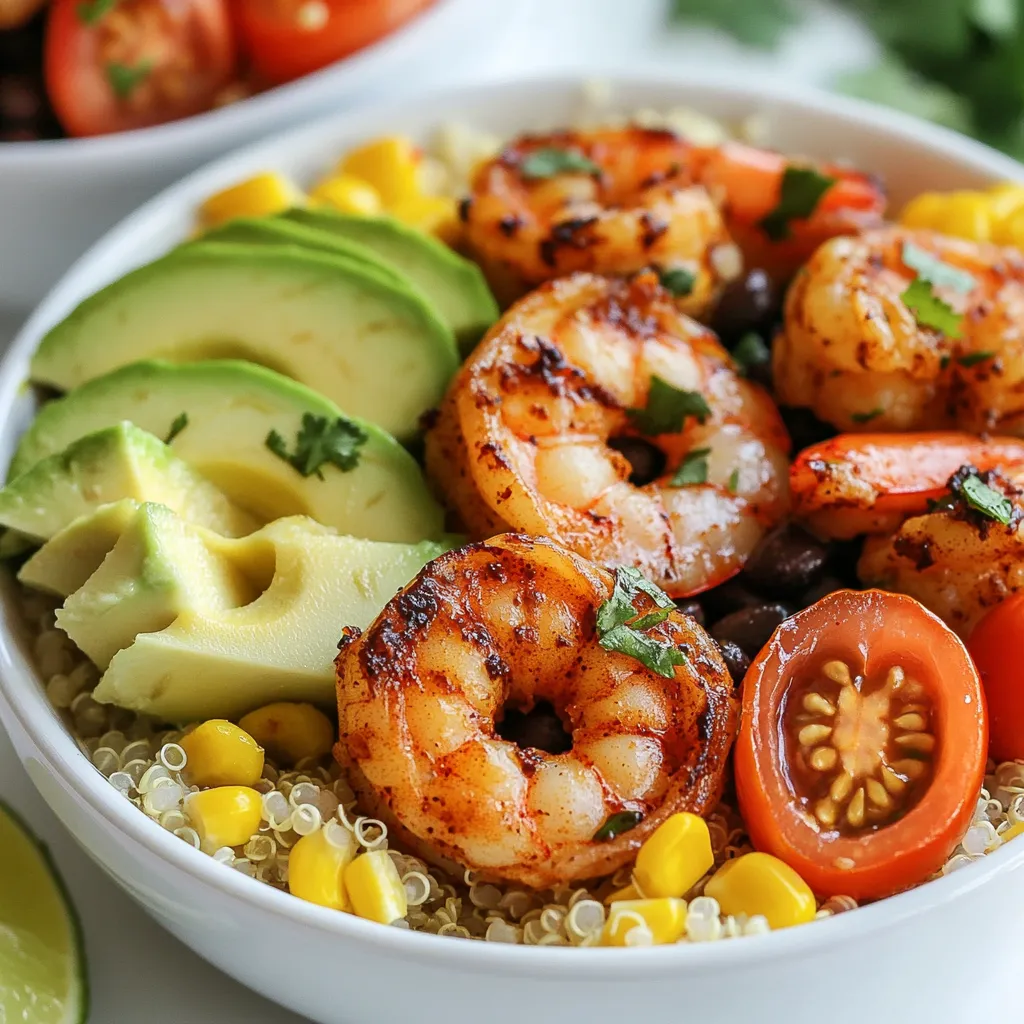 - 1 lb shrimp, peeled and deveined - 2 tablespoons chipotle chili powder - 1 teaspoon garlic powder - 1 teaspoon ground cumin - 2 tablespoons olive oil - Juice and zest of 2 limes - Salt and pepper to taste - 1 cup quinoa, rinsed - 2 cups vegetable broth (or water) - 1 cup corn (fresh or frozen) - 1 avocado, sliced - 1 cup cherry tomatoes, halved - 1 cup black beans, drained and rinsed - Fresh cilantro, chopped (for garnish) To make these Chipotle Lime Shrimp Bowls, you need fresh shrimp and a mix of spices for the marinade. The chipotle chili powder gives the shrimp a nice kick. Garlic powder and cumin add rich flavor. Using lime juice and zest brightens the dish. For the bowl, quinoa serves as a hearty base. You can use vegetable broth for extra flavor. Corn, avocado, cherry tomatoes, and black beans add texture and color. Finally, fresh cilantro gives a nice touch. Gather these ingredients before you start cooking. This way, you can enjoy a smooth cooking process. {{ingredient_image_2}} First, grab a mixing bowl. Combine 1 pound of peeled and deveined shrimp with 2 tablespoons of chipotle chili powder, 1 teaspoon of garlic powder, 1 teaspoon of ground cumin, and 2 tablespoons of olive oil. Add the juice and zest of 2 limes. Don’t forget a pinch of salt and pepper. Mix it all well to coat the shrimp evenly. Let this sit for at least 20 minutes. This step helps the flavors blend. Next, take a medium saucepan. Pour in 2 cups of vegetable broth or water and bring it to a boil. Once boiling, add 1 cup of rinsed quinoa. Stir to mix and lower the heat to a gentle simmer. Cover the pot and let it cook for about 15 minutes. After that, remove it from heat but keep it covered for another 5 minutes. This makes the quinoa light and fluffy. Now, heat a large skillet over medium-high heat. Add the marinated shrimp in a single layer. Cook them for about 2-3 minutes on each side. You will know they are done when they turn pink and opaque. Avoid overcrowding the pan to keep them from steaming. Once cooked, take them off the heat. For the assembly, start with a generous scoop of fluffy quinoa at the bottom of each bowl. Layer the cooked shrimp on top. Then, add a colorful mix of corn, sliced avocado, halved cherry tomatoes, and black beans. This will make your bowls look vibrant and inviting. Finally, sprinkle freshly chopped cilantro over the top for a pop of flavor. For an extra zesty kick, squeeze some lime juice before serving. To present your bowls, use deep, wide bowls. Arrange the ingredients in neat sections for a colorful display. Adding a lime wedge on each plate allows guests to add a fresh squeeze of lime as they wish. - Avoid overcrowding the skillet: When you cook shrimp, keep them in a single layer. If you add too many at once, they will steam instead of sear. This can lead to a rubbery texture that nobody wants. - Recommended cooking time for best texture: Cook the shrimp for about 2-3 minutes on each side. They should turn pink and opaque when done. This short cooking time keeps them tender and juicy. - Ensuring quinoa is fluffy: Rinse the quinoa before cooking. This removes bitter saponins and helps it cook evenly. After cooking, let it sit covered for 5 minutes. This step allows it to steam and get fluffy. - Variations for broth or seasoning options: You can use vegetable broth for more flavor, but water works too. Try adding spices like garlic powder or onion powder to the broth for an extra kick. - Suggestions for additional spices: If you want more heat, add cayenne pepper or crushed red pepper flakes. You can also sprinkle some smoked paprika for a deeper flavor. - Recommended accompaniments or sauces: Serve with a dollop of sour cream or a drizzle of a tangy lime vinaigrette. Fresh toppings like diced jalapeños or pickled red onions can also add a nice crunch and zing. Pro Tips Marinate Longer for Depth: For even more intense flavor, consider marinating the shrimp for 30 minutes to an hour. This extra time allows the spices to penetrate the shrimp more thoroughly. Perfectly Fluffy Quinoa: After cooking the quinoa, fluff it with a fork before serving. This helps separate the grains and enhances the texture, making it light and airy. Fresh Ingredients Matter: Use fresh lime juice and zest for the best flavor. Bottled lime juice can lack the brightness and freshness that really elevates the dish. Customize Your Bowl: Feel free to add or substitute other vegetables in your bowls, such as bell peppers or spinach, to personalize your meal and increase nutrient variety. {{image_4}} Want to switch things up? You can easily swap shrimp for chicken or tofu. Chicken thighs work well; they stay juicy and tender when cooked. Just marinate them like you do the shrimp. For a plant-based option, try firm tofu. Press it to remove extra water, then cut it into cubes and marinate it. If you're a seafood lover, consider using scallops or fish. Scallops cook quickly and offer a sweet flavor. Fish like tilapia or salmon can also bring a tasty twist. Just adjust the cooking time, as seafood can cook faster than shrimp. Looking for a meatless meal? You can make a delicious bowl without any animal products. Start with the quinoa, then load up on veggies. Add roasted bell peppers, zucchini, or even sautéed kale for extra nutrients. For plant-based protein, include chickpeas or lentils. They are filling and packed with flavor. You can also use a store-bought vegan meat substitute. This gives you a hearty, satisfying dish that everyone can enjoy. Quinoa is great, but you have other choices too. Brown rice is a healthy option that adds a nutty taste. Farro, a chewy grain, can give your bowl a different texture. If you want something lighter, try cauliflower rice. It adds volume without many carbs. You can also use mixed greens as a base for a fresh salad bowl. Each option brings a unique flavor and texture to your meal. Store leftovers in an airtight container. This keeps the meal fresh longer. Use glass or plastic containers that seal well. Smaller containers help if you want to portion out the food. To freeze, separate the shrimp and quinoa. This helps maintain texture. Place shrimp in a freezer bag, removing air before sealing. For quinoa, use a different bag or container. To reheat, thaw in the fridge overnight. Heat shrimp in a skillet for a few minutes. Reheat quinoa in the microwave or on the stove. The dish stays fresh for about three days in the fridge. Look for changes in color or smell as signs of spoilage. If shrimp smells off or looks slimy, discard it. Fresh quinoa should remain fluffy and dry. Always use your best judgment when checking food freshness. Yes, you can prepare the components in advance. Cook the quinoa and marinate the shrimp the day before. Store them in separate containers in the fridge. This way, you can quickly assemble the bowls when you are ready to eat. Just remember to cook the shrimp fresh for the best flavor. If you need an alternative grain, try brown rice or farro. Both add great texture and nutrition to your bowls. You can also use cauliflower rice for a low-carb option. Each of these grains brings its own unique flavor and can make your meal special. Shrimp cooks quickly. You will know they are done when they turn pink and opaque. Each shrimp should curl slightly as they cook. Avoid overcooking, as shrimp can become rubbery. Always check the color and texture for perfect results. Yes, this recipe is gluten-free. All the ingredients, including shrimp, quinoa, and veggies, are free from gluten. Always check labels on canned items like black beans to ensure they are gluten-free. This makes it a great option for anyone with gluten sensitivities. To add extra heat, mix in diced jalapeños or a splash of hot sauce. You can also increase the chipotle chili powder in the marinade. For a smoky flavor, try adding smoked paprika. Adjust the spice level to suit your taste for a bold kick! This blog post provided a simple guide to making Chipotle Lime Shrimp Bowls. You learned the key ingredients, the preparation steps, and useful tips for cooking. Remember that marinating the shrimp enhances flavor, and cooking quinoa correctly gives the dish a great texture. Whether you prefer shrimp, chicken, or plant-based options, you can create a bowl that fits your taste. Enjoy experimenting with different flavors, and don’t forget to share your creations!