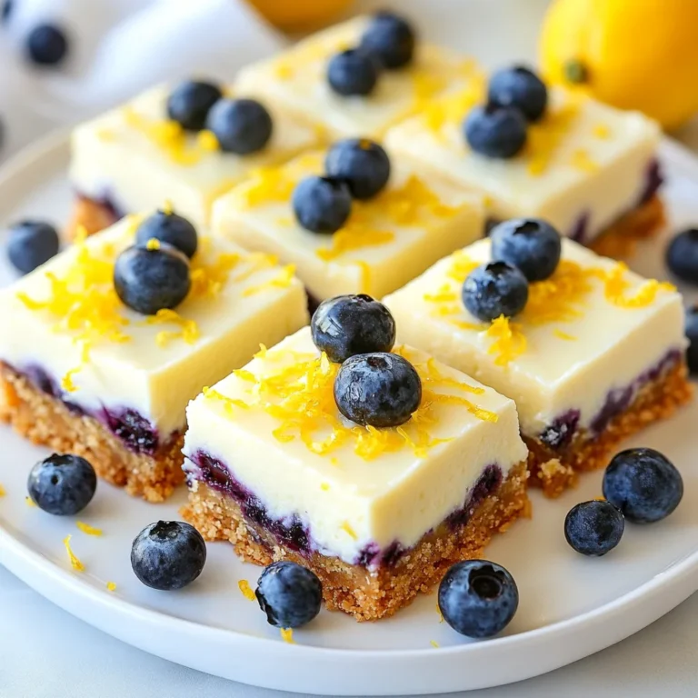 To make blueberry lemon cheesecake bars, you'll need these key ingredients: - 1 and 1/2 cups graham cracker crumbs - 1/4 cup granulated sugar - 1/2 cup unsalted butter, melted - 16 oz cream cheese, softened at room temperature - 1 cup granulated sugar - 2 large eggs, at room temperature - 1 teaspoon pure vanilla extract - Zest of 1 lemon - 1/4 cup freshly squeezed lemon juice - 1 cup fresh blueberries (plus extra for topping) When measuring ingredients, be precise. Use dry measuring cups for dry items like graham cracker crumbs and sugar. For liquids, use a liquid measuring cup. Here are a few tips: - Graham cracker crumbs: Crush them finely for a better crust. You can use a food processor or place them in a zip-top bag and crush with a rolling pin. - Cream cheese: Let it soften at room temperature for about an hour. This helps it mix smoothly. - Lemon juice: Always use fresh juice for the best taste. It brightens the flavor so well. Using good ingredients makes a big difference. High-quality cream cheese gives a rich and creamy texture. Fresh blueberries add natural sweetness and vibrant color. Here’s why quality matters: - Flavor: Fresh ingredients enhance the taste. You’ll notice the difference. - Texture: Quality products mix better. This leads to a smoother filling. - Presentation: Fresh fruit looks beautiful and makes your dessert appealing. By focusing on these details, you create blueberry lemon cheesecake bars that shine in taste and look. {{ingredient_image_2}} First, set your oven to 350°F (175°C). This heat helps cook the bars evenly. Grab an 8x8 inch baking pan. Line it with parchment paper, leaving some paper hanging over the sides. This makes it easy to lift the bars out later. In a medium bowl, mix 1 and 1/2 cups of graham cracker crumbs with 1/4 cup of granulated sugar. Pour in 1/2 cup of melted unsalted butter. Stir this mixture until it looks like wet sand. Press the crust firmly into the bottom of your prepared pan. Bake it for 10 minutes. Let it cool a bit while you make the filling. In a large bowl, beat 16 oz of softened cream cheese. Use an electric mixer on medium speed for about 2 minutes until it's smooth. Gradually add 1 cup of granulated sugar while mixing. Then, add 2 large eggs one at a time, mixing well after each. Next, fold in 1 teaspoon of pure vanilla extract, the zest of 1 lemon, and 1/4 cup of freshly squeezed lemon juice. Mix until everything is combined. Lastly, gently fold in 1 cup of fresh blueberries, being careful not to break them. Now, pour the cheesecake filling over your cooled crust. Smooth the top with a spatula. Bake in the oven for 30 to 35 minutes. The edges should be set, but the center can still jiggle a bit. After baking, let the bars cool at room temperature. Then, put them in the fridge for at least 4 hours, or better yet, overnight. This helps them set perfectly. When ready to serve, lift the cheesecake bars out of the pan using the parchment paper. Cut them into squares. For a nice touch, garnish with extra fresh blueberries and a sprinkle of lemon zest. This adds color and makes them look even more appetizing! When making blueberry lemon cheesecake bars, it’s easy to make mistakes. Here are a few to watch for: - Overmixing the filling: This can make the texture too dense. Mix just until combined. - Not using room temperature ingredients: Cold cream cheese can lead to lumps. Always let it warm up. - Skipping the chilling time: These bars need time to set. Don't rush the cooling process. For the best texture, focus on these steps: - Beat the cream cheese well: Make it smooth and fluffy for a creamy filling. - Fold in the blueberries gently: This keeps them whole and adds nice bursts of flavor. - Check the baking time: The center should jiggle slightly. This means it will set perfectly as it cools. You can boost the flavors in your cheesecake bars. Here’s how: - Use fresh lemon juice and zest: This adds brightness to the bars. - Add a pinch of salt: It balances the sweetness and enhances the berry flavor. - Top with extra blueberries: This fresh garnish adds color and taste. Experimenting with these tips will make your cheesecake bars even more delightful! Pro Tips Room Temperature Cream Cheese: Make sure your cream cheese is at room temperature before mixing. This will ensure a smooth and creamy texture without lumps. Fresh Blueberries: Use fresh blueberries for the best flavor and texture. If using frozen, make sure to thaw and drain them well to avoid excess moisture in the filling. Chill Overnight: For the best results, refrigerate the cheesecake bars overnight. This allows the flavors to meld and the texture to firm up perfectly. Cleaning Cuts: To make clean cuts, use a sharp knife and wipe it with a damp cloth between each cut. This keeps the edges of the bars looking neat and professional. {{image_4}} You can easily swap some ingredients if you have dietary needs. For a gluten-free option, use gluten-free graham crackers. They work well in the crust. If you want a lower-sugar version, try using a sugar substitute. Look for ones that measure like sugar for the best results. For a dairy-free choice, you can use cashew cream instead of cream cheese. It gives a nice texture and flavor. While blueberries are delicious, you can try other fruits too. Raspberries add a nice tartness. Strawberries bring a sweet touch. Blackberries can also work well. Just make sure any fruit you use is fresh and ripe. This way, you’ll get the best flavor in your bars. You can mix and match fruits for even more fun flavors. Adding more flavor is a great way to make these bars special. Try adding a pinch of cinnamon for warmth. A splash of almond extract can add a nutty taste. If you love chocolate, fold in some mini chocolate chips. This adds a decadent touch. Lemon zest gives a bright, fresh flavor. You can even experiment with herbs like mint for a unique twist. Each addition makes these cheesecake bars a fun treat! To keep your blueberry lemon cheesecake bars fresh, store them in the fridge. Use an airtight container or cover them tightly with plastic wrap. This prevents the bars from drying out and keeps them tasting great. If you plan to eat them within three days, this method works perfectly. For longer storage, consider freezing them. If you want to save some bars for later, freezing is easy. First, cut the cheesecake into squares. Wrap each piece in plastic wrap. Then, place the wrapped pieces in a freezer-safe bag. Remember to squeeze out as much air as possible before sealing. They can last up to three months in the freezer. When you're ready to enjoy, thaw them in the fridge overnight. Blueberry lemon cheesecake bars stay fresh in the fridge for about five days. If they are frozen, thaw them before eating. You can serve them cold or at room temperature. If you prefer them warm, gently heat them in the microwave for about ten seconds. This softens the bars without cooking them. Yes, you can use frozen blueberries. They work well in this recipe. Just make sure to thaw and drain them first. This prevents excess moisture from ruining the bars. Frozen blueberries may break apart more easily. So, be gentle when folding them into the batter. Blueberry lemon cheesecake bars last about 5 to 7 days in the fridge. Store them in an airtight container. This keeps them fresh and tasty. If you want to enjoy them longer, consider freezing them. Just remember to let them thaw in the fridge before serving. Yes, you can make these bars without eggs. Use a substitute like unsweetened applesauce or silken tofu. This will help bind the filling together. Keep in mind that the texture may change slightly. The bars might be a bit denser but still delicious. To cut cheesecake bars, first, chill them well. Use a sharp knife for clean cuts. Dip the knife in hot water and wipe it dry between cuts. This helps avoid messy edges. For nice squares, cut into equal rows and columns. Enjoy those perfect bites! This blog post covered all you need to know about making blueberry lemon cheesecake bars. We explored key ingredients, step-by-step instructions, and tips to avoid mistakes. You learned how to store your bars and variations to try. Remember, quality ingredients and careful prep lead to tasty results. Baking is fun, and with these tips, you’ll impress your friends and family. Enjoy your cheesecake bars!