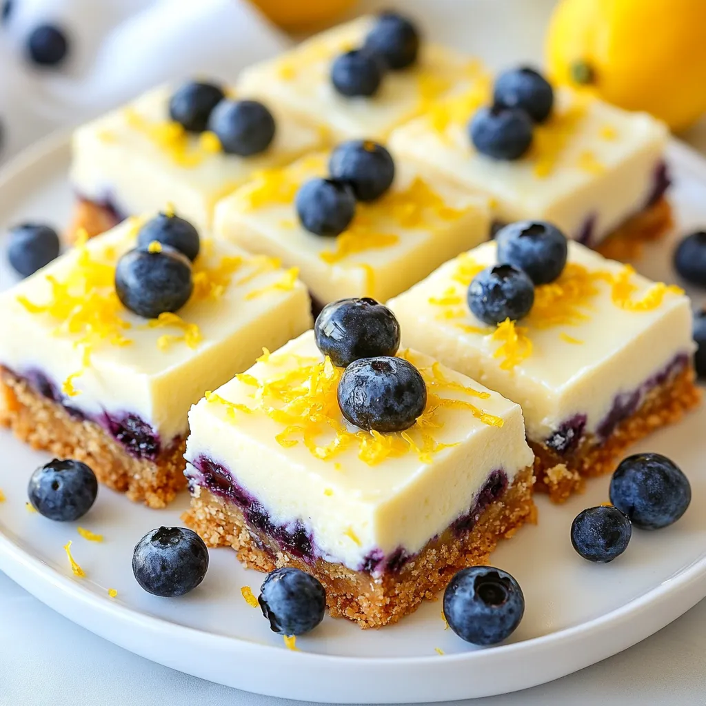 To make blueberry lemon cheesecake bars, you'll need these key ingredients: - 1 and 1/2 cups graham cracker crumbs - 1/4 cup granulated sugar - 1/2 cup unsalted butter, melted - 16 oz cream cheese, softened at room temperature - 1 cup granulated sugar - 2 large eggs, at room temperature - 1 teaspoon pure vanilla extract - Zest of 1 lemon - 1/4 cup freshly squeezed lemon juice - 1 cup fresh blueberries (plus extra for topping) When measuring ingredients, be precise. Use dry measuring cups for dry items like graham cracker crumbs and sugar. For liquids, use a liquid measuring cup. Here are a few tips: - Graham cracker crumbs: Crush them finely for a better crust. You can use a food processor or place them in a zip-top bag and crush with a rolling pin. - Cream cheese: Let it soften at room temperature for about an hour. This helps it mix smoothly. - Lemon juice: Always use fresh juice for the best taste. It brightens the flavor so well. Using good ingredients makes a big difference. High-quality cream cheese gives a rich and creamy texture. Fresh blueberries add natural sweetness and vibrant color. Here’s why quality matters: - Flavor: Fresh ingredients enhance the taste. You’ll notice the difference. - Texture: Quality products mix better. This leads to a smoother filling. - Presentation: Fresh fruit looks beautiful and makes your dessert appealing. By focusing on these details, you create blueberry lemon cheesecake bars that shine in taste and look. {{ingredient_image_2}} First, set your oven to 350°F (175°C). This heat helps cook the bars evenly. Grab an 8x8 inch baking pan. Line it with parchment paper, leaving some paper hanging over the sides. This makes it easy to lift the bars out later. In a medium bowl, mix 1 and 1/2 cups of graham cracker crumbs with 1/4 cup of granulated sugar. Pour in 1/2 cup of melted unsalted butter. Stir this mixture until it looks like wet sand. Press the crust firmly into the bottom of your prepared pan. Bake it for 10 minutes. Let it cool a bit while you make the filling. In a large bowl, beat 16 oz of softened cream cheese. Use an electric mixer on medium speed for about 2 minutes until it's smooth. Gradually add 1 cup of granulated sugar while mixing. Then, add 2 large eggs one at a time, mixing well after each. Next, fold in 1 teaspoon of pure vanilla extract, the zest of 1 lemon, and 1/4 cup of freshly squeezed lemon juice. Mix until everything is combined. Lastly, gently fold in 1 cup of fresh blueberries, being careful not to break them. Now, pour the cheesecake filling over your cooled crust. Smooth the top with a spatula. Bake in the oven for 30 to 35 minutes. The edges should be set, but the center can still jiggle a bit. After baking, let the bars cool at room temperature. Then, put them in the fridge for at least 4 hours, or better yet, overnight. This helps them set perfectly. When ready to serve, lift the cheesecake bars out of the pan using the parchment paper. Cut them into squares. For a nice touch, garnish with extra fresh blueberries and a sprinkle of lemon zest. This adds color and makes them look even more appetizing! When making blueberry lemon cheesecake bars, it’s easy to make mistakes. Here are a few to watch for: - Overmixing the filling: This can make the texture too dense. Mix just until combined. - Not using room temperature ingredients: Cold cream cheese can lead to lumps. Always let it warm up. - Skipping the chilling time: These bars need time to set. Don't rush the cooling process. For the best texture, focus on these steps: - Beat the cream cheese well: Make it smooth and fluffy for a creamy filling. - Fold in the blueberries gently: This keeps them whole and adds nice bursts of flavor. - Check the baking time: The center should jiggle slightly. This means it will set perfectly as it cools. You can boost the flavors in your cheesecake bars. Here’s how: - Use fresh lemon juice and zest: This adds brightness to the bars. - Add a pinch of salt: It balances the sweetness and enhances the berry flavor. - Top with extra blueberries: This fresh garnish adds color and taste. Experimenting with these tips will make your cheesecake bars even more delightful! Pro Tips Room Temperature Cream Cheese: Make sure your cream cheese is at room temperature before mixing. This will ensure a smooth and creamy texture without lumps. Fresh Blueberries: Use fresh blueberries for the best flavor and texture. If using frozen, make sure to thaw and drain them well to avoid excess moisture in the filling. Chill Overnight: For the best results, refrigerate the cheesecake bars overnight. This allows the flavors to meld and the texture to firm up perfectly. Cleaning Cuts: To make clean cuts, use a sharp knife and wipe it with a damp cloth between each cut. This keeps the edges of the bars looking neat and professional. {{image_4}} You can easily swap some ingredients if you have dietary needs. For a gluten-free option, use gluten-free graham crackers. They work well in the crust. If you want a lower-sugar version, try using a sugar substitute. Look for ones that measure like sugar for the best results. For a dairy-free choice, you can use cashew cream instead of cream cheese. It gives a nice texture and flavor. While blueberries are delicious, you can try other fruits too. Raspberries add a nice tartness. Strawberries bring a sweet touch. Blackberries can also work well. Just make sure any fruit you use is fresh and ripe. This way, you’ll get the best flavor in your bars. You can mix and match fruits for even more fun flavors. Adding more flavor is a great way to make these bars special. Try adding a pinch of cinnamon for warmth. A splash of almond extract can add a nutty taste. If you love chocolate, fold in some mini chocolate chips. This adds a decadent touch. Lemon zest gives a bright, fresh flavor. You can even experiment with herbs like mint for a unique twist. Each addition makes these cheesecake bars a fun treat! To keep your blueberry lemon cheesecake bars fresh, store them in the fridge. Use an airtight container or cover them tightly with plastic wrap. This prevents the bars from drying out and keeps them tasting great. If you plan to eat them within three days, this method works perfectly. For longer storage, consider freezing them. If you want to save some bars for later, freezing is easy. First, cut the cheesecake into squares. Wrap each piece in plastic wrap. Then, place the wrapped pieces in a freezer-safe bag. Remember to squeeze out as much air as possible before sealing. They can last up to three months in the freezer. When you're ready to enjoy, thaw them in the fridge overnight. Blueberry lemon cheesecake bars stay fresh in the fridge for about five days. If they are frozen, thaw them before eating. You can serve them cold or at room temperature. If you prefer them warm, gently heat them in the microwave for about ten seconds. This softens the bars without cooking them. Yes, you can use frozen blueberries. They work well in this recipe. Just make sure to thaw and drain them first. This prevents excess moisture from ruining the bars. Frozen blueberries may break apart more easily. So, be gentle when folding them into the batter. Blueberry lemon cheesecake bars last about 5 to 7 days in the fridge. Store them in an airtight container. This keeps them fresh and tasty. If you want to enjoy them longer, consider freezing them. Just remember to let them thaw in the fridge before serving. Yes, you can make these bars without eggs. Use a substitute like unsweetened applesauce or silken tofu. This will help bind the filling together. Keep in mind that the texture may change slightly. The bars might be a bit denser but still delicious. To cut cheesecake bars, first, chill them well. Use a sharp knife for clean cuts. Dip the knife in hot water and wipe it dry between cuts. This helps avoid messy edges. For nice squares, cut into equal rows and columns. Enjoy those perfect bites! This blog post covered all you need to know about making blueberry lemon cheesecake bars. We explored key ingredients, step-by-step instructions, and tips to avoid mistakes. You learned how to store your bars and variations to try. Remember, quality ingredients and careful prep lead to tasty results. Baking is fun, and with these tips, you’ll impress your friends and family. Enjoy your cheesecake bars!