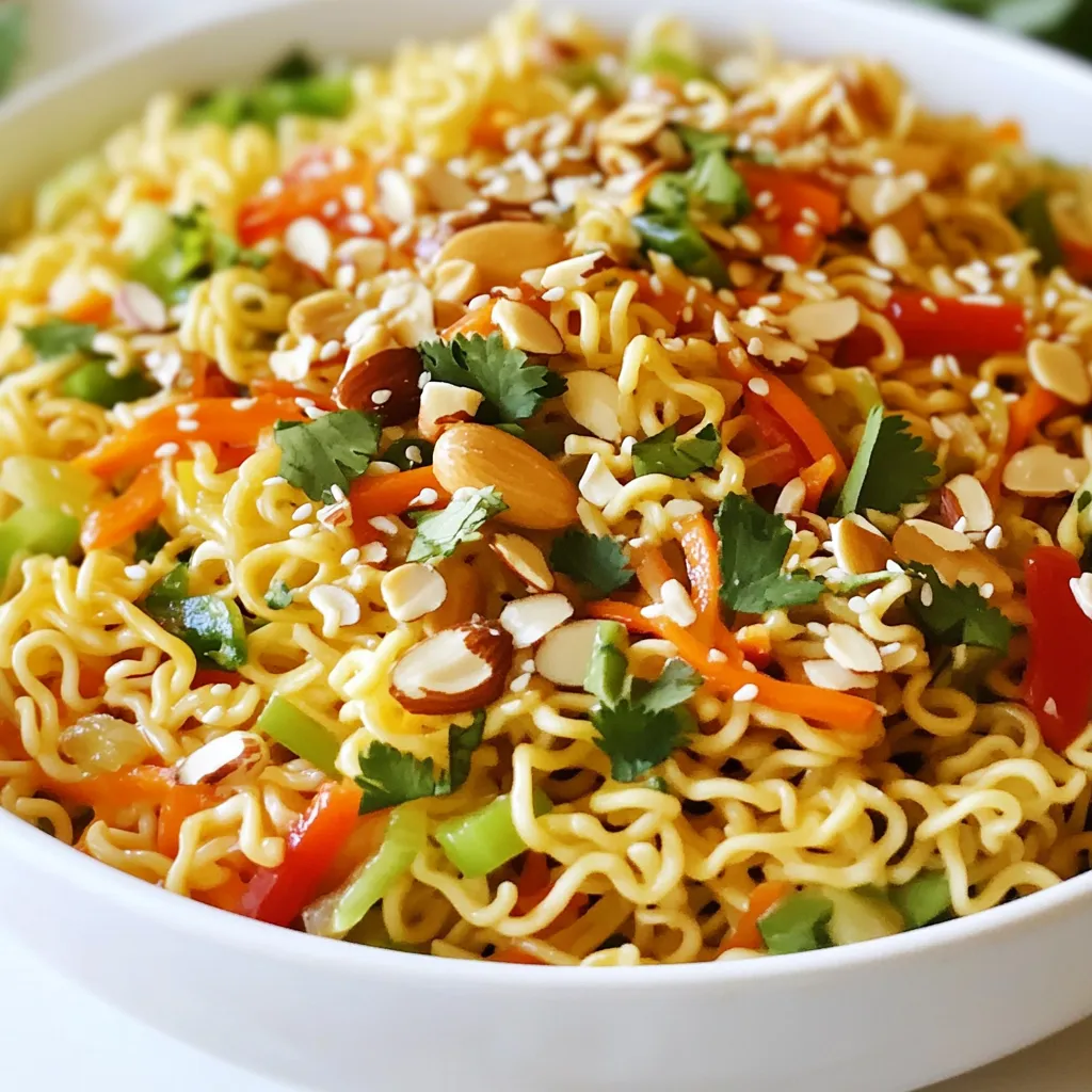 - 2 packages of instant ramen noodles (discard the seasoning packets) - 1 cup finely shredded green cabbage - 1 cup grated carrots - 1 red bell pepper, julienned (thinly sliced) - 1/2 cup green onions, chopped (reserve some for garnish) - 1/4 cup slivered almonds - 1/4 cup roasted sunflower seeds - 1/2 cup freshly chopped cilantro - 1/4 cup vegetable oil - 3 tablespoons rice vinegar - 3 tablespoons soy sauce (or tamari for a gluten-free option) - 1 tablespoon honey or maple syrup - 1 teaspoon sesame oil - Salt and pepper to taste You can switch the ramen noodles for whole wheat or rice noodles. If you want, use coleslaw mix instead of cabbage. You can add other veggies like cucumbers or snap peas for extra crunch. For the nuts, try walnuts or pecans if you prefer. If you need a gluten-free dressing, tamari works great. You can swap honey with agave syrup for a vegan option. Choosing fresh ingredients makes a big difference. Buy bright green cabbage and firm carrots. The bell pepper should be crisp and shiny. When picking green onions, look for ones with bright green tops. Fresh cilantro adds a nice flavor, so use it right before mixing. For the nuts and seeds, toasted versions add great taste. Remember to rinse the noodles in cold water to keep them firm and fresh. {{ingredient_image_2}} To start, boil a large pot of water. Once it bubbles, add the ramen noodles. Cook them for about 3 to 4 minutes. You want them al dente, not mushy. After cooking, drain the noodles and rinse them under cold water. This stops the cooking process and cools them down quickly. Set the noodles aside to cool completely. In a small bowl, mix together the vegetable oil, rice vinegar, soy sauce, and honey or maple syrup. Use a whisk to blend the ingredients well. Add a pinch of salt and pepper to taste. This dressing adds a nice balance of flavors to your salad. Grab a large mixing bowl. Add the shredded cabbage, grated carrots, julienned red bell pepper, and chopped green onions. Toss in the chopped cilantro, slivered almonds, and sunflower seeds. Stir gently to mix the veggies evenly. This blend gives your salad crunch and freshness. Now, add the cooled ramen noodles to the vegetable mix. Drizzle the dressing you made over the top. Toss everything together thoroughly. Make sure every piece is coated with the dressing. This step is key for great flavor. Cover the bowl with plastic wrap and chill the salad in the fridge for at least 30 minutes. This helps all the flavors meld together. Before serving, give the salad another toss. Taste it and adjust the seasoning with more salt, pepper, or a splash of vinegar if needed. By following these steps, you’ll create a crunchy, flavorful salad perfect for any occasion. To make the best dressing, mix the oils and vinegar first. Use a whisk to blend them well. This step helps the flavors come together. Then, add the soy sauce and honey. Whisk again until smooth. Taste it and adjust with salt or pepper. If you like a sweeter touch, add a bit more honey. For a twist, try adding some lime juice. This brings a bright flavor that pairs well with the salad. After cooking the ramen noodles, draining them is key. Rinse the noodles under cold water right away. This stops the cooking and keeps them from getting mushy. Spread them out on a plate to cool faster. Make sure they are completely cool before adding them to the salad. This step keeps your salad crisp and fresh. When serving the salad, choose a bright bowl to catch the eye. You can also use individual bowls for a fun touch. Just before you serve, toss the salad again to mix everything well. A sprinkle of extra green onions on top adds color. You might also add sesame seeds for a nice crunch. This makes the dish look and taste great! Pro Tips Cook Noodles Al Dente: Make sure to cook the ramen noodles just until they're al dente to maintain a perfect texture in the salad. Overcooked noodles can become mushy. Customize Your Veggies: Feel free to add or substitute any vegetables you prefer. Cucumber, snap peas, or even edamame can add great crunch and flavor! Let It Chill: Allowing the salad to chill for at least 30 minutes helps the flavors meld together, enhancing the overall taste. It's worth the wait! Garnish for Presentation: Always finish with a sprinkle of sesame seeds or extra chopped herbs. This not only elevates the look but also adds an extra layer of flavor. {{image_4}} You can add protein to your crunchy ramen noodle salad for more sustenance. Grilled chicken works well. Simply slice it thinly and toss it in. Tofu is also a great option. Use firm tofu, and pan-fry it until crispy for added texture. Shredded rotisserie chicken is another quick choice. It adds flavor and makes the salad heartier. For a vegetarian twist, skip the chicken and stick with tofu or chickpeas. You can also use edamame for a protein boost. If you want a vegan version, replace honey with maple syrup. This small change keeps the salad sweet without using animal products. Always check your sauces too. Some soy sauces are not vegan, so look for those labeled as such. Enhance flavors with your favorite spices and herbs. Adding some chili flakes can give a nice kick. You can also include fresh basil or mint for a bright touch. For a different twist, try adding sesame seeds or even a sprinkle of toasted coconut. These small changes can take the salad from good to great. Remember, experimenting is key! To store leftover Crunchy Ramen Noodle Salad, place it in an airtight container. Make sure to cover it tightly. This keeps your salad fresh and crisp. You can store it in the fridge for up to three days. However, the longer it sits, the softer the noodles and veggies will get. I recommend using glass containers or BPA-free plastic ones. Glass containers are great because they don’t absorb odors. They also make it easy to see what's inside. If you use plastic, choose containers that are microwave-safe if you plan to reheat. Always avoid metal containers as they can cause reactions with the dressing. You may not need to reheat this salad. It's best served cold. If you prefer it warm, take out what you want and heat it gently. Use a microwave for about 20-30 seconds, just until it's warm. After reheating, add a little extra dressing to bring back the flavor and moisture. Yes, you can make this salad ahead of time. Prepare the salad and dressing separately. This way, you keep the noodles and veggies crunchy. Mix them together right before serving. You can add many vegetables! Try cucumbers for a fresh crunch. Snap peas add a nice snap too. You can also use shredded broccoli or radishes for extra flavor and color. Yes, you can make a gluten-free dressing. Use tamari instead of soy sauce. This swap keeps the taste great without gluten. Check the labels to ensure all ingredients are gluten-free. This salad stays fresh for about 2-3 days in the fridge. Keep it in an airtight container. The veggies may soften over time, so enjoy it sooner for the best crunch! Absolutely! You can use rice noodles or soba noodles for a twist. Just be sure to adjust cooking times as needed. Each type offers a different texture and taste to your salad. You learned how to make a crunchy ramen noodle salad. We covered the ingredients, from fresh veggies to dressing tips. I shared easy steps to prepare your meal and helpful tricks for the best flavor. You can also explore variations and storage ideas to keep your salad fresh. It's simple to adapt your salad to fit your taste. Enjoy your creation and share it with others! Happy cooking!