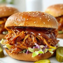 - 2 cans of young green jackfruit in brine or water, drained and rinsed - 1 tablespoon of olive oil - 1 medium onion, finely chopped - 3 cloves of garlic, minced - 1 teaspoon of smoked paprika - 1 teaspoon of ground cumin - 1/2 teaspoon of cayenne pepper (adjust for spice) - 1 cup of BBQ sauce (your choice) - Salt and pepper to taste - 4 whole grain sandwich buns To make these BBQ jackfruit sandwiches, you need young green jackfruit. It’s not sweet and has a meaty texture. You can find this in cans at most supermarkets. The other key ingredients are olive oil, onion, garlic, and spices. These add flavor and depth to the dish. - Coleslaw (for serving) - Pickles (for garnish) Coleslaw adds crunch and creaminess. The pickles bring a nice tang. You can customize your toppings to fit your taste. You can use any BBQ sauce you like. Some popular options include: - Sweet and smoky BBQ sauce - Spicy chipotle BBQ sauce - Homemade BBQ sauce Choose a sauce that matches your flavor preferences. A good BBQ sauce makes the jackfruit rich and tasty. {{ingredient_image_2}} Start by draining and rinsing the jackfruit. Open two cans of young green jackfruit. Use a sharp knife to cut the jackfruit into smaller chunks. Remove any hard pieces and seeds. Next, shred the jackfruit using your fingers or forks. You want it to look like pulled meat. Set the shredded jackfruit aside for later. Grab a large frying pan and heat a tablespoon of olive oil over medium heat. Add one finely chopped medium onion. Sauté it for about five minutes until the onion turns soft and see-through. Then, add three minced garlic cloves. Stir and cook for one more minute. This step makes the base of your dish smell amazing. Now it's time for the jackfruit! Add the shredded jackfruit to the pan with the onions and garlic. Sprinkle in a teaspoon of smoked paprika and a teaspoon of ground cumin. If you like heat, add half a teaspoon of cayenne pepper. Stir well to coat the jackfruit in spices. Cook this mixture for about ten minutes. Stir it every few minutes until the jackfruit is tender and starts to brown. Next, pour in one cup of your favorite BBQ sauce. Mix it well with the jackfruit. Let it simmer gently. Lower the heat and cover the pan. Cook for another 15 to 20 minutes. Stir occasionally. Taste and add salt and pepper as needed. If it looks too thick, add a splash of water to thin it out. To get the best texture, use young green jackfruit. Make sure you drain and rinse it well. Cut it into small chunks. Remove any hard core and seeds. Shred the jackfruit with your hands or forks. This gives it a pulled meat look. Cook it well in your pan. The flavors will blend nicely, and it will get tender. Spice levels can change how you enjoy your sandwich. Start with the cayenne pepper. Use half a teaspoon for a mild kick. You can always add more if you like it spicy. Taste the jackfruit mixture while cooking. If it needs more heat, add a pinch of cayenne. You can also try adding hot sauce or chili powder to mix things up. Toasting your buns makes a big difference. It adds crunch and warmth. You can toast them in a toaster or a skillet. If using a skillet, heat it on medium and lightly coat it with oil. Toast the buns until they are golden brown. This step helps prevent sogginess from the BBQ sauce. Enjoy that perfect bite with each sandwich! Pro Tips Choosing the Right Jackfruit: Use young green jackfruit packed in brine or water for the best texture. Avoid ripe jackfruit as it has a sweet flavor and mushy texture, which won't work for savory dishes. Customize Your BBQ Sauce: Feel free to experiment with different BBQ sauces to find your perfect flavor. You can also mix in spices or hot sauce to elevate the taste even further! Perfectly Toasted Buns: Toast the sandwich buns until golden brown to add a delightful crunch and enhance the overall flavor of the sandwich. Make Ahead: The jackfruit filling can be made ahead of time and stored in the refrigerator for up to 3 days. Reheat before serving for a quick meal option! {{image_4}} You can switch up the BBQ sauce to change the taste. Try a spicy sauce for more heat. A tangy vinegar-based sauce adds a nice twist. You can also use a sweet sauce with honey or maple for a fun flavor. Each sauce brings out a different side of the jackfruit. Experiment to find your favorite! You can make your BBQ jackfruit sandwiches even better by adding veggies. Try adding bell peppers, corn, or sautéed mushrooms. These will add texture and flavor. For those who want more protein, consider adding tofu, tempeh, or beans. These options make the meal heartier without losing that great taste. If you need gluten-free options, don’t worry! Many stores sell gluten-free buns. You can also use lettuce wraps for a fresh twist. They add a nice crunch and keep things light. With these choices, everyone can enjoy BBQ jackfruit sandwiches! If you have leftover jackfruit filling, store it in an airtight container. Let it cool down first. Place it in the fridge. It will stay fresh for up to four days. If you notice any change in smell or color, it’s best to toss it out. To reheat your sandwiches, I suggest using the oven. Preheat it to 350°F (175°C). Wrap each sandwich in foil to keep it moist. Heat for about 10-15 minutes. You can also use a skillet. Heat it over medium heat and toast each side for three to five minutes. This method keeps the bread crispy. Freezing is a great option for meal prep. For the best results, freeze the jackfruit filling on its own. Use a freezer-safe bag or container. It can last up to three months. When ready to eat, thaw in the fridge overnight. Reheat it on the stove or in the microwave. You can also freeze assembled sandwiches, but the bread may get soggy. To avoid this, freeze the filling separately and assemble when ready to eat. Jackfruit is a large tropical fruit. It grows on trees in warm climates. Young green jackfruit has a meaty texture. This makes it a popular choice for vegan dishes. You can use jackfruit to make pulled "pork" sandwiches, tacos, and curries. When cooked, it absorbs flavors well. This makes it perfect for BBQ sauces and spices. Yes, you can make BBQ jackfruit sandwiches ahead of time. Prepare the jackfruit filling and store it in the fridge. You can keep it for up to three days. When you're ready to eat, reheat the filling on the stove. Toast the buns just before serving for the best taste. This saves time and lets you enjoy the meal later. BBQ jackfruit sandwiches go well with many sides. Here are some great options: - Coleslaw for crunch - Sweet potato fries for sweetness - Potato salad for creaminess - Grilled corn for a smoky taste - Pickles for a tangy kick These sides add color and flavor, making your meal even better! In this blog post, we explored how to make delicious BBQ jackfruit sandwiches. We covered key ingredients, step-by-step instructions, and helpful tips for the best texture. I shared fun variations and easy storage methods. BBQ jackfruit sandwiches are tasty and versatile. They offer a satisfying meal for everyone. Enjoy experimenting with flavors and making this dish your own. Trust me, you won't be disappointed!