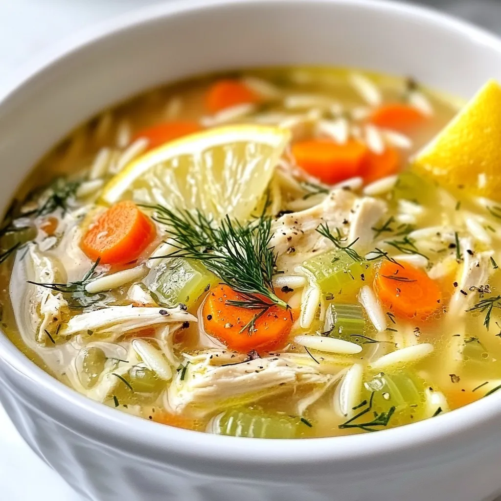 - 1 lb boneless, skinless chicken breasts - 8 cups chicken broth - 1 cup orzo pasta - 2 medium carrots, diced - 2 stalks celery, diced - 1 medium onion, finely chopped - 3 cloves garlic, minced - 2 large eggs - 1/2 cup fresh lemon juice - Zest of 1 lemon - 1/4 cup fresh dill, chopped - Salt and pepper to taste - 2 tablespoons olive oil - Parmesan cheese for serving - Crusty bread for pairing - You can use alternative grains instead of orzo, like rice or quinoa. - If you do not have fresh herbs, you can substitute with dried ones. Use less, as dried herbs are stronger. Each ingredient plays a key role in making this soup tasty and comforting. The chicken provides protein, while the broth adds depth. The orzo gives a nice texture, and the lemon juice brings brightness. Fresh dill enhances the flavors and gives it a fresh twist. Feel free to adjust these ingredients to suit your taste. Cooking is about making it your own! {{ingredient_image_2}} First, gather all your ingredients. You need chicken, broth, orzo, and veggies. - Dice 2 medium carrots and 2 stalks of celery. - Finely chop 1 medium onion and mince 3 cloves of garlic. - Set these aside to add later. Next, cook the chicken. Place 1 lb of boneless, skinless chicken breasts on a cutting board. After the soup is ready, shred the chicken into bite-sized pieces. Use two forks or your hands to do this. Now, heat 2 tablespoons of olive oil in a large pot over medium heat. When the oil shimmers, add the onion, carrots, and celery. Sauté these for 5-7 minutes. Stir occasionally until the veggies soften. The onion should look translucent. Add the minced garlic and cook for another 1-2 minutes. Be careful not to let the garlic brown; we want it fragrant but not burnt. Pour in 8 cups of chicken broth. Bring this to a rolling boil. Once boiling, add the chicken breasts to the pot. Lower the heat and let it simmer for 15-20 minutes. The chicken should be cooked through and no longer pink. Remove it from the pot and cool it on a cutting board. While the chicken cooks, add 1 cup of orzo pasta to the pot. Cook it for about 8-10 minutes until al dente. Once the chicken cools, shred it into small pieces. In a medium bowl, whisk together 2 large eggs, 1/2 cup of fresh lemon juice, and the zest of 1 lemon. To avoid curdling, temper the egg mixture. Take a ladle of hot broth and slowly whisk it into the egg mixture. Then, pour this tempered mixture back into the soup pot while stirring continuously. This will give the soup a creamy texture. Add the shredded chicken back into the pot. Stir in 1/4 cup of chopped fresh dill. Season with salt and pepper to taste. Heat the soup for an additional 2-3 minutes. Serve it hot in warmed bowls. For a lovely touch, garnish with fresh dill and a lemon wedge on the side. Enjoy your Greek Lemon Chicken Soup! To get the best broth, simmer it gently. Avoid boiling too hard. This keeps the flavors bright. Add your orzo pasta in the last 10 minutes. It cooks fast and keeps a nice bite. Stir often to prevent sticking. Serve the soup hot in warm bowls. A sprinkle of fresh dill on top adds color and taste. You can also add a lemon wedge on the side. It gives a fresh kick to every spoonful. A slice of crusty bread pairs well too. Do not overcook the chicken. It can become dry and tough. Cook it until no longer pink, about 15-20 minutes. Also, be careful when adding the egg mixture. Whisk it with hot broth first. This step stops the eggs from curdling in the soup. Pro Tips Use Fresh Ingredients: Always opt for fresh lemons and dill to enhance the flavor of your soup. Fresh herbs and citrus can make a significant difference in the overall taste. Perfectly Temper the Eggs: When adding the egg mixture to the soup, be sure to temper the eggs with hot broth first. This prevents curdling and ensures a smooth, creamy texture. Customize Your Vegetables: Feel free to add other vegetables like spinach or zucchini for added nutrition and flavor. Just make sure they are diced small enough to cook through in the soup. Store Properly: If you have leftovers, store the soup in an airtight container in the fridge. However, it's best to add the orzo just before serving to prevent it from absorbing too much broth. {{image_4}} You can make Greek lemon chicken soup healthier with a few easy swaps. First, use low-sodium chicken broth. This change keeps the soup tasty while cutting back on salt. Next, add more vegetables. Try including spinach, zucchini, or bell peppers. These veggies boost nutrients and add color to your bowl. If you want to try something different, consider vegetarian Greek lemon soup. Replace chicken with chickpeas or lentils. Use vegetable broth instead of chicken broth for depth. This option is warm and filling without meat. Another fun twist is spicy Greek lemon chicken soup. Add red pepper flakes or diced jalapeños to bring heat. This version adds a kick that spice lovers will enjoy. For a family-friendly version, make kid-friendly ingredient swaps. Use small pasta shapes instead of orzo. Kids often find fun shapes more appealing. You can also reduce the lemon juice a bit. This makes the soup less tangy for young taste buds. Finally, get the kids involved by letting them help add toppings, like fresh dill or lemon wedges. To keep your Greek lemon chicken soup fresh, store it in an airtight container. Place it in the fridge. It can last for about 3 to 4 days. Make sure the soup cools down to room temperature before sealing the container. This helps prevent moisture build-up, which can lead to spoilage. If you want to freeze the soup, it’s best to do so without the added eggs. Freeze the cooled soup in a freezer-safe container. Leave some space at the top for expansion. It can last in the freezer for about 3 months. When ready to use, thaw it in the fridge overnight. When reheating, do it gently to keep the texture. You can use the stove or microwave. If using a pot, heat on low and stir often. Avoid boiling, as it can curdle the eggs. If you find the soup thick after freezing, add a splash of broth or water. Enjoy your warm, comforting soup! Greek Lemon Chicken Soup, also known as Avgolemono, has a rich history. It comes from Greece and has roots in ancient cooking. This soup symbolizes warmth and comfort for many families. It blends tender chicken, bright lemon, and creamy eggs. The dish is often served during special occasions and holidays. Its vibrant flavors make it a favorite all year round. To make this soup gluten-free, swap orzo for gluten-free pasta or rice. Many brands offer gluten-free options that work well. For the broth, choose a gluten-free chicken broth. Always check labels to ensure they are safe. These small changes keep the soup tasty and safe for everyone. Yes, you can prepare Greek Lemon Chicken Soup ahead of time. Cook the soup and let it cool before storing. Keep it in an airtight container in the fridge for up to three days. If you want to freeze it, leave out the egg mixture. Add it when you reheat the soup for the best texture. When ready, heat the soup gently on the stove and stir in the egg mixture. This tip keeps the soup creamy and delicious. This blog post covered how to make Greek Lemon Chicken Soup with a clear list of ingredients and steps. You learned about tips for perfecting the soup and how to avoid mistakes. We explored variations and healthy options, inviting you to adapt the recipe to your taste. Storage and reheating tips ensure your leftovers stay delicious. Enjoy this comforting dish with family and friends, knowing you can customize it to suit any palate. With these simple steps, you can create a flavorful experience that everyone will love.