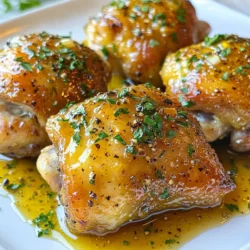 To make honey mustard chicken thighs, you will need the following ingredients: - 4 bone-in chicken thighs, skin-on - 1/4 cup honey - 1/4 cup Dijon mustard - 2 tablespoons olive oil - 2 cloves garlic, minced - 1 teaspoon fresh thyme leaves (or 1/2 teaspoon dried thyme) - Salt and black pepper, to taste - Fresh parsley, chopped (for garnish) These simple ingredients create a rich and tangy flavor. The honey adds sweetness, while the Dijon mustard gives a nice kick. You can elevate your dish with these optional enhancements: - Citrus Zest: Add lemon or orange zest for a fresh twist. - Hot Sauce: Mix in a few drops for some heat. - Brown Sugar: A teaspoon can enhance the sweetness. - Other Herbs: Consider rosemary or oregano for different flavor notes. These tweaks can personalize your chicken thighs to match your taste. Gather these tools to make cooking easier: - Baking dish - Medium mixing bowl - Whisk or fork - Measuring cups and spoons - Paper towels - Oven mitts Having the right tools helps streamline the cooking process. You’ll enjoy making this dish even more! {{ingredient_image_2}} First, heat your oven to 400°F (200°C). This step is key for crispy skin. While the oven warms up, grab your chicken thighs. Use paper towels to dry them well. This helps the skin get nice and crispy when cooking. Place the thighs in a baking dish in one layer. In a medium bowl, combine 1/4 cup honey and 1/4 cup Dijon mustard. Adding 2 tablespoons of olive oil will make it smooth. Next, add 2 minced garlic cloves and 1 teaspoon of fresh thyme leaves. Season with salt and black pepper to taste. Whisk everything together until it blends well. Pour the honey mustard marinade over the chicken thighs. Make sure each piece gets a good coating. For the best flavor, cover the dish and place it in the fridge. Marinate for at least 30 minutes. If you have time, let it sit overnight for a richer taste. Once marinated, take the baking dish out of the fridge. Place the dish in the preheated oven. Bake for 35-40 minutes. You want the chicken skin to be golden brown. Use a meat thermometer to check. The chicken should reach 165°F (75°C) to be safe to eat. About halfway through baking, open the oven. Carefully baste the chicken with the sauce in the dish. This adds extra juiciness and flavor to the chicken. After baking, let the chicken rest for 5 minutes. This allows the juices to spread throughout the meat. Just before serving, sprinkle chopped fresh parsley on top. It adds a nice color and fresh taste. For a great meal, serve the chicken on a wooden platter with seasonal roasted vegetables. To get that perfect crispy chicken skin, start with dry thighs. Pat them down with paper towels before you marinate. This removes extra moisture that can make the skin soggy. Use a hot oven set to 400°F (200°C). High heat helps crisp the skin quickly. Basting halfway through with the marinade also adds flavor and keeps the skin from drying out. For the best flavor, marinate the chicken thighs for at least 30 minutes. If you can, let them soak overnight. This allows the honey and Dijon mustard to soak into the meat. Make sure to coat each thigh well with the marinade. Consider using a zip-top bag for easy mixing and marinating. Just toss the chicken in, seal, and give it a good shake. It’s key to cook your chicken to the right temperature. Use a meat thermometer to check. The internal temperature should reach 165°F (75°C) for safe eating. Insert the thermometer into the thickest part of the thigh, avoiding the bone. Let the chicken rest for about 5 minutes after baking. This helps the juices stay inside, making your chicken juicy and tender. Pro Tips Pat Dry for Crispiness: Make sure to thoroughly pat the chicken thighs dry with paper towels before marinating. This helps to achieve a crispy skin when baked. Marinate Longer for Flavor: For the best flavor, marinate the chicken thighs for longer, ideally overnight. This allows the honey mustard to penetrate the meat for a more intense taste. Use a Meat Thermometer: To ensure perfectly cooked chicken, use an instant-read meat thermometer. The internal temperature should reach 165°F (75°C). Baste for Juiciness: Basting the chicken halfway through the cooking process with the marinade keeps the meat juicy and enhances the flavor. {{image_4}} You can switch up the sweetener in this recipe. Instead of honey, try maple syrup or agave nectar. Each sweetener adds a distinct taste. Maple syrup brings a rich, earthy flavor. Agave nectar is lighter and less intense. You can even use brown sugar for a caramelized touch. Just mix it with the mustard and other ingredients like usual. Adjust the amount to suit your taste. Adding herbs can make a big difference. Fresh herbs like rosemary or basil can elevate your dish. You can replace thyme with these herbs for a new twist. For a spicier kick, add crushed red pepper flakes or fresh chili. Even a little smoked paprika can add depth. Experiment with what you like best. This way, you can enjoy honey mustard chicken in new ways. You can cook honey mustard chicken thighs in the oven or on the grill. Baking gives a nice, even cook. It keeps the chicken juicy and tender. When grilling, you get great char and flavor. Just watch the temperature so it cooks through. Both methods work well, so choose what suits your taste. Each method offers a unique flavor, making your meal exciting every time. To store leftover chicken thighs, let them cool first. Place the thighs in an airtight container. You can keep them in the fridge for up to 3 days. Make sure they are covered well to prevent drying out. If you plan to eat them later, consider slicing them for easier use. When you want to reheat, preheat your oven to 350°F (175°C). Place the chicken thighs in an oven-safe dish. Add a splash of chicken broth or water to keep them moist. Cover with foil to trap the heat. Heat for about 20 minutes, or until they reach 165°F (75°C). This helps keep the chicken juicy and tasty. If you want to freeze honey mustard chicken, wrap each thigh tightly in plastic wrap. Then, place them in a freezer bag. Remove as much air as possible to avoid freezer burn. You can freeze them for up to 3 months. When ready to eat, thaw in the fridge overnight before reheating. This keeps the flavor and texture intact. Yes, you can use boneless chicken thighs. They will cook faster than bone-in thighs. Just keep an eye on the time. Bake boneless thighs for about 25 to 30 minutes, or until they reach 165°F. This will help you serve juicy and tender chicken. I recommend marinating the chicken for at least 30 minutes. For more flavor, marinate it overnight. This gives the honey mustard mix time to soak into the meat. The longer it sits, the tastier it gets! Here are some great sides to serve with your chicken: - Roasted vegetables - Mashed potatoes - Steamed green beans - Quinoa salad These sides will balance the flavors of the dish and make your meal complete. Absolutely! Making honey mustard sauce is easy. Mix equal parts honey and Dijon mustard in a bowl. Adjust the amount to suit your taste. You can add a splash of vinegar for a tangy kick. This homemade sauce is great for dipping or drizzling! Honey mustard chicken thighs are easy and fun to make. We covered the key ingredients, optional enhancements, and all the tools you need. The step-by-step process ensures you bake the chicken to a perfect taste and texture. I shared tips for crispy skin, great marinating, and cooking temperature. Remember, you can mix in your favorite herbs or use grilling methods for a twist. Store leftovers properly, and enjoy them later with simple reheating. With this guide, you can create a delicious meal the whole family will love. Happy cooking!