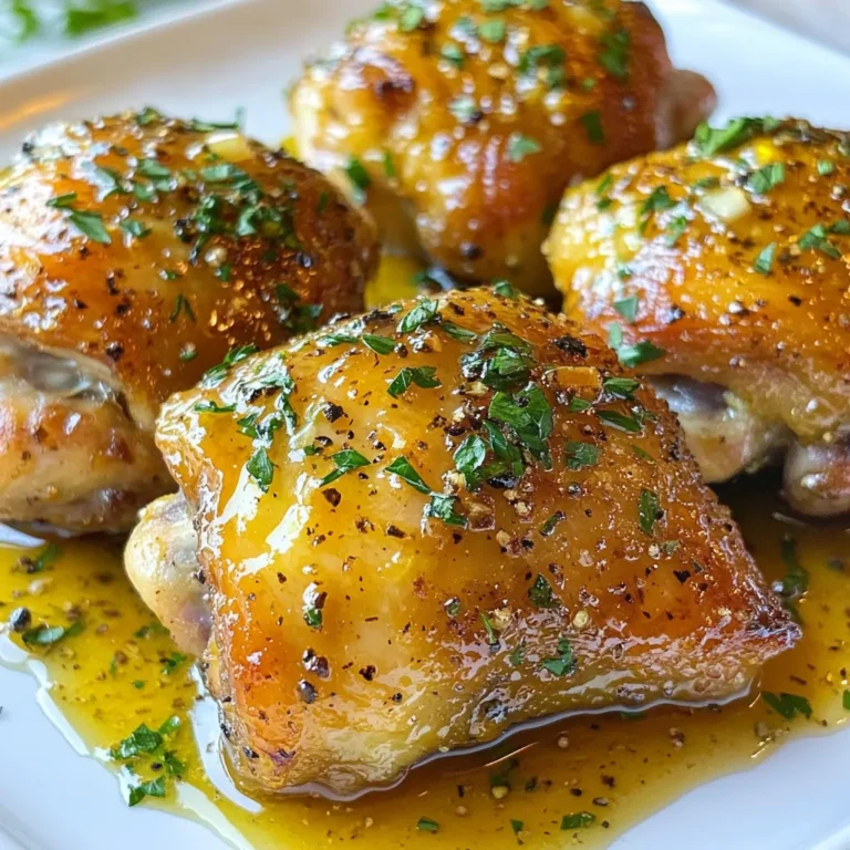 To make honey mustard chicken thighs, you will need the following ingredients: - 4 bone-in chicken thighs, skin-on - 1/4 cup honey - 1/4 cup Dijon mustard - 2 tablespoons olive oil - 2 cloves garlic, minced - 1 teaspoon fresh thyme leaves (or 1/2 teaspoon dried thyme) - Salt and black pepper, to taste - Fresh parsley, chopped (for garnish) These simple ingredients create a rich and tangy flavor. The honey adds sweetness, while the Dijon mustard gives a nice kick. You can elevate your dish with these optional enhancements: - Citrus Zest: Add lemon or orange zest for a fresh twist. - Hot Sauce: Mix in a few drops for some heat. - Brown Sugar: A teaspoon can enhance the sweetness. - Other Herbs: Consider rosemary or oregano for different flavor notes. These tweaks can personalize your chicken thighs to match your taste. Gather these tools to make cooking easier: - Baking dish - Medium mixing bowl - Whisk or fork - Measuring cups and spoons - Paper towels - Oven mitts Having the right tools helps streamline the cooking process. You’ll enjoy making this dish even more! {{ingredient_image_2}} First, heat your oven to 400°F (200°C). This step is key for crispy skin. While the oven warms up, grab your chicken thighs. Use paper towels to dry them well. This helps the skin get nice and crispy when cooking. Place the thighs in a baking dish in one layer. In a medium bowl, combine 1/4 cup honey and 1/4 cup Dijon mustard. Adding 2 tablespoons of olive oil will make it smooth. Next, add 2 minced garlic cloves and 1 teaspoon of fresh thyme leaves. Season with salt and black pepper to taste. Whisk everything together until it blends well. Pour the honey mustard marinade over the chicken thighs. Make sure each piece gets a good coating. For the best flavor, cover the dish and place it in the fridge. Marinate for at least 30 minutes. If you have time, let it sit overnight for a richer taste. Once marinated, take the baking dish out of the fridge. Place the dish in the preheated oven. Bake for 35-40 minutes. You want the chicken skin to be golden brown. Use a meat thermometer to check. The chicken should reach 165°F (75°C) to be safe to eat. About halfway through baking, open the oven. Carefully baste the chicken with the sauce in the dish. This adds extra juiciness and flavor to the chicken. After baking, let the chicken rest for 5 minutes. This allows the juices to spread throughout the meat. Just before serving, sprinkle chopped fresh parsley on top. It adds a nice color and fresh taste. For a great meal, serve the chicken on a wooden platter with seasonal roasted vegetables. To get that perfect crispy chicken skin, start with dry thighs. Pat them down with paper towels before you marinate. This removes extra moisture that can make the skin soggy. Use a hot oven set to 400°F (200°C). High heat helps crisp the skin quickly. Basting halfway through with the marinade also adds flavor and keeps the skin from drying out. For the best flavor, marinate the chicken thighs for at least 30 minutes. If you can, let them soak overnight. This allows the honey and Dijon mustard to soak into the meat. Make sure to coat each thigh well with the marinade. Consider using a zip-top bag for easy mixing and marinating. Just toss the chicken in, seal, and give it a good shake. It’s key to cook your chicken to the right temperature. Use a meat thermometer to check. The internal temperature should reach 165°F (75°C) for safe eating. Insert the thermometer into the thickest part of the thigh, avoiding the bone. Let the chicken rest for about 5 minutes after baking. This helps the juices stay inside, making your chicken juicy and tender. Pro Tips Pat Dry for Crispiness: Make sure to thoroughly pat the chicken thighs dry with paper towels before marinating. This helps to achieve a crispy skin when baked. Marinate Longer for Flavor: For the best flavor, marinate the chicken thighs for longer, ideally overnight. This allows the honey mustard to penetrate the meat for a more intense taste. Use a Meat Thermometer: To ensure perfectly cooked chicken, use an instant-read meat thermometer. The internal temperature should reach 165°F (75°C). Baste for Juiciness: Basting the chicken halfway through the cooking process with the marinade keeps the meat juicy and enhances the flavor. {{image_4}} You can switch up the sweetener in this recipe. Instead of honey, try maple syrup or agave nectar. Each sweetener adds a distinct taste. Maple syrup brings a rich, earthy flavor. Agave nectar is lighter and less intense. You can even use brown sugar for a caramelized touch. Just mix it with the mustard and other ingredients like usual. Adjust the amount to suit your taste. Adding herbs can make a big difference. Fresh herbs like rosemary or basil can elevate your dish. You can replace thyme with these herbs for a new twist. For a spicier kick, add crushed red pepper flakes or fresh chili. Even a little smoked paprika can add depth. Experiment with what you like best. This way, you can enjoy honey mustard chicken in new ways. You can cook honey mustard chicken thighs in the oven or on the grill. Baking gives a nice, even cook. It keeps the chicken juicy and tender. When grilling, you get great char and flavor. Just watch the temperature so it cooks through. Both methods work well, so choose what suits your taste. Each method offers a unique flavor, making your meal exciting every time. To store leftover chicken thighs, let them cool first. Place the thighs in an airtight container. You can keep them in the fridge for up to 3 days. Make sure they are covered well to prevent drying out. If you plan to eat them later, consider slicing them for easier use. When you want to reheat, preheat your oven to 350°F (175°C). Place the chicken thighs in an oven-safe dish. Add a splash of chicken broth or water to keep them moist. Cover with foil to trap the heat. Heat for about 20 minutes, or until they reach 165°F (75°C). This helps keep the chicken juicy and tasty. If you want to freeze honey mustard chicken, wrap each thigh tightly in plastic wrap. Then, place them in a freezer bag. Remove as much air as possible to avoid freezer burn. You can freeze them for up to 3 months. When ready to eat, thaw in the fridge overnight before reheating. This keeps the flavor and texture intact. Yes, you can use boneless chicken thighs. They will cook faster than bone-in thighs. Just keep an eye on the time. Bake boneless thighs for about 25 to 30 minutes, or until they reach 165°F. This will help you serve juicy and tender chicken. I recommend marinating the chicken for at least 30 minutes. For more flavor, marinate it overnight. This gives the honey mustard mix time to soak into the meat. The longer it sits, the tastier it gets! Here are some great sides to serve with your chicken: - Roasted vegetables - Mashed potatoes - Steamed green beans - Quinoa salad These sides will balance the flavors of the dish and make your meal complete. Absolutely! Making honey mustard sauce is easy. Mix equal parts honey and Dijon mustard in a bowl. Adjust the amount to suit your taste. You can add a splash of vinegar for a tangy kick. This homemade sauce is great for dipping or drizzling! Honey mustard chicken thighs are easy and fun to make. We covered the key ingredients, optional enhancements, and all the tools you need. The step-by-step process ensures you bake the chicken to a perfect taste and texture. I shared tips for crispy skin, great marinating, and cooking temperature. Remember, you can mix in your favorite herbs or use grilling methods for a twist. Store leftovers properly, and enjoy them later with simple reheating. With this guide, you can create a delicious meal the whole family will love. Happy cooking!