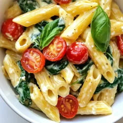 - 12 oz pasta (penne, fusilli, or your preferred shape) - 4 cups fresh spinach, roughly chopped - 1 cup creamy ricotta cheese - 2 cups low-sodium vegetable broth - 1 cup cherry tomatoes, halved - 1 medium onion, diced - 3 cloves garlic, minced - 1 teaspoon dried oregano - 1/2 teaspoon red pepper flakes (optional) - Salt and black pepper to taste - 2 tablespoons extra virgin olive oil - Fresh basil leaves for garnish To make One Pot Spinach Ricotta Pasta, gather these simple ingredients. The pasta can be any shape you like. I often choose penne or fusilli, but you can try others too. Fresh spinach adds a nice touch, while creamy ricotta cheese brings richness to the dish. We use low-sodium vegetable broth for flavor without too much salt. Cherry tomatoes add sweetness and color. Diced onion and minced garlic create a tasty base. Dried oregano gives a hint of herb flavor, and red pepper flakes can spice things up if you want. You need salt and black pepper to season the dish. Extra virgin olive oil adds healthy fat and flavor. Finally, fresh basil leaves make a lovely garnish. Grab these ingredients, and you're ready to cook a delicious meal! {{ingredient_image_2}} 1. Start by heating 2 tablespoons of extra virgin olive oil in a large pot over medium heat. 2. Once the oil shines, add 1 medium diced onion. Sauté for 3-4 minutes until soft and clear. 3. Next, add 3 minced garlic cloves to the pot. Cook for 1-2 minutes until fragrant. 4. Now, introduce 1 cup of halved cherry tomatoes. Stir gently for about 2-3 minutes until they soften. 5. Carefully pour in 2 cups of low-sodium vegetable broth. Stir and bring the mixture to a gentle boil. 1. Once boiling, add 12 oz of your favorite pasta. You can use penne or fusilli. 2. Season with 1 teaspoon of dried oregano, 1/2 teaspoon of red pepper flakes (if you like heat), salt, and black pepper. Stir well to coat the pasta. 3. Cover the pot with a lid and reduce heat to medium-low. Cook for 8-10 minutes. Stir occasionally to keep it from sticking. 1. When the pasta is al dente and most liquid is absorbed, remove the pot from heat. 2. Gently fold in 4 cups of chopped spinach and 1 cup of creamy ricotta cheese. Mix until the spinach wilts and everything combines well. 3. Taste the dish. Adjust the salt and pepper if needed. 4. Serve warm, garnished with fresh basil leaves for a burst of flavor. Enjoy! - How to ensure pasta cooks evenly: Always stir the pasta right after adding it to the pot. This keeps it from clumping and helps it cook evenly. - Tips for preventing sticking: Use enough broth for the pasta. Stir it every few minutes while cooking. This will stop the pasta from sticking together. - Adjusting liquid for desired consistency: If you want a creamier dish, add more broth. For a thicker sauce, let it cook longer until more liquid absorbs. - Suggestions for additional herbs and spices: Try adding fresh basil or thyme. A pinch of nutmeg can also add a lovely warmth. - Best practices for seasoning to taste: Always taste your dish before serving. Add salt or pepper as needed. This helps you find the perfect balance of flavors. Pro Tips Use Fresh Ingredients: Always opt for fresh spinach and ripe cherry tomatoes to enhance the flavor and nutritional value of your dish. Customize Your Pasta: Feel free to swap in whole grain or gluten-free pasta for a healthier or dietary-specific option. Creamier Texture: For an even creamier dish, consider adding a splash of heavy cream or a bit more ricotta cheese at the end. Leftover Makeover: This pasta dish is perfect for leftovers! Reheat with a splash of broth to maintain moisture and flavor. {{image_4}} You can easily swap out some ingredients for this dish. Here are a few great options: - Alternative cheeses: If you want a different taste, try cottage cheese or feta. Both add a nice creaminess. - Leafy greens: Instead of spinach, use kale or Swiss chard. Both give the dish a tasty twist. - Pasta choices: If you need a gluten-free option, look for gluten-free pasta. It cooks well and tastes great. Add some protein or veggies for extra flavor. Here are some ideas: - Adding protein: Chicken, shrimp, or chickpeas make it more filling. Just cook them before adding to the pot. - Different vegetables: Try adding bell peppers or zucchini. They not only taste good but also add color to your dish. These variations help you customize your One Pot Spinach Ricotta Pasta to fit your taste and dietary needs. Enjoy experimenting! To keep your One Pot Spinach Ricotta Pasta fresh, store it in an airtight container. This will help prevent air from drying it out. I recommend eating leftovers within three to four days. The pasta will remain tasty, and the flavors will blend nicely. When reheating, the microwave works well. Start with medium heat for about one to two minutes. Stir halfway through to heat evenly. You can also use a skillet on low heat. Add a splash of vegetable broth or water to keep it moist. This helps maintain the texture and flavor of the dish. Enjoy it warm, just like when you first made it! Can I use frozen spinach instead of fresh? Yes, you can use frozen spinach. Just thaw and drain it first. Frozen spinach makes this meal quick and easy. It cuts down prep time, making dinner a breeze. How can I make this dish dairy-free? To make this dish dairy-free, swap ricotta for a plant-based cheese. You can also use cashew cream for a creamy texture. Nutritional yeast adds a cheesy flavor too. What to serve with One Pot Spinach Ricotta Pasta? This pasta pairs well with a simple green salad. Garlic bread is another great side. You can also serve it with a light soup for a complete meal. Can I prepare this dish in advance? Yes, you can prepare this dish in advance. Cook it, let it cool, and store it in the fridge. It keeps well for about three days. Just reheat it on the stove or in the microwave. Is it possible to double the recipe for larger gatherings? Absolutely! You can double the recipe for larger gatherings. Just ensure your pot is big enough to hold it all. Adjust cooking time slightly if needed. Enjoy sharing this dish with friends and family! This blog covered a simple and tasty dish: One Pot Spinach Ricotta Pasta. I shared key ingredients, easy steps to make it, and tips to boost flavor. You learned about fun variations and how to best store leftovers. In the end, this dish is flexible and straightforward. With a few tweaks, you can make it your own. Enjoy cooking, and don’t hesitate to experiment to find your perfect blend of flavors!