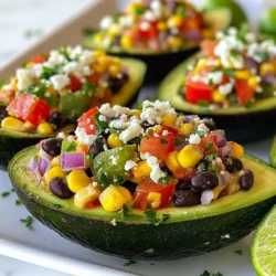 - Ripe avocados - Cherry tomatoes - Red onion - Red bell pepper - Canned black beans - Corn kernels - Spices and seasonings - Jalape&ntilde;o for heat - Feta cheese for creaminess - Fresh cilantro for garnish To make Fiesta Stuffed Avocados, you need fresh ingredients for a tasty filling. Start with ripe avocados. Choose ones that give slightly when you press them. Next, grab cherry tomatoes. Dice them into quarters for a sweet burst. Chop a small red onion finely. This adds a nice crunch. You also need a red bell pepper, diced into small pieces. From the pantry, you&rsquo;ll want canned black beans. Rinse and drain them well. Get some corn kernels too; they can be fresh, frozen, or canned. Spices are key for flavor. You need ground cumin and chili powder. Don't forget salt and freshly cracked black pepper for taste. For optional add-ins, consider jalape&ntilde;o if you like some heat. Feta cheese adds creaminess. Lastly, fresh cilantro brightens your dish. Each ingredient plays a big role in making these avocados a hit! {{ingredient_image_2}} - Start by cutting each avocado in half lengthwise. - Carefully remove the pit with a knife or spoon. - Use a spoon to scoop out a little flesh from each half. - Save the scooped avocado for later in the filling. - In a large bowl, mix the black beans and diced cherry tomatoes. - Add the chopped red onion, red bell pepper, and corn. - If you like heat, add the chopped jalape&ntilde;o. - Next, add the lime zest and juice, cumin, and chili powder. - Sprinkle in salt and pepper to taste. - Stir until everything is well mixed and coated. - Chop the reserved avocado into small pieces. - Gently fold the chopped avocado into the bean mix. - Be careful not to mash the avocado too much. - Use a spoon to fill each avocado half with the mixture. - Pack it in firmly so it holds well. To pick the perfect avocado, look for a dark green color. Gently squeeze the fruit. It should feel slightly soft but not mushy. If it is too firm, it is not ripe yet. If it feels very soft, it may be overripe. You can also check the stem. If it comes off easily and is green underneath, the avocado is ripe. To boost the flavor of your stuffed avocados, try adding spices like smoked paprika or garlic powder. These spices can add depth to your filling. You can also experiment with different cheese types. For a creamier taste, use feta cheese or even goat cheese. If you want a bit of a kick, add jalape&ntilde;o and increase the chili powder. For gatherings, serve the stuffed avocados on a colorful platter. Add lime wedges and fresh cilantro sprigs around them for color. This will make your dish pop and look more inviting. For a fun twist, use small bowls for each avocado half. This way, guests can easily grab their own. Don't forget to drizzle extra lime juice on top for a zesty finish! Pro Tips Choose Ripe Avocados: Ensure your avocados are perfectly ripe for the best flavor and texture. They should yield slightly to gentle pressure but not be overly soft or mushy. Customize Your Heat Level: Adjust the spiciness by adding more or less jalape&ntilde;o, or substitute it with a milder pepper if desired. Mix in Extra Ingredients: Feel free to add other ingredients like diced cucumbers, olives, or even cooked quinoa for added texture and flavor in the filling. Serve Fresh: Stuff the avocados just before serving to prevent them from browning and to maintain their vibrant color and freshness. {{image_4}} You can add cooked chicken or shrimp to your stuffed avocados. Both options give a nice protein boost. Just chop them up and mix them in with the other filling ingredients. If you prefer a vegetarian option, try using grilled tofu or chickpeas. These will add protein and keep your meal hearty and satisfying. Try adding yogurt or sour cream to your filling. This makes the mixture creamier and adds a tangy flavor. For something lighter, a citrus vinaigrette works well. The zesty dressing brightens the dish and enhances the fresh flavors of the veggies. Feel free to swap in different vegetables or legumes. You can use diced cucumbers or bell peppers for a crunch. If you want to adjust the spice levels, add more or less jalape&ntilde;o. You can also try using smoked paprika instead of chili powder for a different heat profile. To keep your stuffed avocados fresh, wrap them tightly in plastic wrap. Store them in the fridge. This helps slow browning. Try to eat them within one day. If you notice browning, squeeze some lime juice on top. This adds flavor and keeps them bright. You can freeze the filling but not the whole avocado. Place the mixture in an airtight container. It keeps well for up to three months. Thaw it in the fridge overnight before using. To warm leftovers, place the filling in a microwave-safe dish. Heat it on low for 30 seconds. Stir and heat for another 30 seconds if needed. Avoid heating the avocados directly. They can turn mushy and lose flavor. Enjoy your meal again without losing quality! Stuffed avocados can last about one day in the fridge. The avocado may brown quickly. To slow this down, cover the dish tightly with plastic wrap. You can also sprinkle lime juice on the exposed avocado. This helps keep it fresh. Yes, you can make the filling ahead of time. Store it in a sealed container in the fridge for up to two days. Just remember to add the avocado to the filling right before serving. This keeps the avocado nice and green. Absolutely! You can skip the beans if you want. Try adding cooked chicken or diced tofu instead. This change keeps the dish light but still filling. You can also add extra veggies like zucchini or corn for texture. You can serve stuffed avocados with tortilla chips or fresh salsa. They also pair well with a side salad. For a fun twist, serve them on a bed of rice or quinoa. This adds a hearty base and makes the meal more filling. In this article, we explored how to make delicious stuffed avocados. We discussed fresh and pantry ingredients, plus optional add-ins for extra flavor. You learned step-by-step how to prepare, fill, and enhance your avocados. We shared tips for selecting ripe avocados, boosting flavors, and creative presentations. Lastly, we looked at variations, storage, and answered common questions. Enjoy making this dish at home to impress your family and friends! You can customize it to fit your taste, making every bite a treat.