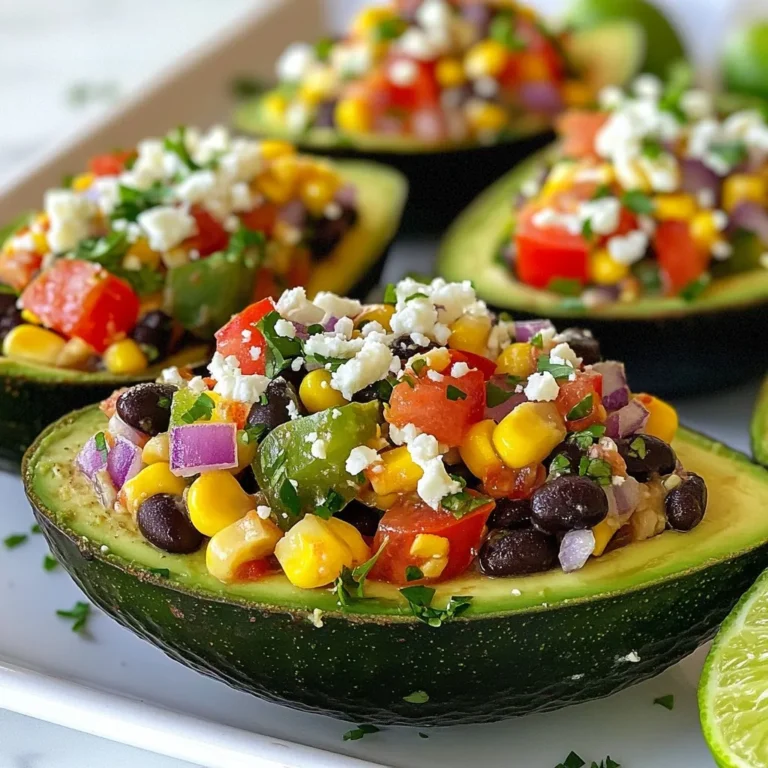 - Ripe avocados - Cherry tomatoes - Red onion - Red bell pepper - Canned black beans - Corn kernels - Spices and seasonings - Jalapeño for heat - Feta cheese for creaminess - Fresh cilantro for garnish To make Fiesta Stuffed Avocados, you need fresh ingredients for a tasty filling. Start with ripe avocados. Choose ones that give slightly when you press them. Next, grab cherry tomatoes. Dice them into quarters for a sweet burst. Chop a small red onion finely. This adds a nice crunch. You also need a red bell pepper, diced into small pieces. From the pantry, you’ll want canned black beans. Rinse and drain them well. Get some corn kernels too; they can be fresh, frozen, or canned. Spices are key for flavor. You need ground cumin and chili powder. Don't forget salt and freshly cracked black pepper for taste. For optional add-ins, consider jalapeño if you like some heat. Feta cheese adds creaminess. Lastly, fresh cilantro brightens your dish. Each ingredient plays a big role in making these avocados a hit! {{ingredient_image_2}} - Start by cutting each avocado in half lengthwise. - Carefully remove the pit with a knife or spoon. - Use a spoon to scoop out a little flesh from each half. - Save the scooped avocado for later in the filling. - In a large bowl, mix the black beans and diced cherry tomatoes. - Add the chopped red onion, red bell pepper, and corn. - If you like heat, add the chopped jalapeño. - Next, add the lime zest and juice, cumin, and chili powder. - Sprinkle in salt and pepper to taste. - Stir until everything is well mixed and coated. - Chop the reserved avocado into small pieces. - Gently fold the chopped avocado into the bean mix. - Be careful not to mash the avocado too much. - Use a spoon to fill each avocado half with the mixture. - Pack it in firmly so it holds well. To pick the perfect avocado, look for a dark green color. Gently squeeze the fruit. It should feel slightly soft but not mushy. If it is too firm, it is not ripe yet. If it feels very soft, it may be overripe. You can also check the stem. If it comes off easily and is green underneath, the avocado is ripe. To boost the flavor of your stuffed avocados, try adding spices like smoked paprika or garlic powder. These spices can add depth to your filling. You can also experiment with different cheese types. For a creamier taste, use feta cheese or even goat cheese. If you want a bit of a kick, add jalapeño and increase the chili powder. For gatherings, serve the stuffed avocados on a colorful platter. Add lime wedges and fresh cilantro sprigs around them for color. This will make your dish pop and look more inviting. For a fun twist, use small bowls for each avocado half. This way, guests can easily grab their own. Don't forget to drizzle extra lime juice on top for a zesty finish! Pro Tips Choose Ripe Avocados: Ensure your avocados are perfectly ripe for the best flavor and texture. They should yield slightly to gentle pressure but not be overly soft or mushy. Customize Your Heat Level: Adjust the spiciness by adding more or less jalapeño, or substitute it with a milder pepper if desired. Mix in Extra Ingredients: Feel free to add other ingredients like diced cucumbers, olives, or even cooked quinoa for added texture and flavor in the filling. Serve Fresh: Stuff the avocados just before serving to prevent them from browning and to maintain their vibrant color and freshness. {{image_4}} You can add cooked chicken or shrimp to your stuffed avocados. Both options give a nice protein boost. Just chop them up and mix them in with the other filling ingredients. If you prefer a vegetarian option, try using grilled tofu or chickpeas. These will add protein and keep your meal hearty and satisfying. Try adding yogurt or sour cream to your filling. This makes the mixture creamier and adds a tangy flavor. For something lighter, a citrus vinaigrette works well. The zesty dressing brightens the dish and enhances the fresh flavors of the veggies. Feel free to swap in different vegetables or legumes. You can use diced cucumbers or bell peppers for a crunch. If you want to adjust the spice levels, add more or less jalapeño. You can also try using smoked paprika instead of chili powder for a different heat profile. To keep your stuffed avocados fresh, wrap them tightly in plastic wrap. Store them in the fridge. This helps slow browning. Try to eat them within one day. If you notice browning, squeeze some lime juice on top. This adds flavor and keeps them bright. You can freeze the filling but not the whole avocado. Place the mixture in an airtight container. It keeps well for up to three months. Thaw it in the fridge overnight before using. To warm leftovers, place the filling in a microwave-safe dish. Heat it on low for 30 seconds. Stir and heat for another 30 seconds if needed. Avoid heating the avocados directly. They can turn mushy and lose flavor. Enjoy your meal again without losing quality! Stuffed avocados can last about one day in the fridge. The avocado may brown quickly. To slow this down, cover the dish tightly with plastic wrap. You can also sprinkle lime juice on the exposed avocado. This helps keep it fresh. Yes, you can make the filling ahead of time. Store it in a sealed container in the fridge for up to two days. Just remember to add the avocado to the filling right before serving. This keeps the avocado nice and green. Absolutely! You can skip the beans if you want. Try adding cooked chicken or diced tofu instead. This change keeps the dish light but still filling. You can also add extra veggies like zucchini or corn for texture. You can serve stuffed avocados with tortilla chips or fresh salsa. They also pair well with a side salad. For a fun twist, serve them on a bed of rice or quinoa. This adds a hearty base and makes the meal more filling. In this article, we explored how to make delicious stuffed avocados. We discussed fresh and pantry ingredients, plus optional add-ins for extra flavor. You learned step-by-step how to prepare, fill, and enhance your avocados. We shared tips for selecting ripe avocados, boosting flavors, and creative presentations. Lastly, we looked at variations, storage, and answered common questions. Enjoy making this dish at home to impress your family and friends! You can customize it to fit your taste, making every bite a treat.