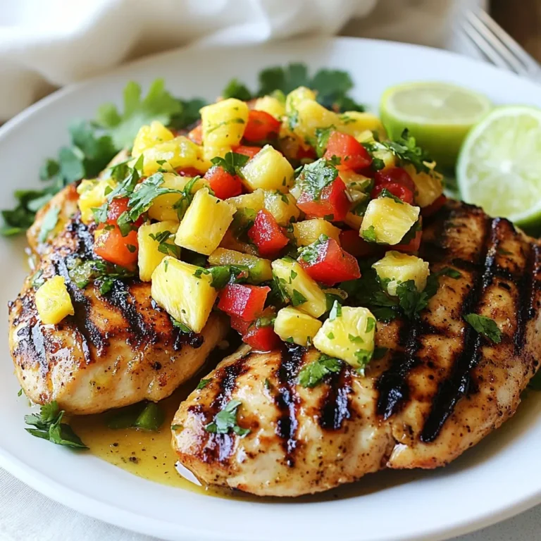 - 4 boneless, skinless chicken breasts - 1 tablespoon extra virgin olive oil - 1 teaspoon garlic powder - 1 teaspoon ground cumin - Salt and freshly ground black pepper to taste - 1 ripe pineapple, peeled, cored, and diced - 1 large red bell pepper, diced - 1 jalapeño pepper, minced (remove seeds for a milder flavor) - 1/4 cup red onion, finely chopped - 1/4 cup fresh cilantro, coarsely chopped - Juice of 2 limes - Zest of 1 lime The marinade makes the chicken juicy and full of flavor. You need olive oil, garlic powder, ground cumin, salt, and pepper. These simple ingredients create a tasty blend. The olive oil helps keep the chicken moist. Garlic powder adds depth, while cumin gives a warm, earthy note. Don't forget to add salt and pepper to make everything pop. For the salsa, fresh flavors shine. Start with ripe pineapple. It brings sweetness and tang. The red bell pepper adds crunch and color. The jalapeño gives it a kick. Adjust the heat by removing the seeds. Red onion adds sharpness, while cilantro gives a herbaceous touch. Lime juice and zest brighten the salsa. Together, they make a vibrant topping for the chicken. Enjoy the burst of flavors! {{ingredient_image_2}} Start by marinating the chicken. In a large mixing bowl, add the extra virgin olive oil, garlic powder, ground cumin, salt, and black pepper. Whisk these ingredients until they blend well. Next, place the chicken breasts in the bowl. Make sure each piece is well coated in the marinade. Cover the bowl with plastic wrap or a lid. Then, put it in the fridge for at least 30 minutes. You can marinate it for up to 4 hours for more flavor. While the chicken marinates, prepare the salsa. Take a separate mixing bowl and add the diced pineapple, red bell pepper, minced jalapeño, and finely chopped red onion. Add the coarsely chopped cilantro, lime juice, and lime zest. Gently toss everything together. This helps the flavors mix. Set the salsa aside so it can develop its taste while the chicken marinates. Now it’s time to cook the chicken. Preheat your grill or grill pan to medium-high heat. Once hot, take the chicken out of the marinade. Let any excess marinade drip off. Place the chicken breasts on the grill. Cook them for about 6-7 minutes on each side. You want the chicken to reach an internal temperature of 165°F (75°C). This ensures it is fully cooked. After cooking, remove the chicken from the grill. Let it rest for 2-3 minutes. This step helps the juices inside the meat to redistribute. Slice each chicken breast and spoon plenty of fresh pineapple salsa over the top. For a beautiful presentation, serve the Tropical Pineapple Salsa Chicken on a plate. You can add extra cilantro for garnish. A side of rice, quinoa, or a fresh green salad makes a great addition to your meal. To get juicy, grilled chicken, start with good marinade. The olive oil, garlic powder, and cumin add great taste. Marinate your chicken for at least 30 minutes. For best flavor, let it sit for up to 4 hours. This makes the chicken tender and flavorful. When you grill, make sure your grill is hot. Cook the chicken for about 6-7 minutes on each side. Check the internal temperature. It should be 165°F (75°C). Let the chicken rest for a few minutes after grilling. This helps the juices stay inside. A great salsa needs fresh ingredients. Use ripe pineapple for sweetness. Fresh cilantro adds a nice herb taste. Don't skip the lime juice; it brightens all the flavors. If you want more heat, keep some seeds from the jalapeño. Mix the salsa well and let it sit for a bit. This lets the flavors blend together. Try adding a pinch of salt to make the flavors pop even more. Marination time is key for flavor. The longer you marinate, the deeper the taste. If you have time, aim for 4 hours. If you're in a rush, 30 minutes works too. Just remember, don’t marinate for too long. If you do, the chicken can become mushy. A good balance is essential for the best Tropical Pineapple Salsa Chicken. Pro Tips Marination Time: For the best flavor, marinate the chicken for at least 2 hours; overnight is even better if you have the time! Pineapple Freshness: Use a ripe pineapple for the salsa to enhance the sweetness; it makes a big difference in flavor. Grilling Technique: Ensure your grill is properly preheated for nice grill marks and to prevent sticking; oil the grill grates if necessary. Serving Suggestion: This dish pairs wonderfully with coconut rice or a light salad, complementing the tropical flavors beautifully. {{image_4}} You can use different proteins for this dish. Try using fish like salmon or tilapia. These cook quickly and soak up flavors well. Shrimp is another great option. It cooks fast and pairs nicely with the salsa. If you want a vegetarian twist, use firm tofu. Just press it to remove extra water before marinating. This gives you tasty, versatile options for your Tropical Pineapple Salsa! To meet various diets, you can adjust your sides. For gluten-free meals, serve with rice or quinoa. If you want a lower-carb option, try cauliflower rice. For a fresh touch, add a green salad with mixed greens. If you follow a dairy-free diet, skip any cheese toppings. You can also use avocado slices or extra salsa for creaminess. These small changes can make the meal fit different diets while keeping it delicious! Get creative with your salsa! Add diced mango for an extra sweet kick. Try using diced cucumber for a refreshing crunch. If you like heat, toss in more jalapeño or even diced habanero. You can also include black beans for added protein and texture. Fresh mint can give a cool flavor, too. Experiment with these add-ins to find your favorite combination! To store leftover chicken, let it cool down first. Place the chicken in an airtight container. Make sure to seal it well to keep it fresh. You can store it in the fridge for up to three days. If you want to keep it longer, freeze it. Wrap it tightly in plastic wrap and foil. The frozen chicken can last up to three months. When you're ready to eat, thaw it in the fridge overnight. Store the leftover salsa in a clean, airtight container. Make sure it is completely cool before sealing. Place the salsa in the fridge where it can stay fresh for about three days. If you see any discoloration or smell, it's best to throw it out. For longer storage, consider freezing the salsa. Use freezer-safe bags and remove as much air as possible. Frozen salsa can last up to two months. Reheat the chicken gently to avoid drying it out. You can use an oven or a microwave. For the oven, preheat it to 350°F (175°C). Place the chicken in a baking dish, cover it with foil, and heat for about 15-20 minutes. In the microwave, place the chicken on a microwave-safe plate. Heat in 30-second intervals until warmed through. The salsa can be served cold. If you prefer it warm, heat it in a small pot over low heat, stirring occasionally. You can serve Tropical Pineapple Salsa Chicken with several tasty sides. I suggest fluffy rice, quinoa, or a fresh green salad. You could also try black beans or corn to add more colors and flavors. These sides will balance the sweet and spicy notes of the chicken and salsa. Yes, you can use fresh pineapple! Fresh pineapple adds a nice crunch and bright flavor. Just peel, core, and dice the fruit before adding it to the salsa. This choice also brings more nutrients to your meal. To make the salsa spicier, add more jalapeño or include some chopped serrano peppers. You can also sprinkle in some cayenne pepper for extra heat. If you prefer a milder salsa, remove the seeds from the jalapeño or use less of it. You can even skip it altogether and still enjoy a delicious salsa. We covered how to make delicious Tropical Pineapple Salsa Chicken. You learned about essential ingredients, step-by-step cooking, and tips for grilling. Remember to marinate the chicken for more flavor and enhance your salsa with fresh herbs. Explore variations for different diets and storage tips for leftovers. This dish is simple and tasty, making it great for any meal. Enjoy your cooking and delight in every bite!