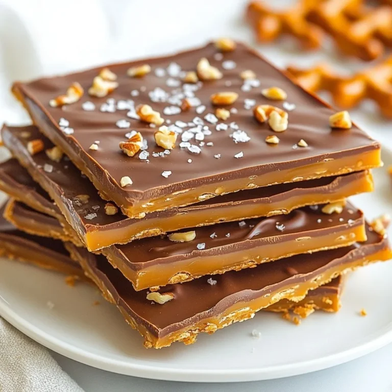 To make Chocolate Caramel Pretzel Bark, you need these key items: - 2 cups pretzel sticks - 1 cup semisweet chocolate chips - 1 cup caramel candies, unwrapped - 2 tablespoons heavy cream - Sea salt, for sprinkling You can add some extra flair with these optional ingredients: - 1/4 cup chopped nuts (e.g., pecans or almonds) If you need to avoid certain allergens, here are some easy swaps: - Use gluten-free pretzels for a gluten-free version. - Replace semisweet chocolate chips with dairy-free chocolate chips for a vegan option. - Substitute heavy cream with coconut cream for a dairy-free alternative. These ingredients make the bark rich and crunchy. You can customize it to fit your taste or dietary needs easily. {{ingredient_image_2}} First, preheat your oven to 350°F (175°C). This step is key for the perfect bark. While it warms up, grab a baking sheet. Line it with parchment paper. Make sure the paper hangs over the edges. This makes it easy to lift the bark later. Next, arrange 2 cups of pretzel sticks in a single layer on your sheet. Bake them for just 5 minutes. This quick bake crisps them up and boosts their flavor. It adds a nice crunch to the final treat. While the pretzels bake, let’s make the caramel. In a microwave-safe bowl, put 1 cup of unwrapped caramel candies. Add 2 tablespoons of heavy cream. Heat this in the microwave in 30-second bursts. Stir it well after each time. Stop when it’s smooth and melted. Be careful not to burn it. Now, we’ll melt the chocolate. Use another bowl for 1 cup of semisweet chocolate chips. Again, microwave in 30-second intervals. Stir each time until it’s melted and smooth. After baking, take out the pretzels. Pour the melted caramel over them right away. Use a spatula to spread it evenly. Next, drizzle the melted chocolate on top. You can also spread it out if you want. If you like nuts, now is the time to add them. Sprinkle chopped nuts over the warm chocolate. Press them down gently to stick. Finally, add a pinch of sea salt on top. This will balance the sweetness perfectly. Let the bark cool at room temperature until it’s firm. If you’re in a rush, chill it in the fridge for about 30 minutes. Once set, lift the bark using the parchment paper. Break it into pieces of your choice. Enjoy your delicious creation! To get the right caramel texture, be patient. Melt the caramel and cream slowly in the microwave. Stir every 30 seconds. If it’s too thick, add a splash of cream. If it’s too runny, heat it a bit longer. The goal is a smooth, pourable mix. This makes it easy to spread over the pretzels. If your caramel hardens too fast, it may not have enough cream. Always use heavy cream for the best results. If your chocolate seizes, it may have gotten too hot. Heat chocolate gently. If you see clumps, add a tiny bit of oil to smooth it. Serve your pretzel bark on a bright plate. Use a clear jar for a fun gift. Wrap individual pieces in pretty cellophane. This makes them feel special. A sprinkle of sea salt adds a nice touch. The contrast in color looks great too. Pro Tips Use Fresh Caramels: Ensure your caramel candies are fresh for the best melting consistency and flavor. Older caramels may not melt smoothly, affecting the texture of your bark. Experiment with Chocolate: Try using different types of chocolate, such as dark or white chocolate, for a unique flavor combination that complements the caramel and pretzels. Chill for Quick Setting: If you're short on time, place the baking sheet in the refrigerator for about 30 minutes to speed up the setting process without compromising texture. Perfectly Even Pieces: To get evenly sized pieces, use a sharp knife or a pizza cutter to slice the bark once it’s set but still slightly soft. This will prevent cracking and crumbling. {{image_4}} You can boost the flavor of your bark by adding nuts. Nuts add crunch and richness. Try pecans or almonds for a great taste. Simply chop them up and sprinkle over the warm chocolate layer. Press them down gently so they stick. This little step makes your bark even better. Sea salt gives a nice contrast to the sweet chocolate and caramel. The salt enhances the flavors and makes each bite special. You can also switch it up with flavored salts. Try smoked salt for a unique twist. Each flavor brings out different notes in your bark, making it fun to explore. The type of chocolate you use can change the whole taste of your bark. Semisweet chocolate is great, but you can use dark chocolate for a richer flavor. Milk chocolate adds a sweeter touch. If you prefer white chocolate, that works too! Each choice gives a different vibe, so experiment with what you like best. To keep your chocolate caramel pretzel bark fresh, store it in an airtight container. This prevents moisture and air from ruining the texture. Place parchment paper between layers to avoid sticking. Keep the container in a cool, dry place, away from sunlight. If you live in a warm area, consider refrigerating it to maintain quality. Chocolate caramel pretzel bark can last about two weeks at room temperature. If stored in the fridge, it can stay fresh for up to a month. Always check for signs of spoilage, like a change in smell or texture. If you see any, it’s best to toss it out. You can freeze chocolate caramel pretzel bark for longer storage. Wrap it tightly in plastic wrap, then place it in a freezer-safe bag. This method helps to lock in freshness. It can last for about three months in the freezer. To enjoy, thaw it overnight in the fridge. Avoid defrosting at room temperature to prevent melting. To cut Chocolate Caramel Bark, first let it cool completely. Once set, lift it from the baking sheet by the parchment paper. Place it on a cutting board. Use a sharp knife to slice it into pieces. For best results, cut the bark when it's cold. This way, it won't crumble. Yes, you can use different pretzels! Pretzel sticks work well, but you can also try pretzel rods or twists. Each will give a unique taste and texture. Experiment to find your favorite. Just make sure they are similar in size for even coverage. To modify for dietary needs, there are many options. For gluten-free, use gluten-free pretzels. If you need dairy-free, select dairy-free chocolate and caramel. You can also use nut-free chocolate if allergies are a concern. Always check labels to ensure safety. Absolutely! You can add many toppings to your bark. Consider nuts like pecans or almonds for crunch. Dried fruits like cranberries or cherries can add a sweet twist. Sprinkles or crushed candies can give it a fun look. The options are endless! This guide walks you through making delicious chocolate caramel pretzel bark. You learned the essential ingredients, step-by-step instructions, and useful tips for success. Remember to explore flavor variations and customize to your taste. Store your bark properly for the best freshness. Whether you share it or keep it for yourself, this treat will satisfy any sweet tooth. Enjoy experimenting with this fun recipe!