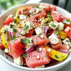 - 4 cups of juicy watermelon, cut into bite-sized cubes - 1 cup of creamy feta cheese, crumbled into small pieces - 1/4 cup of fresh mint leaves, finely chopped - 1/4 cup of red onion, thinly sliced for a mild bite - 2 tablespoons of rich balsamic glaze for sweetness - 2 tablespoons of high-quality extra virgin olive oil for depth - Sea salt and freshly ground black pepper, to taste Alternatives for Watermelon You can swap watermelon with cantaloupe or honeydew for a fresh twist. Options for Feta Cheese If you prefer a different flavor, try goat cheese or ricotta. Both add unique taste. Other Herbs and Dressings Instead of mint, use basil or parsley. A lemon vinaigrette can also brighten the salad. Calories per Serving This salad has around 150 calories per serving, making it a light choice. Macronutrients Breakdown - Protein: 5g - Carbohydrates: 15g - Fat: 9g Health Benefits of Ingredients Watermelon hydrates, feta adds protein, and mint aids digestion. Together, they create a balanced dish. {{ingredient_image_2}} Cutting Watermelon Start by cutting the watermelon. Use a sharp knife to slice the fruit. Cut the watermelon in half, then make long slices. Next, chop these into bite-sized cubes. Aim for about 4 cups of cubes to fill your bowl. Crumbling Feta Cheese Now, grab your feta cheese. Take 1 cup of it and crumble it into small pieces. Use your fingers or a fork for this. Try to break it into even, small chunks for a nice texture in the salad. Chopping Mint Leaves Next, take 1/4 cup of fresh mint leaves. Wash them well to remove any dirt. Stack the leaves, roll them up, and slice them thinly. This will give you finely chopped mint, adding a fresh taste to your salad. Combining Ingredients in a Bowl In a large mixing bowl, combine the watermelon, crumbled feta, chopped mint, and 1/4 cup of thinly sliced red onion. Be gentle when mixing. You want to keep the watermelon cubes intact while mixing all the flavors. Preparing the Dressing In a small bowl, whisk together 2 tablespoons of balsamic glaze and 2 tablespoons of extra virgin olive oil. Mix until the two ingredients blend well. This dressing will add a rich, sweet flavor to your salad. How to Gently Toss the Salad Now, drizzle the dressing over the salad mixture. Use a large spoon to gently toss everything together. Be careful not to break apart the watermelon cubes. You want every piece to get coated in that tasty dressing. Adjusting Seasoning to Taste Finally, season your salad with a pinch of sea salt and a few cracks of black pepper. Taste the salad and adjust the seasoning as needed. You can add more salt or pepper if you like. Serve immediately for the best flavor, or chill it for 15-20 minutes. Enjoy your tasty summer salad! - Maintaining Watermelon Texture Keep the watermelon cubes large. This helps them stay firm. Avoid over-mixing. Gentle hands keep the cubes intact. - Mixing Without Breaking Ingredients Use a large spoon or spatula. Carefully fold the ingredients together. This keeps everything whole and beautiful. - Adding Extra Ingredients for Flavor Consider adding cucumber for crunch. A sprinkle of chili flakes adds heat too. You can also try olives for a briny touch. - Adjusting Dressing Proportions Taste the dressing before adding. If you want it sweeter, add more balsamic glaze. For a stronger flavor, increase the olive oil. - Presentation Ideas Serve in a flat bowl. This shows off the bright colors. Garnish with mint leaves and drizzle balsamic glaze on top. - Pairing with Other Dishes Serve with grilled chicken or fish. It also pairs well with crusty bread. This salad can brighten up any meal. Pro Tips Use Seedless Watermelon: Choosing a seedless watermelon will enhance the texture of your salad and make for a more enjoyable eating experience. Chill Ingredients: For an extra refreshing salad, chill the watermelon and feta cheese before mixing. This allows all the flavors to shine in a cool, crisp dish. Fresh Mint Matters: Always use fresh mint instead of dried for a vibrant flavor profile. Fresh herbs elevate the dish significantly. Adjust to Taste: Don&rsquo;t hesitate to adjust the seasoning, especially the salt and pepper. Taste as you go to ensure the perfect balance for your palate. {{image_4}} You can make this salad even more fun by adding seasonal fruits. Try diced strawberries or peaches in summer. They add a sweet touch that pairs well with watermelon. You can also use berries for a burst of color and taste. Exploring diverse cheeses can elevate your dish. If you want a different flavor, use goat cheese. It gives a tangy kick that works great with the sweet watermelon. You could also try blue cheese for a bold twist. For a vegan option, swap out the feta cheese. Use a plant-based feta instead. You can also try avocado for creaminess. This keeps your salad rich without dairy. If you need a gluten-free adaptation, you are in luck. All the ingredients in this salad are naturally gluten-free. Enjoy it without worry! Want some spice? Add diced jalape&ntilde;os for a fiery kick. They bring heat that contrasts nicely with the cool watermelon. Just be careful with the amount; a little goes a long way. For a zesty twist, enhance your salad with lime juice. This brightens the flavors and adds a fresh kick. A sprinkle of lime zest can also make it pop! To keep your watermelon feta salad fresh, store it properly. Place any leftovers in an airtight container. This helps keep the flavors intact and prevents drying out. Choose containers that are just the right size for your salad. Too much space can let air in, which might spoil the taste. In the fridge, the salad lasts about 2 to 3 days. After that, the quality may drop. Look for signs of spoilage. If the watermelon starts to look mushy or the feta smells off, it&rsquo;s time to toss it. Always trust your nose and eyes when checking freshness. You can transform leftover salad into new meals. Mix it into a wrap with grilled chicken or fish. This adds protein and flavor. You can also blend it into a smoothie for a refreshing drink. Add yogurt to create a creamy dip. Adding your leftovers to new dishes can be fun and tasty! Yes, you can use other cheeses. Goat cheese is a great choice. It adds a tangy flavor. Mozzarella also works well for a milder taste. Both options blend nicely with watermelon. You can prep this salad in advance. Cut the watermelon and onion early. Store them in separate containers. Combine them with feta and mint just before serving. This keeps everything fresh and crunchy. This salad pairs well with grilled chicken. It also goes great with fish tacos. For a light meal, serve it with crusty bread. The salad's flavors enhance many summer dishes. This blog post covered a delicious watermelon salad made from simple, fresh ingredients. We looked at the main components like watermelon, feta, and mint. I shared how to prepare and mix the salad, along with tips for flavor and presentation. We discussed variations to fit your taste and storage methods to keep it fresh. Cooking should be fun and easy. Enjoy exploring different ingredients and creating your own version of this salad! It&rsquo;s a great dish for any meal.
