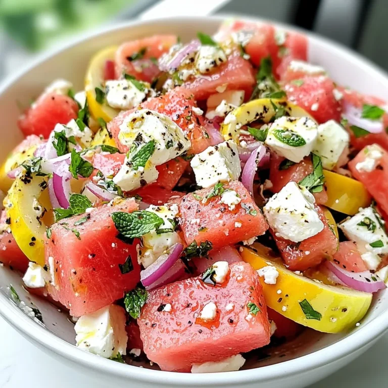 - 4 cups of juicy watermelon, cut into bite-sized cubes - 1 cup of creamy feta cheese, crumbled into small pieces - 1/4 cup of fresh mint leaves, finely chopped - 1/4 cup of red onion, thinly sliced for a mild bite - 2 tablespoons of rich balsamic glaze for sweetness - 2 tablespoons of high-quality extra virgin olive oil for depth - Sea salt and freshly ground black pepper, to taste Alternatives for Watermelon You can swap watermelon with cantaloupe or honeydew for a fresh twist. Options for Feta Cheese If you prefer a different flavor, try goat cheese or ricotta. Both add unique taste. Other Herbs and Dressings Instead of mint, use basil or parsley. A lemon vinaigrette can also brighten the salad. Calories per Serving This salad has around 150 calories per serving, making it a light choice. Macronutrients Breakdown - Protein: 5g - Carbohydrates: 15g - Fat: 9g Health Benefits of Ingredients Watermelon hydrates, feta adds protein, and mint aids digestion. Together, they create a balanced dish. {{ingredient_image_2}} Cutting Watermelon Start by cutting the watermelon. Use a sharp knife to slice the fruit. Cut the watermelon in half, then make long slices. Next, chop these into bite-sized cubes. Aim for about 4 cups of cubes to fill your bowl. Crumbling Feta Cheese Now, grab your feta cheese. Take 1 cup of it and crumble it into small pieces. Use your fingers or a fork for this. Try to break it into even, small chunks for a nice texture in the salad. Chopping Mint Leaves Next, take 1/4 cup of fresh mint leaves. Wash them well to remove any dirt. Stack the leaves, roll them up, and slice them thinly. This will give you finely chopped mint, adding a fresh taste to your salad. Combining Ingredients in a Bowl In a large mixing bowl, combine the watermelon, crumbled feta, chopped mint, and 1/4 cup of thinly sliced red onion. Be gentle when mixing. You want to keep the watermelon cubes intact while mixing all the flavors. Preparing the Dressing In a small bowl, whisk together 2 tablespoons of balsamic glaze and 2 tablespoons of extra virgin olive oil. Mix until the two ingredients blend well. This dressing will add a rich, sweet flavor to your salad. How to Gently Toss the Salad Now, drizzle the dressing over the salad mixture. Use a large spoon to gently toss everything together. Be careful not to break apart the watermelon cubes. You want every piece to get coated in that tasty dressing. Adjusting Seasoning to Taste Finally, season your salad with a pinch of sea salt and a few cracks of black pepper. Taste the salad and adjust the seasoning as needed. You can add more salt or pepper if you like. Serve immediately for the best flavor, or chill it for 15-20 minutes. Enjoy your tasty summer salad! - Maintaining Watermelon Texture Keep the watermelon cubes large. This helps them stay firm. Avoid over-mixing. Gentle hands keep the cubes intact. - Mixing Without Breaking Ingredients Use a large spoon or spatula. Carefully fold the ingredients together. This keeps everything whole and beautiful. - Adding Extra Ingredients for Flavor Consider adding cucumber for crunch. A sprinkle of chili flakes adds heat too. You can also try olives for a briny touch. - Adjusting Dressing Proportions Taste the dressing before adding. If you want it sweeter, add more balsamic glaze. For a stronger flavor, increase the olive oil. - Presentation Ideas Serve in a flat bowl. This shows off the bright colors. Garnish with mint leaves and drizzle balsamic glaze on top. - Pairing with Other Dishes Serve with grilled chicken or fish. It also pairs well with crusty bread. This salad can brighten up any meal. Pro Tips Use Seedless Watermelon: Choosing a seedless watermelon will enhance the texture of your salad and make for a more enjoyable eating experience. Chill Ingredients: For an extra refreshing salad, chill the watermelon and feta cheese before mixing. This allows all the flavors to shine in a cool, crisp dish. Fresh Mint Matters: Always use fresh mint instead of dried for a vibrant flavor profile. Fresh herbs elevate the dish significantly. Adjust to Taste: Don’t hesitate to adjust the seasoning, especially the salt and pepper. Taste as you go to ensure the perfect balance for your palate. {{image_4}} You can make this salad even more fun by adding seasonal fruits. Try diced strawberries or peaches in summer. They add a sweet touch that pairs well with watermelon. You can also use berries for a burst of color and taste. Exploring diverse cheeses can elevate your dish. If you want a different flavor, use goat cheese. It gives a tangy kick that works great with the sweet watermelon. You could also try blue cheese for a bold twist. For a vegan option, swap out the feta cheese. Use a plant-based feta instead. You can also try avocado for creaminess. This keeps your salad rich without dairy. If you need a gluten-free adaptation, you are in luck. All the ingredients in this salad are naturally gluten-free. Enjoy it without worry! Want some spice? Add diced jalapeños for a fiery kick. They bring heat that contrasts nicely with the cool watermelon. Just be careful with the amount; a little goes a long way. For a zesty twist, enhance your salad with lime juice. This brightens the flavors and adds a fresh kick. A sprinkle of lime zest can also make it pop! To keep your watermelon feta salad fresh, store it properly. Place any leftovers in an airtight container. This helps keep the flavors intact and prevents drying out. Choose containers that are just the right size for your salad. Too much space can let air in, which might spoil the taste. In the fridge, the salad lasts about 2 to 3 days. After that, the quality may drop. Look for signs of spoilage. If the watermelon starts to look mushy or the feta smells off, it’s time to toss it. Always trust your nose and eyes when checking freshness. You can transform leftover salad into new meals. Mix it into a wrap with grilled chicken or fish. This adds protein and flavor. You can also blend it into a smoothie for a refreshing drink. Add yogurt to create a creamy dip. Adding your leftovers to new dishes can be fun and tasty! Yes, you can use other cheeses. Goat cheese is a great choice. It adds a tangy flavor. Mozzarella also works well for a milder taste. Both options blend nicely with watermelon. You can prep this salad in advance. Cut the watermelon and onion early. Store them in separate containers. Combine them with feta and mint just before serving. This keeps everything fresh and crunchy. This salad pairs well with grilled chicken. It also goes great with fish tacos. For a light meal, serve it with crusty bread. The salad's flavors enhance many summer dishes. This blog post covered a delicious watermelon salad made from simple, fresh ingredients. We looked at the main components like watermelon, feta, and mint. I shared how to prepare and mix the salad, along with tips for flavor and presentation. We discussed variations to fit your taste and storage methods to keep it fresh. Cooking should be fun and easy. Enjoy exploring different ingredients and creating your own version of this salad! It’s a great dish for any meal.