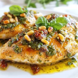 To make the savory sun-dried tomato pesto chicken, gather these items: - 4 boneless, skinless chicken breasts - 1 cup sun-dried tomatoes packed in oil, drained and roughly chopped - 1 cup fresh basil leaves, firmly packed - &frac12; cup freshly grated Parmesan cheese - &frac14; cup pine nuts, lightly toasted - 2 cloves garlic, finely minced - &frac12; cup extra virgin olive oil - Sea salt and freshly cracked black pepper, to taste - 1 teaspoon freshly grated lemon zest - Extra fresh basil leaves, for garnish You can swap some ingredients if needed: - Use grilled chicken thighs instead of breasts for more flavor. - If you lack sun-dried tomatoes, try roasted red peppers instead. - For a nut-free option, leave out the pine nuts or use sunflower seeds. - Swap the Parmesan with nutritional yeast for a vegan version. When selecting your ingredients, consider these tips: - Choose sun-dried tomatoes in oil for better flavor and texture. - Look for fresh basil that is vibrant and fragrant. - Pick Parmesan cheese that is freshly grated, as it melts better. - Always choose high-quality extra virgin olive oil for the best taste. - Fresh garlic should be firm and have no sprouting for the best flavor. {{ingredient_image_2}} First, grab your food processor. Add the chopped sun-dried tomatoes, fresh basil leaves, grated Parmesan cheese, toasted pine nuts, and minced garlic. Pulse the mixture until it blends well but stays a bit chunky. This texture gives the pesto depth. Next, with the processor running, slowly drizzle in the olive oil. This step makes the pesto creamy. If needed, stop and scrape down the sides. Blend again until smooth. Taste the mixture and add sea salt, black pepper, and lemon zest to boost the flavor. Now, let&rsquo;s cook the chicken. Season both sides of each chicken breast with sea salt and black pepper. Heat a large skillet over medium heat and add 1 tablespoon of olive oil. Once the oil is hot, add the chicken breasts carefully. Cook them for about 6-7 minutes on each side. Look for a golden-brown color and check that they reach an internal temperature of 165&deg;F. This ensures they are cooked all the way through. After cooking, lower the heat to low. Spread a generous amount of the sun-dried tomato pesto over each chicken breast. Let the pesto warm up for 2-3 minutes. This step helps the flavors mix beautifully. Once done, move the chicken to serving plates. Drizzle any remaining pesto from the skillet over the chicken. For a lovely finish, garnish with fresh basil leaves. Serve the chicken on a rustic wooden board or colorful plate. A small bowl of extra pesto on the side adds a fun touch and lets guests customize their meal. To cook chicken right, start with even pieces. This helps them cook evenly. Season both sides with sea salt and black pepper. Heat a skillet over medium heat and add olive oil. When the oil shimmers, add the chicken. Cook for about 6-7 minutes per side. The chicken should have a golden crust and an internal temperature of 165&deg;F. Use a meat thermometer for accuracy. If you want extra juiciness, let the chicken rest for five minutes before serving. This keeps the juices inside. If you have leftover pesto, store it in an airtight container. Cover the top with a thin layer of olive oil. This keeps it fresh and bright green. You can refrigerate it for up to a week. If you want to keep it longer, freeze the pesto in ice cube trays. Once frozen, transfer the cubes to a freezer bag. This way, you can use small amounts as needed. You can easily enhance your dish. Try adding a splash of balsamic vinegar to the pesto. This adds a nice tang. A pinch of red pepper flakes gives a spicy kick. If you love cheese, mix in more Parmesan for a richer taste. Fresh herbs like thyme or oregano can also boost the flavor. Lastly, a squeeze of fresh lemon juice brightens everything up. Don&rsquo;t shy away from experimenting; cooking is all about fun and flavor! Pro Tips Use High-Quality Ingredients: The flavor of your pesto largely depends on the quality of your sun-dried tomatoes and olive oil. Opt for products that are fresh and flavorful for the best results. Adjust to Taste: Don't hesitate to tweak the seasoning to your liking. If you prefer a stronger garlic flavor or more acidity, feel free to add more garlic or a splash of lemon juice. Perfectly Cooked Chicken: To ensure your chicken is juicy, use a meat thermometer to check for an internal temperature of 165&deg;F. Letting it rest for a few minutes before serving helps retain moisture. Make it Ahead: This pesto can be made in advance and stored in the refrigerator for up to a week. It also freezes well, making it a great option for meal prep! {{image_4}} If you want a vegetarian option, swap the chicken for grilled vegetables. Zucchini, bell peppers, and eggplant work well. The sun-dried tomato pesto still shines in this dish. Blend the pesto as usual, then toss it with the grilled veggies. You can serve it over pasta or on a toasted baguette. You can use other proteins besides chicken. Try shrimp, fish, or turkey. Each protein brings its own taste and texture. For shrimp, cook them until they turn pink. For fish, choose a firm type like salmon or swordfish. Cook it until it flakes easily with a fork. Each protein pairs perfectly with the sun-dried tomato pesto. Elevate your dish with extra ingredients. Add a splash of balsamic vinegar for tang. Include a pinch of red pepper flakes for heat. You can also mix in some roasted garlic for depth. Fresh lemon juice adds brightness. Each of these can boost flavors. Experiment to find your perfect combination! To keep your sun-dried tomato pesto chicken fresh, place it in an airtight container. Store it in the fridge for up to three days. Make sure the chicken is cool before sealing. This helps prevent moisture buildup. If you want to enjoy it later, consider freezing it. You can freeze any leftover pesto for future meals. Pour the pesto into ice cube trays or small containers. This makes it easy to use later. The pesto will stay fresh in the freezer for up to three months. When you're ready, just thaw what you need in the fridge overnight. When it's time to eat, reheating is simple. You can use the stove or microwave. If using the stove, heat a skillet over low heat. Add a splash of olive oil and place the chicken in the skillet. Heat it for about 5-7 minutes until warm. If using a microwave, cover the chicken and heat it in short bursts. Check and stir to ensure even heating. Enjoy your meal as if it&rsquo;s fresh from the skillet! Yes, you can use dried sun-dried tomatoes. Just soak them in warm water for about 20 minutes. This rehydrates them, making them easier to blend into the pesto. Sun-Dried Tomato Pesto Chicken lasts about 3 to 4 days in the fridge. Store it in an airtight container to keep it fresh. Absolutely! You can make the pesto up to a week ahead. Just store it in a jar and cover it with olive oil. This keeps it fresh and tasty. Several side dishes go great with this chicken. Here are some ideas: - Garlic mashed potatoes - Grilled vegetables - Quinoa salad - A fresh green salad - Pasta tossed in olive oil You learned how to make Sun-Dried Tomato Pesto Chicken with easy steps and tips. We covered ingredients, cooking methods, and smart storage. Remember, fresh ingredients can make a big difference in taste. Don't hesitate to try new flavors or swap ingredients for your needs. Enjoy cooking, and feel free to experiment! With a few tricks, you can perfect your dish every time. Happy cooking!