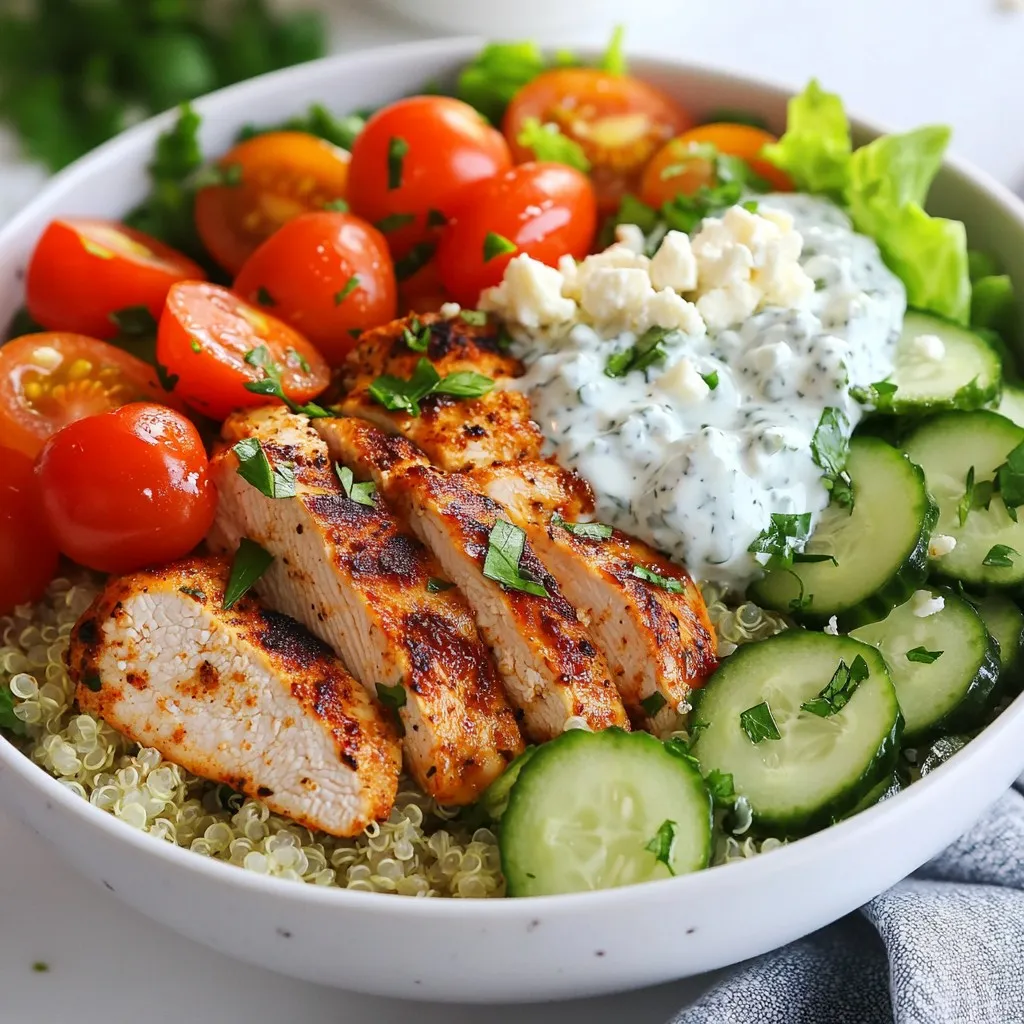 For the main part of your Chicken Gyro Bowls, you will need: - 2 boneless, skinless chicken breasts - 2 tablespoons olive oil - 2 teaspoons dried oregano - 1 teaspoon garlic powder - 1 teaspoon smoked paprika - Salt and black pepper to taste - 1 cup cooked quinoa or brown rice - 1 cup cherry tomatoes, halved - 1 cucumber, diced - 1 cup romaine lettuce, finely shredded - 1/2 red onion, thinly sliced - Feta cheese, crumbled (optional) - Fresh parsley, chopped, for garnish These ingredients form the base of your bowl, giving it great flavor and texture. For the creamy tzatziki sauce, gather these items: - 1 cup Greek yogurt - 1/2 cucumber, grated and drained of excess water - 1 clove garlic, minced - 1 tablespoon fresh lemon juice - Salt to taste - Fresh dill, chopped, optional for added flavor This sauce adds a refreshing touch to your bowl. The Greek yogurt gives it a nice creaminess. You can make your Chicken Gyro Bowls even better by adding: - Extra crumbled feta cheese - Sliced olives - Avocado slices - Lemon wedges for a fresh squeeze - More fresh herbs, like mint or dill These options let you customize your bowls and add more flavor. Feel free to get creative! {{ingredient_image_2}} Start by mixing the marinade. In a large bowl, whisk together olive oil, dried oregano, garlic powder, smoked paprika, salt, and black pepper. This mix adds flavor to the chicken. Next, add the chicken breasts to the bowl. Make sure each piece is covered well with the marinade. Cover the bowl with plastic wrap and place it in the fridge. Let the chicken marinate for at least 30 minutes. If you have time, let it sit for up to 2 hours. This makes the chicken even more tasty. Now it’s time to cook the chicken. Preheat your grill or skillet to medium-high heat. Once hot, place the marinated chicken breasts on the grill or in the skillet. Cook each side for about 5 to 7 minutes. You want the chicken to reach an internal temperature of 165°F (75°C). When it’s done, take the chicken off the heat and let it rest for a few minutes. Then, slice it into thin strips. This will help keep it juicy. Let’s make the tzatziki sauce. In a clean bowl, combine Greek yogurt, grated cucumber, minced garlic, fresh lemon juice, and a pinch of salt. Stir well to mix everything together. If you want, add fresh dill for extra flavor. Taste the sauce and adjust the salt if needed. Chill the tzatziki in the fridge until you’re ready to serve it. - Assembling the Chicken Gyro Bowls Begin by placing a scoop of cooked quinoa or brown rice at the bottom of each bowl. This will be the base. Next, layer the sliced chicken on top. Add cherry tomatoes, diced cucumber, shredded romaine lettuce, and thinly sliced red onion. This makes your bowl colorful and full of flavors. - Adding Tzatziki and Garnishing Drizzle a generous amount of tzatziki sauce over each bowl. If you like, sprinkle crumbled feta cheese on top. Garnish with freshly chopped parsley. This adds a nice touch and makes the dish even more appealing. Marinating chicken is key to flavor. Start by mixing olive oil, dried oregano, garlic powder, smoked paprika, salt, and pepper in a bowl. Add the chicken breasts and coat them well. Cover the bowl and refrigerate. Let it marinate for 30 minutes to 2 hours. This allows the flavors to soak in. For best results, preheat your grill or skillet on medium-high heat. Place the marinated chicken on the hot surface. Cook each side for 5-7 minutes. Use a meat thermometer to check for 165°F (75°C). This ensures the chicken is safe to eat. After cooking, let the chicken rest for a few minutes. This keeps it juicy when you slice it. You can make your chicken gyro bowl unique. Start with quinoa or brown rice as the base. Then pile on your favorite toppings. Use cherry tomatoes, diced cucumber, shredded romaine lettuce, and sliced red onion. Don't forget the tzatziki sauce! You can add feta cheese or fresh herbs if you like. Enjoy creating your perfect bowl! Pro Tips Marinate Longer for Flavor: For the best flavor, let the chicken marinate for the full 2 hours. This enhances the taste of the spices and makes the chicken juicier. Use Fresh Ingredients: Opt for fresh herbs and vegetables for the best flavor and texture. Fresh dill in the tzatziki can make a noticeable difference. Rest the Chicken: Allow the cooked chicken to rest for a few minutes before slicing. This helps retain the juices and keeps the meat tender. Customize Your Bowl: Feel free to add other toppings like olives, roasted red peppers, or even avocado to make your gyro bowl your own! {{image_4}} You can easily swap chicken for other proteins. Try lamb, beef, or shrimp. Each choice brings a different taste. Cook them just like the chicken for great results. For example, marinate lamb chops with the same spices, then grill. You’ll get a rich and savory flavor that pairs well with tzatziki. If you prefer plant-based meals, use chickpeas or tofu. Both options absorb flavors well. For chickpeas, rinse and drain canned ones. Toss them in the same marinade and roast until golden. For tofu, press to remove water, then marinate and grill. This gives you a delightful texture and taste. You can also use grilled vegetables for a fresh twist. The base of your bowl can change too. While quinoa and brown rice are great, try bulgur or couscous. These grains offer unique flavors and textures. You might also enjoy farro or even cauliflower rice for a low-carb option. Each grain adds its own charm to the bowl, making it a fun meal every time. To keep your Chicken Gyro Bowls fresh, store them in airtight containers. You can divide the bowls into separate portions. Make sure to cool them to room temperature before sealing. Store in the fridge for up to three days. For longer storage, you can freeze the chicken and toppings separately. Use freezer-safe bags or containers. This way, you can enjoy them later without losing flavor! For the tzatziki sauce, transfer it to a clean, airtight container. It will stay fresh in the fridge for up to one week. If you notice any excess water on top, just drain it before serving. If you're making a larger batch, consider freezing it in ice cube trays. This allows you to thaw small portions as needed. When reheating your chicken, it’s best to use a skillet. Heat it over medium heat until warm, about 5 minutes. This keeps the chicken juicy. Avoid using the microwave, as it can dry the chicken out. If you need to reheat the rice or quinoa, add a splash of water in the skillet. Cover it to create steam and heat until warm. Enjoy your meal fresh and delicious! If you need a substitute for Greek yogurt, try sour cream. It gives a similar creamy texture. Another option is to use plain yogurt. Make sure it is thick to mimic Greek yogurt's consistency. You can also blend silken tofu for a dairy-free version. Just strain it to remove excess water for the best result. Yes, you can meal prep Chicken Gyro Bowls! Cook the chicken and grains ahead of time. Store them separately in airtight containers. The tzatziki sauce can also be made ahead. Just keep it in the fridge. When you’re ready to eat, assemble the bowls with fresh veggies. It saves time on busy days! Several sides pair well with Chicken Gyro Bowls. Consider serving pita bread for a classic touch. You can also add a fresh Greek salad for extra crunch and flavor. Roasted vegetables make a tasty side too. Just ensure they complement the bowl's flavors for a perfect meal! You learned how to make delicious Chicken Gyro Bowls, starting from the right ingredients. Marinating chicken and making tzatziki sauce adds flavor and creaminess. You can customize these bowls with different toppings or proteins to suit your taste. Store leftovers properly for future meals. Whether you are cooking for friends or planning meals, these bowls are a hit. Enjoy creating this delightful dish!