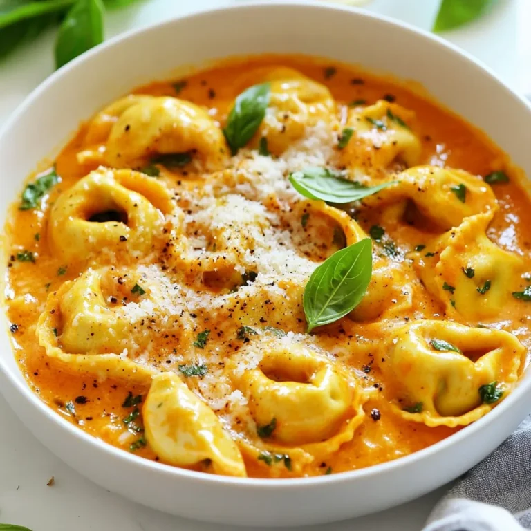 - 1 package (9 oz) cheese tortellini - 2 tablespoons extra-virgin olive oil - 3 cloves garlic, finely minced - 1 can (14 oz) crushed tomatoes - 1 cup heavy cream - 1 teaspoon dried Italian herb blend (oregano, basil, thyme) - 1/2 teaspoon red pepper flakes (optional for heat) - 1 cup fresh basil leaves, roughly chopped - Salt and freshly ground black pepper to taste - Freshly grated Parmesan cheese, for serving - Extra basil leaves for garnish You can add red pepper flakes for some heat. This gives the dish a nice kick. If you love a deeper flavor, consider adding chopped onions when you sauté the garlic. It adds sweetness and depth. If you need a gluten-free option, use gluten-free tortellini. For a lighter dish, swap heavy cream with half-and-half or a non-dairy cream. If you want to skip dairy, try using nutritional yeast for a cheesy flavor. {{ingredient_image_2}} Start by boiling water in a large pot. Add a pinch of salt to the water. Once it boils, drop in the cheese tortellini. Cook them according to the package instructions, usually for 3-5 minutes. Stir the tortellini gently to keep them from sticking. When they are al dente, drain them using a colander. Set the tortellini aside, keeping them warm. In a large skillet, heat 2 tablespoons of extra-virgin olive oil over medium heat. Once hot, add 3 cloves of finely minced garlic. Sauté the garlic for about 1 minute, just until it becomes fragrant. Be careful not to let it burn! Next, pour in one can of crushed tomatoes. Stir in 1 teaspoon of dried Italian herbs and add 1/2 teaspoon of red pepper flakes if you like heat. Let the sauce simmer for 5 minutes. This helps the flavors blend well. Now, lower the heat and gradually pour in 1 cup of heavy cream. Stir well until the cream mixes into the sauce. This step makes the sauce rich and creamy. Gently add the drained tortellini to the skillet. Toss them carefully in the sauce, ensuring they are well-coated. Fold in 1 cup of roughly chopped fresh basil leaves. Season everything with salt and freshly ground black pepper to taste. Let the tortellini cook in the sauce for another 2-3 minutes. This allows the flavors to come together beautifully. Serve your dish right away, topped with freshly grated Parmesan cheese and extra basil leaves for garnish. Enjoy! To get a creamy sauce, use heavy cream. This gives the dish a rich taste. Pour the cream slowly into the skillet. Stir it well to mix with the tomatoes. This helps avoid lumps and keeps it smooth. For even more creaminess, add a bit of pasta water. The starchy water helps the sauce stick to the tortellini. One mistake is cooking the garlic too long. Garlic can burn fast, turning bitter. Sauté it just until fragrant. Another mistake is not seasoning the sauce. Always taste and add salt and pepper. This brings out the flavors. Lastly, don’t skip the fresh basil. It adds a bright taste that makes the dish pop. Fresh herbs are key to great flavor. Always use fresh basil if you can. Add it at the end of cooking to keep its flavor strong. You can also try adding parsley or a bit of thyme for extra depth. A little lemon zest can brighten the dish, too! Experiment with your favorite herbs to make your sauce unique. Pro Tips Cook Tortellini Al Dente: Make sure to cook the tortellini just until al dente for the perfect texture. This way, they will hold up well in the creamy sauce without becoming mushy. Fresh Garlic for Flavor: Use fresh garlic instead of garlic powder for a more robust and aromatic flavor. Sauté it just until fragrant to avoid bitterness. Adjust Creaminess: If you prefer a lighter sauce, you can substitute half of the heavy cream with vegetable broth. This will still give you a creamy texture without being too rich. Basil Addition: Add the fresh basil leaves at the end of cooking to preserve their vibrant flavor and color. This keeps the dish aromatic and appealing. {{image_4}} You can make this dish heartier by adding protein. Chicken and shrimp work well. For chicken, use cooked, shredded meat. Toss it in with the tortellini. For shrimp, sauté them in the oil before adding garlic. This keeps them juicy and flavorful. Both options add richness and flavor to the creamy sauce. If you prefer a vegan or dairy-free dish, you can swap the cream. Use coconut cream for a rich texture. For cheese tortellini, choose a plant-based version. You can also add nutritional yeast. This gives a cheesy flavor without dairy. Don't forget to adjust the seasonings to balance the flavors. Enhance your meal by adding seasonal veggies. Spinach, zucchini, or bell peppers work great. Sauté them with the garlic to soften. They will soak up the sauce's flavor, adding color and nutrients. This is a fantastic way to use fresh produce. It makes your dish not only tasty but also healthy. To keep your Creamy Tomato Basil Tortellini fresh, store it in an airtight container. Allow the dish to cool to room temperature before sealing. Place the container in the fridge. Your leftovers can last up to three days this way. Make sure to label the container with the date. When you're ready to enjoy your leftovers, reheat them gently. Use a skillet over low heat for even warming. Add a splash of water or cream if the sauce seems thick. Stir frequently to ensure even heating. You can also use the microwave. Heat in short bursts, stirring in between, until hot. If you want to save some for later, freezing is a great option. Portion the tortellini into freezer-safe containers. Leave some space at the top, as the sauce may expand. Your dish can last up to two months in the freezer. To thaw, move it to the fridge overnight. Reheat as mentioned above for the best taste. Creamy Tomato Basil Tortellini will last about 3 to 5 days in the fridge. To keep it fresh, store it in an airtight container. Make sure it cools down before sealing. This way, you can enjoy it later without losing flavor. Yes, you can make this recipe ahead. Prepare the sauce and tortellini separately. Store them in the fridge. When you're ready to serve, just heat the sauce and toss in the tortellini. This keeps everything fresh and tasty. You can serve this dish with a simple green salad. Garlic bread also makes a great side. A light wine, like a crisp white, pairs well too. You can make your meal complete and enjoyable with these easy sides. We covered everything from ingredients to cooking tips for Creamy Tomato Basil Tortellini. You have options for flavors, substitutions, and storage. Remember to avoid common mistakes for the best sauce. Try adding protein or veggies to mix it up. With these steps, you can create a dish everyone will love. Enjoy your cooking and delight in the creamy goodness of your meal!