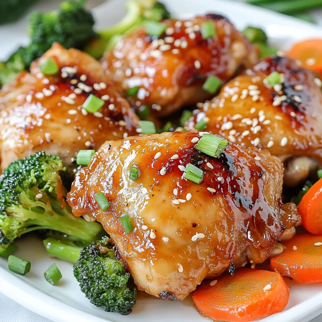 - 4 boneless, skinless chicken thighs - 1/4 cup honey - 1/4 cup low-sodium soy sauce - 4 cloves garlic, minced - 1 teaspoon fresh ginger, grated - 1 tablespoon olive oil - 1 teaspoon sesame oil - 1 cup broccoli florets - 1 red bell pepper, thinly sliced - 1 cup baby carrots, halved - 2 green onions, finely chopped - Sesame seeds You can swap chicken thighs for chicken breasts. This change keeps the dish light. If you don’t have honey, maple syrup works well. Use tamari instead of soy sauce for a gluten-free option. For the veggies, feel free to mix in snap peas or zucchini. If you want more heat, add red pepper flakes to the marinade. This recipe is flexible, so use what you have! {{ingredient_image_2}} First, preheat your oven to 400°F (200°C). This step is key for even cooking. To make cleanup easy, line a sheet pan with parchment paper. This will catch any drips and make your life simpler. Next, let’s make the honey garlic marinade. In a small bowl, mix together the following: - 1/4 cup honey - 1/4 cup low-sodium soy sauce - 4 cloves garlic, minced - 1 teaspoon fresh ginger, grated - 1 tablespoon olive oil - 1 teaspoon sesame oil Whisk these ingredients until they blend well. This sweet and savory mix adds amazing flavor. Now, grab your chicken thighs. Pat them dry with a paper towel. Season each thigh with salt and pepper on both sides. This enhances the taste. In a large bowl, add the chicken and pour half of the marinade over it. Make sure each piece is coated well. Let the chicken marinate for 15-20 minutes. While it marinates, prepare your veggies. In another bowl, mix together: - 1 cup broccoli florets - 1 red bell pepper, thinly sliced - 1 cup baby carrots, halved Drizzle the remaining marinade over the veggies and toss them to coat. It’s time to bake! Place the marinated chicken thighs on the lined sheet pan. Surround them with the coated veggies, making sure everything is in a single layer. This helps with even cooking. Bake for 25-30 minutes. You’ll know it’s done when the chicken reaches 165°F (75°C) and the veggies are tender. For a nice caramelized finish, switch to broil for the last 2-3 minutes. Watch closely to avoid burning! After baking, take the pan out and let it rest for a few minutes. Before serving, sprinkle chopped green onions and sesame seeds for a fresh touch. Enjoy your delicious meal! For juicy chicken, choose boneless, skinless thighs. They cook evenly and stay moist. Pat them dry before seasoning. This step helps the salt and pepper stick better. Allow the chicken to marinate for 15 to 20 minutes. This lets the flavors soak in. Baking at 400°F brings out the best texture. Always check the internal temperature; it should reach 165°F for safety. Feel free to swap veggies based on what's fresh and in season. In spring, add asparagus and snap peas for a crunch. In summer, try zucchini and cherry tomatoes for a sweeter taste. In fall, use Brussels sprouts and sweet potatoes for warmth. Winter favorites like cauliflower and kale also work great. This keeps your dish exciting and packed with nutrients. Broiling adds a nice touch to your chicken and veggies. After baking, switch your oven to broil for 2 to 3 minutes. Keep a close watch to avoid burning. You want that golden, caramelized look. This step enhances the dish's flavor, making it more appealing. Just remember, not every oven broils the same, so stay nearby! Pro Tips Marinate for Maximum Flavor: Allow the chicken to marinate for at least 30 minutes or even overnight in the refrigerator for a deeper flavor infusion. Veggie Variations: Feel free to swap in other vegetables like snap peas or zucchini for a different flavor profile and added nutrition. Check Chicken Temperature: Use a meat thermometer to ensure your chicken is perfectly cooked; it should reach an internal temperature of 165°F (75°C). Serve with Rice: Pair the dish with steamed rice or quinoa to soak up the delicious honey garlic sauce for a complete meal. {{image_4}} You can change the protein in this dish. Try using boneless skinless chicken breasts instead of thighs. They cook faster and are leaner. You can also use shrimp or salmon for a seafood twist. Both will soak up the honey garlic marinade well. If you prefer a plant-based option, tofu is a great choice. Press it to remove water and cut it into cubes. Marinate it just like the chicken for tasty results. Mix up the veggies for a new taste. Zucchini slices work well and cook quickly. Cauliflower florets are another option; they add a nice bite. You might like to use asparagus or snap peas. Just adjust the cooking time for these quicker-cooking veggies. They still get that sweet sauce flavor. Feel free to experiment with whatever you have at home. Spices can really enhance the dish. Adding red pepper flakes gives a nice heat. You might also try smoked paprika for a subtle smoky taste. Fresh herbs like thyme or rosemary can add a lovely aroma. If you like Asian flavors, sprinkle in some five-spice powder. Just a little will go a long way. Adjust the spices to match your taste buds for a unique twist. After enjoying your meal, let the chicken cool down. Place leftovers in an airtight container. This keeps the chicken and vegetables fresh. Store them in the fridge. They stay good for up to three days. If you want to keep them longer, consider freezing. To reheat, you can use the oven or microwave. If using the oven, preheat it to 350°F (175°C). Place the chicken and veggies on a baking sheet. Warm for about 15-20 minutes. Check that the chicken is hot all the way through. In the microwave, heat in short bursts. Start with one minute, then check and stir. For freezing, wrap the chicken and veggies tightly in foil or plastic wrap. Then, place them in a freezer-safe bag. This prevents freezer burn. They can last up to three months in the freezer. When you’re ready to eat, move the container to the fridge to thaw overnight. Once thawed, reheat as described above. Enjoy your delicious meal again! Yes, you can use bone-in chicken. Bone-in chicken adds flavor and moisture. Just remember, it may take longer to cook. Make sure the internal temperature reaches 165°F (75°C). To check if the chicken is fully cooked, use a meat thermometer. Insert it into the thickest part of the thigh. When it reads 165°F (75°C), the chicken is safe to eat. This dish pairs well with rice or quinoa. You can also serve it with a side salad or some crusty bread. These options help soak up the tasty sauce. Marinating chicken takes about 15-20 minutes. This time allows the flavors to soak into the meat. For stronger flavor, you can marinate it longer, up to 4 hours. Yes, you can prepare this dish ahead of time. Marinate the chicken and veggies a few hours before baking. You can also bake it, then store leftovers for later. This post covers everything to make honey garlic chicken. We explored the key ingredients and options for garnish. You learned how to prep, marinate, and bake your dish. I shared tips for great texture and seasonal veggie swaps. Plus, we discussed variations and how to store leftovers safely. Enjoy creating your dish! Your friends and family will love it, and so will you.