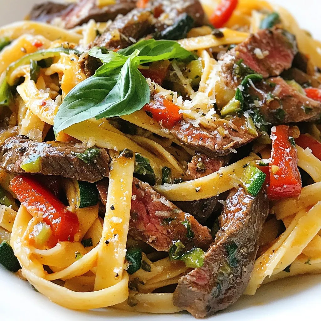 - 8 oz fettuccine or spaghetti - 1 lb flank steak, thinly sliced against the grain - 2 tablespoons olive oil, divided - 2 cloves garlic, minced - 1 red bell pepper, sliced into thin strips - 1 small zucchini, julienned - 1 teaspoon red pepper flakes (adjust based on your heat preference) - 3 tablespoons honey - 2 tablespoons soy sauce - 1 tablespoon rice vinegar - Salt and freshly ground black pepper, to taste - Fresh basil leaves for garnishing - Grated Parmesan cheese for serving (optional) - Ounces (oz) for pasta - Pounds (lb) for steak - Tablespoons (tbsp) for oil, honey, soy sauce, and vinegar - Teaspoon (tsp) for red pepper flakes - Cloves for garlic - Use chicken or shrimp instead of flank steak for a different protein. - Swap fettuccine for penne or gluten-free pasta if needed. - Replace honey with maple syrup for a vegan version. - Use bell peppers of any color for a new flavor. - For a spicy kick, try using sriracha instead of red pepper flakes. {{ingredient_image_2}} To start, fill a large pot with water and add a good pinch of salt. Bring the water to a boil. Add 8 oz of fettuccine or spaghetti to the pot. Cook it according to the package directions, usually 8-10 minutes, until it is al dente. Before draining, remember to save about 1/2 cup of the pasta water. Once it's ready, drain the pasta and set it aside. Next, take 1 lb of flank steak and slice it thinly against the grain. Season the beef with salt, black pepper, and red pepper flakes for some heat. Heat 1 tablespoon of olive oil in a large skillet over medium-high heat. Once hot, add the steak slices in a single layer. Cook them for about 2-3 minutes per side until they are browned. After cooking, remove the steak from the skillet and let it rest on a plate. Now, keep the same skillet on the heat. Add the remaining tablespoon of olive oil to the pan. Toss in 2 cloves of minced garlic and cook for about 30 seconds until it smells nice. Then, add in 1 sliced red bell pepper and 1 small julienned zucchini. Sauté these veggies for about 4-5 minutes. Stir them often until they are tender but still colorful. In a separate small bowl, mix together 3 tablespoons of honey, 2 tablespoons of soy sauce, and 1 tablespoon of rice vinegar. If you want more heat, add extra red pepper flakes. Pour this sauce over the sautéed vegetables in the skillet. Stir well to coat the veggies and heat everything through. Slice the rested steak into bite-sized pieces. Add the drained pasta and the steak to the skillet with the veggies and sauce. Gently toss everything together. Use the reserved pasta water a little at a time to help the sauce mix better and coat all the ingredients. Taste the dish and adjust the salt or pepper if needed. Serve this tasty pasta hot. You can garnish it with fresh basil leaves and sprinkle some grated Parmesan cheese on top if you like. Enjoy your sweet and spicy steak pasta! To cook steak perfectly, start with flank steak. It has a nice flavor and texture. Cut against the grain for tender bites. Season it with salt, pepper, and red pepper flakes. Heat the pan on medium-high. Add oil, then place steak slices in a single layer. Let them sear without moving for 2-3 minutes. Flip and repeat until browned. Remove and let it rest. This keeps it juicy and tasty. To change the spice in your dish, use red pepper flakes. Start with one teaspoon for a mild kick. If you want more heat, add more flakes. You can also add some sauce made with sriracha or chili paste. Mix in small amounts and taste as you go. This way, you can find the right heat for your taste. Cook pasta in a big pot with salted water. Bring the water to a boil before adding pasta. Follow the package instructions for timing, usually 8-10 minutes. To keep pasta from sticking, stir it occasionally. Before draining, save some pasta water. This water helps make the sauce creamy later. Drain and set the pasta aside until ready to mix with the other ingredients. Pro Tips Choose the Right Cut: Flank steak is ideal for this dish due to its flavor and texture. Make sure to slice it against the grain for maximum tenderness. Perfect Pasta Cooking: Always reserve some pasta water before draining. This starchy water can be used to adjust the sauce's consistency and help it cling to the pasta. Adjust the Heat Level: If you're sensitive to spice, start with less red pepper flakes in the steak seasoning and sauce. You can always add more to suit your taste. Fresh Herbs for Flavor: Garnishing with fresh basil not only adds a pop of color but also enhances the overall flavor profile of your dish. {{image_4}} You can make Sweet and Spicy Pasta without meat. Use mushrooms and bell peppers for a hearty bite. Swap the steak for 1 can of drained chickpeas for protein. Sauté the chickpeas with the vegetables. This will add a nice texture and flavor. To make this dish gluten-free, choose gluten-free pasta. Many brands offer great options made from rice or corn. Ensure the soy sauce is gluten-free too. This option keeps the taste while meeting dietary needs. If you want different protein, try shrimp or chicken. For shrimp, cook them the same way as the steak. For chicken, use thin slices and cook until golden. Both options bring a different flavor while keeping the dish fun and tasty. Store leftover Sweet and Spicy Steak Pasta in an airtight container. This keeps the dish fresh. It will last for about three to four days in the fridge. Make sure it cools down before sealing. This helps prevent moisture buildup. You can freeze this pasta dish if needed. First, let it cool completely. Then, place it in a freezer-safe container. Seal tightly to avoid freezer burn. It will stay good for up to three months. When ready to eat, thaw it in the fridge overnight. To reheat, use a skillet for the best results. Add a splash of water or broth to keep it moist. Heat over medium heat, stirring occasionally. You can also use a microwave. Cover it with a damp paper towel to keep it from drying out. Heat in short intervals, stirring in between. Enjoy your meal just like fresh! The best steak for this dish is flank steak. It has a nice flavor and cooks well when sliced thinly. You can also use skirt steak or sirloin if you prefer. Both options work nicely and add great taste. Yes, you can use any pasta you like. Fettuccine and spaghetti are my favorites, but penne or rigatoni also work. Choose a pasta that you enjoy and that holds sauce well. Just follow the cooking time on the package. To reduce the spice, use fewer red pepper flakes. You can start with half a teaspoon. If you want even less heat, leave out the red pepper flakes altogether. Honey adds sweetness, which can help balance any heat from the dish. This blog post covered all you need to cook a great pasta dish with steak. We explored ingredients, substitutions, and step-by-step cooking methods. You learned tips for perfect steak and how to tweak spice levels. We also discussed vegetarian and gluten-free options. Lastly, we shared storage and reheating info. With this guide, you can confidently prepare a delicious meal anytime. Enjoy experimenting and making it your own!
