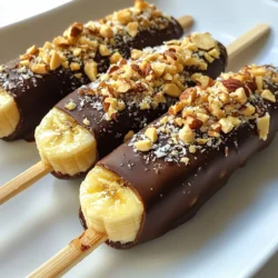 - 3 ripe bananas - 1 cup creamy peanut butter - 1 cup dark chocolate chips - 1 tablespoon coconut oil - 1/2 cup crushed nuts (such as almonds or peanuts) - 1/4 cup shredded coconut (optional) - Popsicle sticks You need just a few simple items to make these treats. Bananas are the star of this recipe. Choose ripe ones; they are sweet and creamy. Next, grab some creamy peanut butter. It adds a rich flavor and smooth texture. Dark chocolate chips give a deep taste that balances the sweetness. To help the chocolate melt smoothly, you need coconut oil. This makes the chocolate glossy and easy to dip. For some crunch, use crushed nuts. Almonds or peanuts work great. If you like, sprinkle some shredded coconut on top for extra flair. Finally, don’t forget the popsicle sticks. They hold everything together and make these pops easy to enjoy. Gather these ingredients, and you are ready to create a sweet treat that everyone will love! {{ingredient_image_2}} To start, peel your ripe bananas. Slice each banana in half crosswise. Now, take a popsicle stick and insert it into the cut end of each banana half. Make sure it goes deep enough. This helps keep the banana from slipping out. Next, line a baking sheet with parchment paper. The paper will catch any drips and make cleanup easy. Place it on a flat surface where you can work without distractions. Now, let’s melt the peanut butter. Use a microwave-safe bowl and heat it for about 30 seconds. Stir it until smooth. You want it to be runny but not too hot. You can also melt it in a small saucepan over low heat. Once the peanut butter is ready, take a spoon or spatula. Use it to coat each banana half with a nice layer of peanut butter. Be generous! Make sure the peanut butter covers all sides. After coating the bananas, arrange them on the baking sheet. Put the baking sheet in the freezer for about 30 minutes. This step helps the peanut butter set. While the bananas chill, melt the dark chocolate chips. Mix in the coconut oil for a nice shine. You can melt the chocolate in the microwave in 30-second bursts or use a double boiler. Keep stirring until it is smooth. Once the bananas are firm, take them out of the freezer. Dip each banana half into the melted chocolate. Make sure to coat them well, up to the stick. Let any extra chocolate drip back into the bowl. While the chocolate is still warm, sprinkle crushed nuts and shredded coconut on top. This is the time to add those tasty toppings! Finally, place the decorated banana pops back on the parchment-lined baking sheet. Return them to the freezer for another 30 minutes. This will help set the chocolate completely. Now, you are ready to enjoy your chocolate peanut butter banana pops! To melt chocolate well, heat it slowly. I like to use the microwave. Here’s how: - Place chocolate chips in a microwave-safe bowl. - Heat for 30 seconds, then stir. - Repeat until the chocolate is smooth. Using coconut oil helps the chocolate stay shiny and smooth. The right temperature counts too. If chocolate gets too hot, it can seize. Keep it below 120°F for best results. Adding toppings can make your pops even better. Here are some great choices: - Crushed Nuts: They add a nice crunch and flavor. Almonds or peanuts work well. - Shredded Coconut: It gives a tropical feel. Use it for extra fun. You can also switch up the nuts you use. Try walnuts or pecans for different flavors. Presentation matters! Here are some ideas to serve your pops: - Use a bright, fun plate. It makes the pops look more inviting. - Drizzle some extra melted chocolate on top for flair. - Place the pops in a glass with ice. This keeps them cold and looks pretty. These ideas help make your treats look as good as they taste! Pro Tips Use Frozen Bananas: For a creamier texture, consider using slightly overripe bananas that have been frozen beforehand. This adds a delightful creaminess to the pops. Experiment with Toppings: Don't hesitate to get creative with your toppings! Try adding mini chocolate chips, sprinkles, or even a drizzle of caramel for added flavor. Chill Your Bowl: Before melting chocolate, chill your mixing bowl in the fridge. This helps keep the chocolate from seizing and makes it easier to work with. Storage Tips: Store any leftover pops in an airtight container in the freezer for up to a week to maintain their freshness and flavor. {{image_4}} You can swap out peanut butter for other nut butters. Almond or cashew butter works great. These options still give a nice creamy texture. You can also choose dairy-free chocolate chips. They melt well and taste amazing. Spices can make your pops pop! Adding a pinch of cinnamon brings warmth. A sprinkle of sea salt can boost the flavor too. You might also try different fruits like strawberries or apples. They add fun and fresh flavors to your pops. If you need gluten-free options, you’re in luck. All the ingredients here are gluten-free. For low-sugar alternatives, consider using sugar-free chocolate chips. This way, you can enjoy a sweet treat without the guilt. To keep your Chocolate Peanut Butter Banana Pops fresh, use an airtight container. This will help prevent freezer burn. You can also wrap each pop in plastic wrap before placing them in the container. For best results, store them in the back of the freezer. This area stays coldest and helps keep their texture nice. These pops can last in the freezer for about two months. After that, they may lose flavor and texture. Signs of spoilage include ice crystals forming on the chocolate or a change in color. If you see these signs, it’s best to toss them out. These pops are best kept in the freezer. If you leave them out, they will melt quickly. You can use these pops in other desserts too. Try blending a frozen pop into a smoothie for a tasty treat. You can even chop them up and add them to yogurt or oatmeal for extra flavor. Yes, you can make these pops ahead of time. I suggest freezing them for later. After coating the bananas in chocolate and toppings, place them in a freezer-safe container. This keeps them fresh and ready to enjoy. You can store them for up to two weeks. Just remember to separate layers with parchment paper. This prevents them from sticking together. Chocolate Peanut Butter Banana Pops have some healthy aspects. Bananas provide potassium and fiber. Peanut butter adds protein and healthy fats. Dark chocolate contains antioxidants too. However, they do have sugar and calories. Enjoy these pops as an occasional treat rather than a daily snack. Balance is key in every diet. To eat these pops, let them sit a minute after removing from the freezer. This allows the chocolate to soften just a bit. Hold the stick and take a big bite. The combination of chocolate, peanut butter, and banana is heavenly! If it melts too fast, enjoy it over a bowl to catch any drips. You learned how to make tasty Chocolate Peanut Butter Banana Pops step by step. From selecting ripe bananas to melting chocolate, each part is easy to follow. Try different toppings and flavors to make your own version. Store your pops well to keep them fresh. With these tips, you can enjoy a fun treat anytime. Enjoy making your own yummy pops!