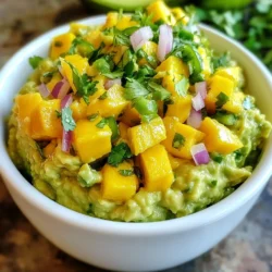 - 2 ripe avocados - 1 ripe mango, finely diced - 1 small red onion, meticulously chopped - 1 jalape&ntilde;o, minced - 2 tablespoons freshly squeezed lime juice - 1/4 cup fresh cilantro, coarsely chopped - Sea salt to taste - Black pepper, freshly ground, to taste To create this zesty mango guacamole, you need fresh, quality ingredients. Start with two ripe avocados. They should feel slightly soft when you press them gently. Next, grab a ripe mango. A good mango is sweet and a bit firm. Finely dice it for the best flavor and texture in your dip. The red onion adds a nice crunch. Chop it small to blend well with the other flavors. For heat, you&rsquo;ll want one jalape&ntilde;o. If you like more spice, leave the seeds in. If not, remove them for a milder taste. Lime juice brightens the dip. Use fresh lime juice for the best taste. Fresh cilantro gives a herbal note. Finally, season with sea salt and freshly ground black pepper. These basic ingredients come together to create a fresh and vibrant dip. Enjoy experimenting with them! {{ingredient_image_2}} - First, take the ripe avocados and slice them in half. - Carefully remove the pit from each half with a spoon or knife. - Use a spoon to scoop out the soft, creamy flesh into a mixing bowl. - Now, take a fork or potato masher to mash the avocados. - If you like a smooth texture, mash well. - For a chunkier dip, leave some lumps in the mix. - Next, fold in the finely diced mango, red onion, and minced jalape&ntilde;o. - Use a spatula to mix gently. Don&rsquo;t over-mash the mango. - Then, drizzle in the fresh lime juice and add the chopped cilantro. - Fold everything together softly to keep the texture nice. - Season your guacamole with a pinch of sea salt and black pepper. - Taste your dip and adjust the salt and pepper as needed. - Let the guacamole rest for about 10 minutes to enhance the flavors. For mashing avocados, I recommend using a fork or a potato masher. These tools let you control the texture. If you want it smooth, mash longer. If you like chunks, stop mashing sooner. To prevent browning, add lime juice right after mashing. The acid slows down oxidation, keeping your guacamole fresh and green. You can add more flavor by mixing in spices. Try a pinch of cumin for warmth or garlic powder for depth. Want to adjust heat? Use less jalape&ntilde;o or choose a milder pepper. You can even add diced bell peppers for sweetness without the heat. For a fun presentation, serve your guacamole in a bright bowl. Garnish it with extra cilantro and lime wedges for color. This dip is best with crispy tortilla chips. Fresh veggie sticks, like carrots and peppers, also pair well. You can create a colorful platter to impress your guests! Pro Tips Choose Ripe Avocados: Ensure your avocados are perfectly ripe for the creamiest texture. They should yield slightly to gentle pressure when squeezed. Adjust the Heat: If you prefer a milder guacamole, remove the seeds and membranes from the jalape&ntilde;o before mincing. This will tone down the spice level. Fresh Lime Juice: Always use freshly squeezed lime juice for the best flavor. Bottled lime juice can taste artificial and less vibrant. Resting Time: Allowing the guacamole to rest for about 10 minutes at room temperature helps the flavors meld together beautifully. Don't skip this step! {{image_4}} You can change the fruit in this dip. Pineapple adds a sweet twist. Peach gives a nice, juicy bite. Both fruits blend well with the creamy avocado. They bring a new taste to the guacamole. Use them just like you would the mango. Dice them up and fold them in for a fruity surprise. The heat in guacamole comes from peppers. Jalape&ntilde;os are common, but you can use others. For less heat, try a poblano. For more heat, go for a serrano. Just remember to taste as you mix. This way, you can find the perfect heat level. If you love spice, add more jalape&ntilde;o or some crushed red pepper. This guacamole is vegan and healthy. You can serve it with gluten-free options too. Use veggies like cucumber and bell pepper for dipping. If you want a creamy twist, add a splash of coconut cream. It keeps the dip light yet flavorful. Enjoy this guacamole with any of your favorite snacks. To keep your guacamole fresh for a few hours, store it in an airtight container. Press plastic wrap directly onto the surface of the guacamole. This helps reduce air exposure and slows browning. You can also add a thin layer of lime juice on top. Lime juice adds flavor while acting as a barrier to air. You can freeze guacamole for longer storage. First, scoop the guacamole into a freezer-safe bag or container. Remove as much air as possible to prevent freezer burn. Label it with the date so you remember when you made it. Guacamole can last up to three months in the freezer. When you want to use frozen guacamole, move it to the fridge to thaw overnight. Once thawed, stir it well. You may need to add a bit more lime juice or seasoning to bring back its flavor. Enjoy your homemade dip with chips or veggies! Yes, you can prepare this guacamole ahead of time. To store it, place the guacamole in an airtight container. Press plastic wrap directly onto the surface to limit air exposure. This helps keep it fresh and green. Store it in the fridge for up to two days. Just before serving, stir it gently. If it looks a bit brown, a splash of lime juice brings back its bright color. If you don&rsquo;t have lime juice, other acids work well. You can use lemon juice for a similar taste. Vinegar, like apple cider or white vinegar, is another option. Each gives a nice tang. Just remember to adjust the amount, as vinegar can be stronger than lime juice. To pick ripe avocados, look for a dark green or almost black skin. Gently press the avocado; it should feel soft but not mushy. If it&rsquo;s firm, it needs more time. If it&rsquo;s very soft, it may be overripe. At the store, check for any dark spots or bruises, which can mean the fruit is past its prime. Making guacamole is simple and fun. We explored the best ingredients, from ripe avocados to fresh jalape&ntilde;os. Following the steps, you can create a smooth or chunky dip that suits your taste. Remember, you can customize with fruits or spices to match your preference. Proper storage ensures your guacamole stays fresh longer. Try out these tips to wow your guests and elevate any meal. Enjoy your creamy, zesty dip with chips or veggies. Now, you have all the tools to make perfect guacamole every time!