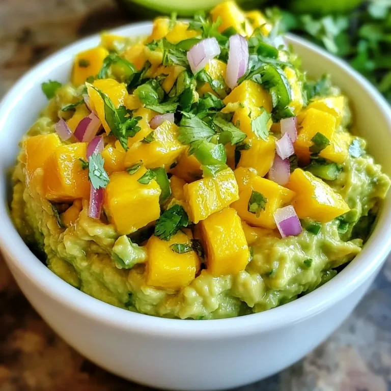 - 2 ripe avocados - 1 ripe mango, finely diced - 1 small red onion, meticulously chopped - 1 jalapeño, minced - 2 tablespoons freshly squeezed lime juice - 1/4 cup fresh cilantro, coarsely chopped - Sea salt to taste - Black pepper, freshly ground, to taste To create this zesty mango guacamole, you need fresh, quality ingredients. Start with two ripe avocados. They should feel slightly soft when you press them gently. Next, grab a ripe mango. A good mango is sweet and a bit firm. Finely dice it for the best flavor and texture in your dip. The red onion adds a nice crunch. Chop it small to blend well with the other flavors. For heat, you’ll want one jalapeño. If you like more spice, leave the seeds in. If not, remove them for a milder taste. Lime juice brightens the dip. Use fresh lime juice for the best taste. Fresh cilantro gives a herbal note. Finally, season with sea salt and freshly ground black pepper. These basic ingredients come together to create a fresh and vibrant dip. Enjoy experimenting with them! {{ingredient_image_2}} - First, take the ripe avocados and slice them in half. - Carefully remove the pit from each half with a spoon or knife. - Use a spoon to scoop out the soft, creamy flesh into a mixing bowl. - Now, take a fork or potato masher to mash the avocados. - If you like a smooth texture, mash well. - For a chunkier dip, leave some lumps in the mix. - Next, fold in the finely diced mango, red onion, and minced jalapeño. - Use a spatula to mix gently. Don’t over-mash the mango. - Then, drizzle in the fresh lime juice and add the chopped cilantro. - Fold everything together softly to keep the texture nice. - Season your guacamole with a pinch of sea salt and black pepper. - Taste your dip and adjust the salt and pepper as needed. - Let the guacamole rest for about 10 minutes to enhance the flavors. For mashing avocados, I recommend using a fork or a potato masher. These tools let you control the texture. If you want it smooth, mash longer. If you like chunks, stop mashing sooner. To prevent browning, add lime juice right after mashing. The acid slows down oxidation, keeping your guacamole fresh and green. You can add more flavor by mixing in spices. Try a pinch of cumin for warmth or garlic powder for depth. Want to adjust heat? Use less jalapeño or choose a milder pepper. You can even add diced bell peppers for sweetness without the heat. For a fun presentation, serve your guacamole in a bright bowl. Garnish it with extra cilantro and lime wedges for color. This dip is best with crispy tortilla chips. Fresh veggie sticks, like carrots and peppers, also pair well. You can create a colorful platter to impress your guests! Pro Tips Choose Ripe Avocados: Ensure your avocados are perfectly ripe for the creamiest texture. They should yield slightly to gentle pressure when squeezed. Adjust the Heat: If you prefer a milder guacamole, remove the seeds and membranes from the jalapeño before mincing. This will tone down the spice level. Fresh Lime Juice: Always use freshly squeezed lime juice for the best flavor. Bottled lime juice can taste artificial and less vibrant. Resting Time: Allowing the guacamole to rest for about 10 minutes at room temperature helps the flavors meld together beautifully. Don't skip this step! {{image_4}} You can change the fruit in this dip. Pineapple adds a sweet twist. Peach gives a nice, juicy bite. Both fruits blend well with the creamy avocado. They bring a new taste to the guacamole. Use them just like you would the mango. Dice them up and fold them in for a fruity surprise. The heat in guacamole comes from peppers. Jalapeños are common, but you can use others. For less heat, try a poblano. For more heat, go for a serrano. Just remember to taste as you mix. This way, you can find the perfect heat level. If you love spice, add more jalapeño or some crushed red pepper. This guacamole is vegan and healthy. You can serve it with gluten-free options too. Use veggies like cucumber and bell pepper for dipping. If you want a creamy twist, add a splash of coconut cream. It keeps the dip light yet flavorful. Enjoy this guacamole with any of your favorite snacks. To keep your guacamole fresh for a few hours, store it in an airtight container. Press plastic wrap directly onto the surface of the guacamole. This helps reduce air exposure and slows browning. You can also add a thin layer of lime juice on top. Lime juice adds flavor while acting as a barrier to air. You can freeze guacamole for longer storage. First, scoop the guacamole into a freezer-safe bag or container. Remove as much air as possible to prevent freezer burn. Label it with the date so you remember when you made it. Guacamole can last up to three months in the freezer. When you want to use frozen guacamole, move it to the fridge to thaw overnight. Once thawed, stir it well. You may need to add a bit more lime juice or seasoning to bring back its flavor. Enjoy your homemade dip with chips or veggies! Yes, you can prepare this guacamole ahead of time. To store it, place the guacamole in an airtight container. Press plastic wrap directly onto the surface to limit air exposure. This helps keep it fresh and green. Store it in the fridge for up to two days. Just before serving, stir it gently. If it looks a bit brown, a splash of lime juice brings back its bright color. If you don’t have lime juice, other acids work well. You can use lemon juice for a similar taste. Vinegar, like apple cider or white vinegar, is another option. Each gives a nice tang. Just remember to adjust the amount, as vinegar can be stronger than lime juice. To pick ripe avocados, look for a dark green or almost black skin. Gently press the avocado; it should feel soft but not mushy. If it’s firm, it needs more time. If it’s very soft, it may be overripe. At the store, check for any dark spots or bruises, which can mean the fruit is past its prime. Making guacamole is simple and fun. We explored the best ingredients, from ripe avocados to fresh jalapeños. Following the steps, you can create a smooth or chunky dip that suits your taste. Remember, you can customize with fruits or spices to match your preference. Proper storage ensures your guacamole stays fresh longer. Try out these tips to wow your guests and elevate any meal. Enjoy your creamy, zesty dip with chips or veggies. Now, you have all the tools to make perfect guacamole every time!