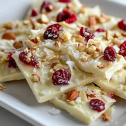 - 12 oz white chocolate chips - 1 cup dried cranberries - 1/2 cup chopped nuts (e.g., pistachios or almonds) - 1/4 cup unsweetened shredded coconut (optional) - 1/4 teaspoon sea salt You can swap white chocolate chips for dark chocolate or even milk chocolate if you prefer. For dried fruits, try using raisins, cherries, or blueberries. If you have nut allergies, you can leave out the nuts or use seeds like pumpkin or sunflower. Choosing the best white chocolate is key. Look for chocolate with a high cocoa butter content for better flavor and texture. Freshness of dried cranberries matters too. If they are too old, they lose flavor and can taste stale. Finally, use good quality nuts and coconut. Fresh nuts add crunch, while fresh coconut enhances the taste and texture of your bark. {{ingredient_image_2}} To start, grab a 9x13 inch baking pan. You need to line it with parchment paper. Leave some paper hanging over the edges. This makes it easy to lift your bark out later. Tips for ensuring easy removal: - Use non-stick parchment for best results. - Press the paper into the corners to avoid air pockets. Next, we melt the white chocolate chips. Use a microwave-safe bowl for this. Microwave on medium power for 30 seconds at a time. Stir the chocolate after each interval. Signs that chocolate is fully melted: - It should look shiny and smooth. - There should be no lumps left. Now, pour the melted white chocolate into the lined pan. Use a spatula to spread it evenly. Make sure it reaches all the corners. How to evenly distribute toppings: - Sprinkle dried cranberries and chopped nuts across the chocolate. - If using shredded coconut, add it now. - Lightly dust with sea salt for extra flavor. Finally, place your pan in the refrigerator. Chill it for about 30 minutes. This helps the white chocolate set properly. Importance of allowing the chocolate to set correctly: - A firm bark is easier to cut. - It helps the toppings stick well. To make your bark smooth, melt the white chocolate slowly. Use medium power in the microwave. Stir every 30 seconds. This helps avoid lumps. Once melted, pour it into the pan right away. To keep toppings in place, press them gently into the chocolate. Use your palm to push them down. This helps them stick when the chocolate sets. For a great display, cut the bark into nice pieces. Arrange them on a colorful platter. You can add more dried cranberries and nuts around the bark. This gives it a festive look. Try using different shapes for the pieces. Squares and rectangles work well, but fun shapes can be a hit, too. Just make sure they fit well on your platter. One big mistake is overheating the chocolate. If it gets too hot, it can become grainy. Always melt it slowly and stir often. Another mistake is skipping the refrigeration step. Chilling the bark helps it set properly. If you rush this step, the bark may fall apart when you cut it. Always wait for it to be firm before you cut and serve. Pro Tips Use High-Quality Chocolate: The better the quality of your white chocolate, the creamier and more flavorful your bark will be. Opt for premium brands for the best results. Customize Your Toppings: Feel free to switch out the cranberries and nuts for your favorite dried fruits and nuts. Try adding dried apricots or cashews for a unique twist! Let It Cool Gradually: After melting the chocolate, allow it to cool slightly before pouring into the pan. This helps to prevent the toppings from sinking too deep. Store Properly: Keep your bark in an airtight container at room temperature for up to a week, or refrigerate it for longer freshness. Just be mindful that refrigeration may affect the texture. {{image_4}} You can add fun flavors to your white chocolate cranberry bark. One way is to mix in extracts. Vanilla or almond extracts bring depth to the taste. Just a few drops make a big difference. Citrus zest also adds a fresh twist. Try orange or lemon zest for a pop of brightness. It pairs nicely with the sweet white chocolate and tart cranberries. If you want to change the toppings, there are many choices. Instead of dried cranberries, try dried cherries or blueberries. They add a different flavor and color to the bark. You can also switch up the nuts. Use chopped pistachios, walnuts, or even pecans. Each nut will change the bark's texture and flavor. For a crunchy bite, consider adding seeds like pumpkin or sunflower seeds. You can make seasonal versions of the bark for the holidays. Add crushed peppermint candies for a festive touch. Use red and green sprinkles for a colorful look. This adds charm to your holiday dessert table. In warmer months, adapt the bark for a summer theme. Swap cranberries for fresh berries like strawberries or raspberries. This creates a bright and fruity treat perfect for warm days. To keep your white chocolate cranberry bark fresh, use an airtight container. I recommend glass or plastic containers. Make sure to separate layers with parchment paper. This prevents sticking and helps maintain texture. How long does white chocolate cranberry bark last? When stored properly, it lasts about two weeks at room temperature. If you keep it in the fridge, it can last up to a month. Look for signs that the bark has gone bad, like a change in color or a weird smell. If you see any white spots, it might be best to toss it. Can you freeze white chocolate cranberry bark? Yes, you can! To properly freeze it, wrap each piece in plastic wrap. Then, place them in a freezer bag. This keeps the bark fresh for up to three months. When you're ready to eat it, let it thaw in the fridge overnight. This slow thaw helps keep the texture nice. You can use dark chocolate chips or milk chocolate chips. Dark chocolate adds a nice richness. For a sweeter touch, milk chocolate works well. You may also try carob chips as a fun alternative. Each of these will change the bark's flavor, but they will still taste great. To make this bark vegan, swap out white chocolate for dairy-free chocolate chips. Look for brands that use coconut or almond milk. You can also use nuts or seeds instead of dairy-based toppings. These swaps keep the bark tasty and friendly for all diets. Absolutely! You can add vanilla extract or almond extract for a sweet twist. Consider mixing in citrus zest, like orange or lemon, for a fresh flavor. You can also use spices like cinnamon or nutmeg for a warm touch. These flavors make the bark extra special. To keep your melted chocolate smooth, use low heat. Always microwave in short bursts, stirring often. If you notice clumps, add a little coconut oil. This helps create a creamy texture. Another trick is to avoid water, as it can cause chocolate to seize. Making white chocolate cranberry bark is fun and easy. I covered the key ingredients, from creamy white chocolate to crunchy nuts. I shared tips for perfect texture and unique flavor variations. You can change toppings or use different chocolates based on your tastes. Remember to store it right to keep it fresh. This treat is great for any occasion. Try making it your way. Enjoy your delicious bark and impress your friends and family!
