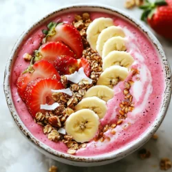 To make a yummy Strawberry Banana Smoothie Bowl, you need: - 2 ripe bananas, peeled and frozen - 1 cup strawberries, hulled and frozen - 1/2 cup almond milk (or any milk of your choice) - 1 tablespoon honey or maple syrup - 1 tablespoon chia seeds - 1/4 teaspoon vanilla extract These fresh ingredients create a smooth, creamy base. Frozen fruit gives it a chill and thick texture. The almond milk helps blend everything well. Sweeteners like honey or maple syrup add a touch of sweetness. Chia seeds boost nutrition and give it a nice texture. You can try some fun twists by adding: - Spinach or kale for added greens - A scoop of protein powder for an extra boost - Greek yogurt for creaminess and protein - Other frozen fruits like mango or blueberries These options let you customize your smoothie bowl. You can make it healthier or change the taste to suit your mood. Don&rsquo;t be afraid to mix and match! To make your smoothie bowl look great and taste even better, top it with: - Fresh strawberries, sliced - Banana slices - Granola for crunch - Coconut flakes for sweetness - Chopped nuts for extra protein Toppings add color and texture. You can arrange them in fun patterns on top. A drizzle of honey or maple syrup can make it even sweeter. Get creative and enjoy your beautiful bowl! {{ingredient_image_2}} Start by gathering your ingredients. You need: - 2 ripe bananas, peeled and frozen - 1 cup strawberries, hulled and frozen - 1/2 cup almond milk (or any milk of your choice) - 1 tablespoon honey or maple syrup - 1 tablespoon chia seeds - 1/4 teaspoon vanilla extract - Toppings: fresh strawberries, sliced; banana slices; granola; coconut flakes; chopped nuts Make sure your bananas and strawberries are frozen. This gives your smoothie bowl a thick and creamy texture. Place the frozen bananas and strawberries into a blender. Add the almond milk, honey or maple syrup, chia seeds, and vanilla extract. Blend all the ingredients on high speed. Keep blending until the mix is smooth and creamy. Pause to scrape down the sides. You want a thick base that holds toppings well. Pour the blended smoothie into a bowl. Now comes the fun part&mdash;decorate your bowl! Start with a swirl of sliced strawberries and banana. Add a sprinkle of granola, coconut flakes, and chopped nuts. These toppings add flavor and texture. For extra sweetness, drizzle more honey or maple syrup on top. Grab a spoon and enjoy your vibrant, tasty smoothie bowl! To get the best texture, use frozen bananas and strawberries. These fruits make your smoothie thick and creamy. Start with two frozen bananas and one cup of frozen strawberries. Add half a cup of almond milk. Blend it all on high speed. If it seems too thick, add a bit more milk. You want a smooth mix that holds toppings without sinking. You can boost the flavor of your smoothie bowl. Try adding one tablespoon of chia seeds for a nutty touch. For sweetness, use a tablespoon of honey or maple syrup. A hint of vanilla extract also adds depth. If you want more fruitiness, consider adding a handful of spinach or kale. These greens blend well and add nutrients without changing the taste much. Making your smoothie bowl look great is fun! Pour the smoothie into a bowl first. Then, slice fresh strawberries and bananas to arrange on top. Add a sprinkle of granola for crunch. Coconut flakes and chopped nuts can add texture too. For a sweet finish, drizzle extra honey or syrup over everything. You can even create patterns with the fruit for a beautiful presentation. Pro Tips Use Fully Ripe Bananas: The riper the bananas, the sweeter and creamier your smoothie bowl will be. Look for bananas with plenty of brown spots for maximum flavor. Experiment with Milk Alternatives: While almond milk is great, feel free to substitute with coconut milk, oat milk, or any other dairy-free option to suit your taste. Chill Your Bowl: For an extra refreshing experience, chill your serving bowl in the freezer for a few minutes before adding the smoothie. This keeps it cool longer! Layer Your Toppings: For a visually appealing bowl, layer your toppings in a circular pattern or in rows. This not only looks great but allows for a mix of flavors in every bite! {{image_4}} You can have fun with your smoothie bowl by using other fruits. Try adding mangoes, blueberries, or peaches. Each fruit brings a new taste and color. You can mix and match to find your favorite flavor. I love using berries for a tart kick or pineapple for a tropical touch. Experiment with seasonal fruits for a fresh twist! To make your smoothie bowl dairy-free, choose almond milk or coconut milk. Both options taste great and keep it creamy. For a vegan sweetener, replace honey with maple syrup or agave nectar. This way, you can enjoy a delicious bowl that fits your diet while still being tasty and satisfying. Want to boost your protein? Add a scoop of protein powder to the mix. Greek yogurt is another great option if you eat dairy. It adds creaminess and protein. You can also sprinkle some chia seeds or hemp seeds on top. They are small but pack a protein punch. These extras will keep you feeling full and energized! If you have any leftover smoothie bowl, store it in the fridge. Use an airtight container. It will stay fresh for about one day. Smoothies taste best when fresh, so eat them soon! You can freeze extra smoothie bowl parts for later use. Freeze ripe bananas and strawberries in a single layer. Once frozen, transfer them to a bag. They can last for up to three months. When you're ready, blend them again for a quick smoothie bowl. Smoothie bowls are best enjoyed cold. If it melts a bit, just stir it well. You can add a splash of almond milk to refresh it. If it&rsquo;s too thick, blend in a bit more milk. Enjoy your delicious bowl just like you made it! Yes, you can easily make a smoothie bowl without dairy. Use almond milk, coconut milk, or oat milk instead. These options keep the smoothie creamy and tasty. They also add different flavors. You can even try fruit juice for a fun twist. To make your smoothie bowl thicker, use frozen fruits like bananas and strawberries. Frozen fruits create a rich texture. You can also add less liquid, like almond milk. Another trick is to mix in chia seeds. They soak up liquid and help thicken your bowl. A strawberry banana smoothie bowl is packed with nutrients. Strawberries offer vitamin C and antioxidants. Bananas provide potassium and fiber. Chia seeds add omega-3 fatty acids and protein. This bowl is a great way to fuel your body with healthy goodness. Your smoothie bowl will last in the fridge for about one day. After that, it may lose its creamy texture. If you want to enjoy it later, store it in an airtight container. Just stir it well before eating to bring back its smoothness. You learned how to make a tasty smoothie bowl from fresh ingredients. We covered the steps for blending, assembling, and garnishing. Tips helped you get the right texture and perfect flavor. You also discovered fun variations to mix it up and storage tips to keep it fresh. Now, you can enjoy delicious smoothie bowls while being creative in your kitchen. Go ahead and try your own twists today!