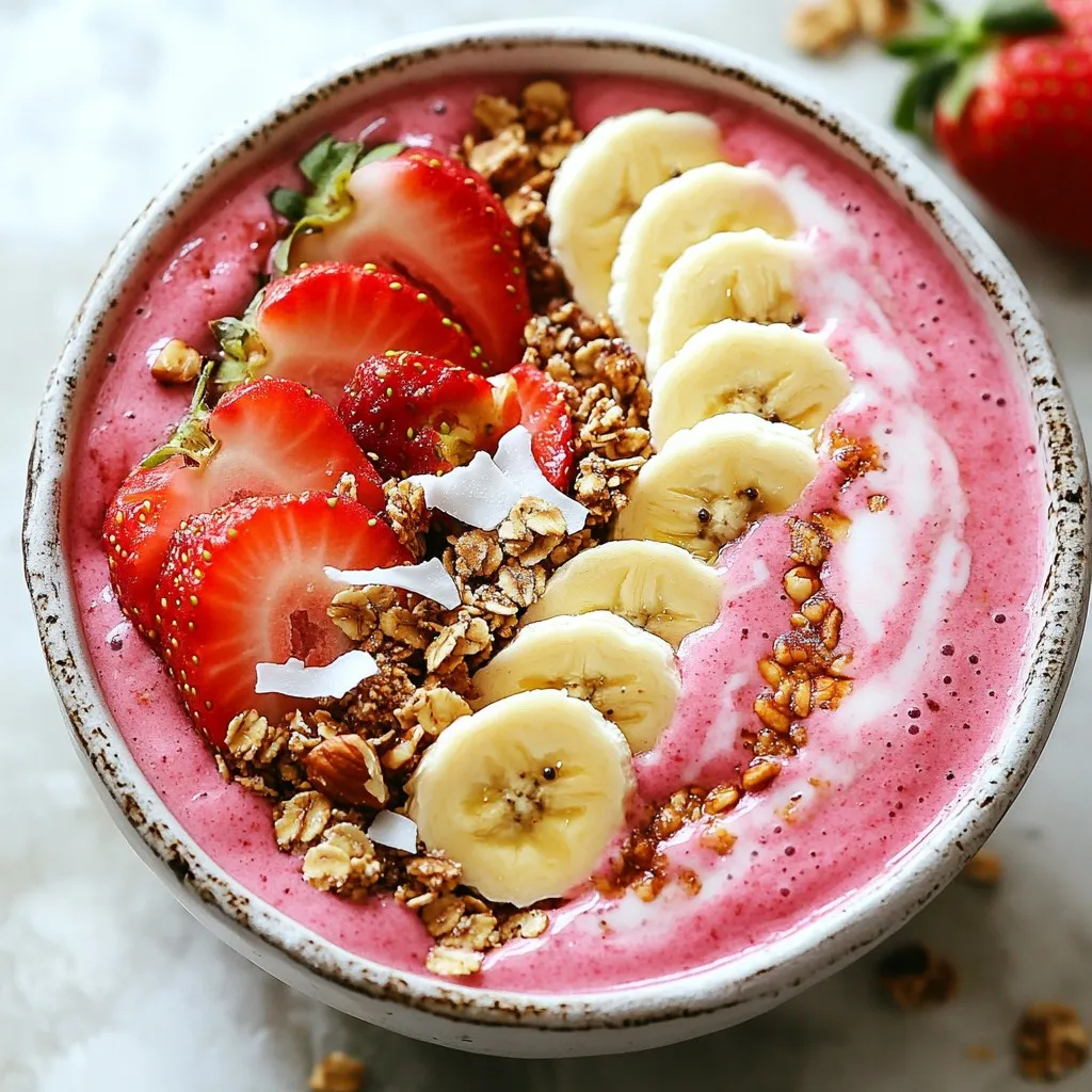 To make a yummy Strawberry Banana Smoothie Bowl, you need: - 2 ripe bananas, peeled and frozen - 1 cup strawberries, hulled and frozen - 1/2 cup almond milk (or any milk of your choice) - 1 tablespoon honey or maple syrup - 1 tablespoon chia seeds - 1/4 teaspoon vanilla extract These fresh ingredients create a smooth, creamy base. Frozen fruit gives it a chill and thick texture. The almond milk helps blend everything well. Sweeteners like honey or maple syrup add a touch of sweetness. Chia seeds boost nutrition and give it a nice texture. You can try some fun twists by adding: - Spinach or kale for added greens - A scoop of protein powder for an extra boost - Greek yogurt for creaminess and protein - Other frozen fruits like mango or blueberries These options let you customize your smoothie bowl. You can make it healthier or change the taste to suit your mood. Don’t be afraid to mix and match! To make your smoothie bowl look great and taste even better, top it with: - Fresh strawberries, sliced - Banana slices - Granola for crunch - Coconut flakes for sweetness - Chopped nuts for extra protein Toppings add color and texture. You can arrange them in fun patterns on top. A drizzle of honey or maple syrup can make it even sweeter. Get creative and enjoy your beautiful bowl! {{ingredient_image_2}} Start by gathering your ingredients. You need: - 2 ripe bananas, peeled and frozen - 1 cup strawberries, hulled and frozen - 1/2 cup almond milk (or any milk of your choice) - 1 tablespoon honey or maple syrup - 1 tablespoon chia seeds - 1/4 teaspoon vanilla extract - Toppings: fresh strawberries, sliced; banana slices; granola; coconut flakes; chopped nuts Make sure your bananas and strawberries are frozen. This gives your smoothie bowl a thick and creamy texture. Place the frozen bananas and strawberries into a blender. Add the almond milk, honey or maple syrup, chia seeds, and vanilla extract. Blend all the ingredients on high speed. Keep blending until the mix is smooth and creamy. Pause to scrape down the sides. You want a thick base that holds toppings well. Pour the blended smoothie into a bowl. Now comes the fun part—decorate your bowl! Start with a swirl of sliced strawberries and banana. Add a sprinkle of granola, coconut flakes, and chopped nuts. These toppings add flavor and texture. For extra sweetness, drizzle more honey or maple syrup on top. Grab a spoon and enjoy your vibrant, tasty smoothie bowl! To get the best texture, use frozen bananas and strawberries. These fruits make your smoothie thick and creamy. Start with two frozen bananas and one cup of frozen strawberries. Add half a cup of almond milk. Blend it all on high speed. If it seems too thick, add a bit more milk. You want a smooth mix that holds toppings without sinking. You can boost the flavor of your smoothie bowl. Try adding one tablespoon of chia seeds for a nutty touch. For sweetness, use a tablespoon of honey or maple syrup. A hint of vanilla extract also adds depth. If you want more fruitiness, consider adding a handful of spinach or kale. These greens blend well and add nutrients without changing the taste much. Making your smoothie bowl look great is fun! Pour the smoothie into a bowl first. Then, slice fresh strawberries and bananas to arrange on top. Add a sprinkle of granola for crunch. Coconut flakes and chopped nuts can add texture too. For a sweet finish, drizzle extra honey or syrup over everything. You can even create patterns with the fruit for a beautiful presentation. Pro Tips Use Fully Ripe Bananas: The riper the bananas, the sweeter and creamier your smoothie bowl will be. Look for bananas with plenty of brown spots for maximum flavor. Experiment with Milk Alternatives: While almond milk is great, feel free to substitute with coconut milk, oat milk, or any other dairy-free option to suit your taste. Chill Your Bowl: For an extra refreshing experience, chill your serving bowl in the freezer for a few minutes before adding the smoothie. This keeps it cool longer! Layer Your Toppings: For a visually appealing bowl, layer your toppings in a circular pattern or in rows. This not only looks great but allows for a mix of flavors in every bite! {{image_4}} You can have fun with your smoothie bowl by using other fruits. Try adding mangoes, blueberries, or peaches. Each fruit brings a new taste and color. You can mix and match to find your favorite flavor. I love using berries for a tart kick or pineapple for a tropical touch. Experiment with seasonal fruits for a fresh twist! To make your smoothie bowl dairy-free, choose almond milk or coconut milk. Both options taste great and keep it creamy. For a vegan sweetener, replace honey with maple syrup or agave nectar. This way, you can enjoy a delicious bowl that fits your diet while still being tasty and satisfying. Want to boost your protein? Add a scoop of protein powder to the mix. Greek yogurt is another great option if you eat dairy. It adds creaminess and protein. You can also sprinkle some chia seeds or hemp seeds on top. They are small but pack a protein punch. These extras will keep you feeling full and energized! If you have any leftover smoothie bowl, store it in the fridge. Use an airtight container. It will stay fresh for about one day. Smoothies taste best when fresh, so eat them soon! You can freeze extra smoothie bowl parts for later use. Freeze ripe bananas and strawberries in a single layer. Once frozen, transfer them to a bag. They can last for up to three months. When you're ready, blend them again for a quick smoothie bowl. Smoothie bowls are best enjoyed cold. If it melts a bit, just stir it well. You can add a splash of almond milk to refresh it. If it’s too thick, blend in a bit more milk. Enjoy your delicious bowl just like you made it! Yes, you can easily make a smoothie bowl without dairy. Use almond milk, coconut milk, or oat milk instead. These options keep the smoothie creamy and tasty. They also add different flavors. You can even try fruit juice for a fun twist. To make your smoothie bowl thicker, use frozen fruits like bananas and strawberries. Frozen fruits create a rich texture. You can also add less liquid, like almond milk. Another trick is to mix in chia seeds. They soak up liquid and help thicken your bowl. A strawberry banana smoothie bowl is packed with nutrients. Strawberries offer vitamin C and antioxidants. Bananas provide potassium and fiber. Chia seeds add omega-3 fatty acids and protein. This bowl is a great way to fuel your body with healthy goodness. Your smoothie bowl will last in the fridge for about one day. After that, it may lose its creamy texture. If you want to enjoy it later, store it in an airtight container. Just stir it well before eating to bring back its smoothness. You learned how to make a tasty smoothie bowl from fresh ingredients. We covered the steps for blending, assembling, and garnishing. Tips helped you get the right texture and perfect flavor. You also discovered fun variations to mix it up and storage tips to keep it fresh. Now, you can enjoy delicious smoothie bowls while being creative in your kitchen. Go ahead and try your own twists today!