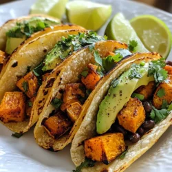 To make smoky sweet potato tacos, you need simple and fresh ingredients. Each ingredient adds a unique taste and texture. Here&rsquo;s what you will need: - 2 medium sweet potatoes, peeled and cut into 1/2-inch cubes - 1 tablespoon extra virgin olive oil - 1 teaspoon smoked paprika - 1 teaspoon ground cumin - &frac12; teaspoon garlic powder - Salt and freshly ground black pepper to taste - 8 small corn tortillas - 1 cup canned black beans, rinsed and drained - 1 ripe avocado, pitted and sliced - &frac14; cup fresh cilantro, finely chopped - 1 lime, cut into wedges - Optional: &frac12; cup crumbled feta cheese or queso fresco These ingredients blend together to create a great flavor. Sweet potatoes bring sweetness and creaminess. Olive oil helps with roasting. Smoked paprika and cumin give the dish its smoky depth. Black beans add protein and texture. Avocado adds creaminess, while lime and cilantro bring freshness. You can even top with feta cheese for an added zing. Make sure to use fresh ingredients for the best taste. Each component works in harmony to create a delicious taco experience. Enjoy preparing this dish! {{ingredient_image_2}} 1. Preheating the oven First, I set my oven to 400&deg;F (200&deg;C). This temperature helps the sweet potatoes roast perfectly. 2. Preparing sweet potatoes I peel and cut two medium sweet potatoes into 1/2-inch cubes. This size helps them cook evenly. 3. Seasoning the sweet potatoes In a large bowl, I mix the sweet potato cubes with 1 tablespoon of olive oil, 1 teaspoon of smoked paprika, 1 teaspoon of ground cumin, &frac12; teaspoon of garlic powder, and salt and pepper. I make sure every piece gets a nice coating. 1. Roasting sweet potatoes I spread the seasoned sweet potatoes on a baking sheet in a single layer. I roast them for 25-30 minutes. Halfway through, I turn them for even cooking. They should be tender and caramelized. 2. Warming tortillas While the sweet potatoes roast, I heat a dry skillet over medium heat. I warm 8 small corn tortillas for about 30 seconds on each side. This makes them soft and easy to fold. 1. Layering ingredients Once the sweet potatoes finish roasting, I take them out and get ready to assemble. I place a generous spoonful of sweet potatoes on each tortilla. Then, I add a layer of black beans, which I rinse and drain first. 2. Adding toppings I slice a ripe avocado and add it on top of the beans. I sprinkle fresh cilantro over everything for a burst of flavor. If I want extra richness, I crumble feta or queso fresco on top. Finally, I serve lime wedges on the side, so everyone can add fresh lime juice. To get the best texture and flavor from sweet potatoes, start by cutting them into 1/2-inch cubes. This size cooks evenly. Toss them with olive oil, smoked paprika, ground cumin, garlic powder, salt, and pepper. Mix well to coat all pieces. Roast them at 400&deg;F for 25-30 minutes. Turn them halfway through for even cooking. Look for a tender inside and caramelized edges. This brings out their natural sweetness and adds depth. Warm your corn tortillas for the best taste. Heat a dry skillet over medium heat. Place a tortilla on the skillet for about 30 seconds. Flip it over and warm for another 30 seconds. This makes them soft and pliable. Keep them warm by wrapping them in a clean kitchen towel. This way, they stay fresh while you prepare the rest. When serving your tacos, presentation matters. Arrange them on a bright platter. Garnish with lime wedges and extra cilantro for color. This makes the dish look appealing and fresh. Consider pairing the tacos with a colorful salad or some rice and beans for a complete meal. This way, you create a delicious and filling dining experience. Pro Tips Choose the Right Sweet Potatoes: Opt for firm, smooth-skinned sweet potatoes for the best texture and flavor in your tacos. Customize Your Spice Level: Adjust the amount of smoked paprika and cumin based on your personal preference for heat and smokiness. Warm Tortillas Effectively: Consider wrapping your tortillas in foil and placing them in the oven for a few minutes to warm them evenly. Fresh Ingredients Matter: Using fresh lime and cilantro will enhance the overall flavor of your tacos, making them more vibrant and delicious. {{image_4}} You can easily switch up ingredients in these tacos. Try using butternut squash or zucchini instead of sweet potatoes. Both add great flavor and texture. You can also use chickpeas or tofu for a different protein. This keeps your meal fresh and exciting. If you want to make these tacos vegan, simply skip the cheese or use a vegan cheese option. For gluten-free tacos, swap corn tortillas for gluten-free ones. Many brands offer good choices that taste great. These small changes help everyone enjoy the meal. Want to add a kick? A splash of your favorite hot sauce works wonders. You can also mix in spicy peppers with the roasted sweet potatoes for more heat. If you love cheese, crumbled feta or queso fresco adds a creamy touch. You can even try pepper jack cheese for a spicy twist. These enhancements make each bite more delicious! To store your smoky sweet potato tacos, start by letting them cool down. Place leftover tacos in an airtight container. If you can, separate the ingredients. This keeps them fresh longer. You can refrigerate the tacos for up to three days. To reheat, use a skillet over medium heat. Warm each taco for about two to three minutes on each side. This keeps the tortillas soft and the filling warm. If you want to freeze the components, do it separately. First, cool the roasted sweet potatoes and black beans. Place them in freezer bags or containers. Squeeze out the air before sealing. You can freeze them for up to three months. When ready to eat, let them thaw in the fridge overnight. Reheat in a skillet or microwave. Warm the tortillas just before serving. This way, you enjoy fresh-tasting tacos anytime! To make smoky sweet potato tacos vegan, simply skip the optional cheese. The rest of the recipe is already plant-based. Use corn tortillas, which are usually vegan. You can also add more veggies for extra taste. Try using a vegan sour cream or a cashew cream as a topping for creaminess. Yes, you can prepare the sweet potatoes in advance. You can cube and season them a day before. Store them in an airtight container in the fridge. When you are ready to cook, just roast them. This saves time and makes dinner easy. Serve smoky sweet potato tacos with a fresh salad or a side of rice. A zesty slaw adds crunch. You can also add chips and salsa for a fun snack. Fresh lime wedges give a nice kick to your meal. Yes, there are gluten-free tortilla options. Look for corn tortillas, as they are usually gluten-free. Many brands offer gluten-free flour tortillas too. Always check the label to be sure they meet your needs. This blog post covered how to make delicious smoky sweet potato tacos. You learned about key ingredients and how to prepare them step by step. I shared tips for perfecting the dish and offered variations to suit different tastes and diets. These tacos are easy to make and always a hit at meals. Experiment with flavors and toppings. Enjoy crafting this tasty dish that everyone will love!