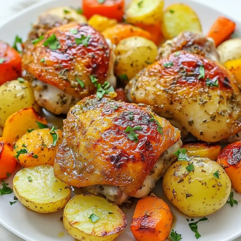 - 4 bone-in, skin-on chicken thighs - 2 tablespoons extra virgin olive oil - 1 tablespoon fresh rosemary, finely chopped - 1 tablespoon fresh thyme, finely chopped - 1 tablespoon fresh parsley, finely chopped - 3 cloves garlic, minced - Zest and juice of 1 lemon - 2 cups baby potatoes, halved - 1 red bell pepper, diced - 1 yellow onion, cut into wedges - 2 carrots, sliced into ½-inch rounds - 1 teaspoon kosher salt - ½ teaspoon freshly ground black pepper Gather these ingredients for a tasty and healthy meal. Each item plays a role in making your chicken and veggies flavorful. Fresh herbs add bright notes. Lemon juice gives a nice zing. The chicken thighs provide rich taste and texture. Baby potatoes and colorful veggies round out your dish. When you roast them, they become tender and sweet. All these elements come together to create a satisfying dinner. {{ingredient_image_2}} - Preheat oven to 425°F (220°C). - Create herb marinade by mixing olive oil, rosemary, thyme, parsley, garlic, lemon zest, lemon juice, salt, and pepper in a bowl. - Pat chicken thighs dry with paper towels. This helps the skin get crispy. - Place chicken in a bowl or bag. Pour half of the herb marinade over the chicken. Make sure each piece is coated well. - In another bowl, combine halved baby potatoes, diced red bell pepper, onion wedges, and sliced carrots. - Drizzle the reserved herb marinade over the veggies. Toss them gently to coat. - Arrange chicken thighs skin-side up on a baking sheet. Scatter the coated veggies around the chicken. - Roast in the oven for 35-40 minutes. The chicken should be golden brown and reach 165°F (75°C). - For extra crispiness, switch to broil for 2-3 minutes. Watch closely to avoid burning. - Remove the baking sheet and let chicken rest for about 5 minutes before serving. Garnish with fresh parsley for a nice touch. To get crispy chicken skin, start by patting the chicken dry. This helps the skin crisp up nicely in the oven. If the skin is wet, it will steam instead. You want that golden, crunchy texture! Next, use a high oven temperature. Preheat your oven to 425°F (220°C). This heat helps the chicken cook quickly and get that crispy skin. Marinating the chicken is key for great flavor. Aim for at least 30 minutes, but you can marinate it for a few hours. The longer it sits, the more the chicken absorbs the tasty herbs and lemon. Balancing herbs and acidity is also important. Fresh herbs like rosemary, thyme, and parsley add a nice touch. Lemon juice gives a bright flavor. This mix makes each bite pop! When serving, you can keep it simple. Serve the chicken and veggies right from the baking sheet. This adds a rustic charm to your meal. For a fancier look, plate the chicken and veggies separately. Drizzle any leftover juices over the top. This adds flavor and keeps the dish moist. Finally, add a lemon wedge on the side. It gives a nice burst of flavor and looks great! Pro Tips Pat the Chicken Dry: Ensure you pat the chicken thighs dry with paper towels before marinating. This step helps achieve a crispier skin when roasting. Mix in Fresh Herbs: For a more intense flavor, consider adding a variety of fresh herbs like oregano or basil to the marinade alongside the rosemary, thyme, and parsley. Use a Meat Thermometer: Always use a meat thermometer to check the internal temperature of the chicken. It should reach 165°F (75°C) for safe consumption and optimal juiciness. Rest Before Serving: Allow the chicken to rest for at least 5 minutes after roasting. This resting period helps the juices redistribute, making the meat more tender and flavorful. {{image_4}} You can switch up the veggies in this dish. Seasonal veggies add fresh flavor. Try zucchini, asparagus, or mushrooms. Using root vegetables like sweet potatoes, parsnips, or turnips brings out natural sweetness. Want to spice things up? Adding spices like paprika or cumin can change the taste. These spices offer warmth and depth. You can also use citrus. Orange or lime juice gives a bright, zesty kick. If you want to change the protein, chicken breasts or drumsticks work well. They cook nicely and stay juicy. You could also try other meats. Pork or turkey can be great alternatives for this dish. - Store leftovers in an airtight container. - Let the chicken cool before sealing. - Keep it in the fridge for up to 3 days. - Reheat leftovers in the oven for best results. - Use a temperature of 350°F (175°C) for reheating. - Heat until the chicken reaches 165°F (75°C) again. - To freeze, cool the chicken and veggies completely. - Place them in freezer-safe bags or containers. - Remove as much air as possible to prevent freezer burn. - They can last for up to 3 months in the freezer. - Thaw overnight in the fridge before using. - Reheat as you would with fresh chicken and veggies. - In the fridge, expect the chicken to last about 3 days. - Check for any off odors or discoloration as signs of spoilage. - If the chicken feels slimy, it’s best to discard it. - Always trust your senses; if it seems off, throw it away. You can serve many tasty sides with herb roasted chicken and veggies. Here are some ideas: - Creamy mashed potatoes - Crisp green salad - Fluffy rice or quinoa - Roasted or steamed broccoli - Warm crusty bread For sauces, consider these options: - Tangy lemon sauce - Rich gravy - Fresh herb sauce - Garlic yogurt sauce To ensure chicken is safe to eat, check its internal temperature. The chicken must reach 165°F (75°C). Use a meat thermometer to get this reading. Insert the thermometer into the thickest part of the thigh, avoiding the bone. You can also check for doneness by cutting into the chicken. The juices should run clear. If the meat is pink, it needs more time to cook. Yes, you can prepare herb roasted chicken and veggies ahead of time. Marinate the chicken for up to 24 hours in the fridge. This helps the flavors soak in. For meal prep, you can chop the veggies one day before. Store them in an airtight container in the fridge. This makes cooking easier on busy nights. This blog post covers everything you need for a delicious Herb Roasted Chicken. We explored key ingredients, simple steps, and tips for the best results. Remember to keep your chicken dry for crispy skin and feel free to switch up veggies or proteins for variety. With easy storage tips, you can savor leftovers later. Cooking is fun, and this dish is a great choice for any meal. Enjoy making this tasty, healthy dinner!