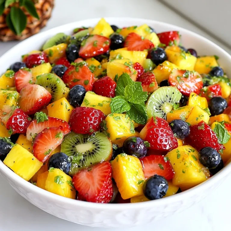 - 1 cup fresh strawberries, hulled and halved - 1 cup plump blueberries - 1 cup ripe pineapple, diced - 1 cup kiwi, peeled and sliced into rounds - 1 cup juicy mango, diced - 2 tablespoons natural honey - 2 tablespoons freshly squeezed lime juice - Zest of 1 lime, finely grated - Fresh mint leaves for garnish When I make my Honey Lime Fruit Salad, I love to start with fresh fruits. They bring color and sweetness. Strawberries, blueberries, pineapple, kiwi, and mango create a tasty mix. Each fruit has its own flavor, and together they shine. The dressing is simple but magical. I whisk honey, lime juice, and lime zest in a small bowl. This adds a sweet and tangy kick. The honey and lime juice balance well, making the fruit taste even better. To finish, I add fresh mint leaves on top. They give a pop of green and a fresh smell. Mint also makes the salad look pretty. This dish is not just a treat for your taste buds; it is a feast for your eyes, too! {{ingredient_image_2}} - Combine the hulled strawberries, blueberries, diced pineapple, sliced kiwi, and diced mango. - Gently toss the fruits together to mix. To prepare the fruit, start with fresh, ripe options. I recommend using berries that are sweet and firm. Rinse the strawberries and slice them in half. Blueberries should be plump and vibrant. Diced pineapple adds a nice tropical note. Don't forget the kiwi; its green color gives great contrast. The juicy mango adds sweetness and richness. Toss these fruits lightly to keep them from bruising. - Whisk together honey, lime juice, and lime zest until smooth. For the dressing, you need natural honey for sweetness. Fresh lime juice adds a zesty kick, while lime zest boosts the flavor. I love using a small bowl to whisk these together. Make sure the mixture is smooth. This dressing will bring all the fruit flavors together. - Drizzle the dressing over the fruit mix and gently fold to coat. - Chill in the refrigerator for flavor melding. - Stir and garnish with fresh mint before serving. Once you have your fruit and dressing ready, it's time to combine them. Drizzle the honey lime dressing over the fruit salad. Gently fold the mixture to coat each piece of fruit. This step is important to ensure every bite is flavorful. Cover the bowl and chill it in the fridge for about 15 minutes. This allows the flavors to meld beautifully. Before serving, stir the salad again. Add fresh mint on top for a pop of color and fresh aroma. Use ripe fruits for maximum flavor and juiciness. Fresh strawberries, blueberries, pineapple, kiwi, and mango work best. Look for bright colors and firm textures. Ripe fruits not only taste great but also add a nice look to the salad. When you pick your fruits, make sure they smell sweet. This is a sign they are fresh and ready to eat. Allow the salad to chill for longer if possible for deeper flavor infusion. Once you mix the dressing with the fruits, cover the bowl and let it sit in the fridge. A chill time of at least 30 minutes is ideal. This process helps the fruits soak up the honey-lime dressing. The longer the salad sits, the better the flavors blend. Serve in a clear bowl to showcase the vibrant colors of the fruits. A glass bowl lets the bright reds, yellows, and greens shine. You can also layer the fruits for a beautiful effect. Add fresh mint leaves on top for a pop of color and a fresh smell. A lovely presentation makes this salad even more tempting. Pro Tips Choose Ripe Fruits: Select fruits that are in season and perfectly ripe for the best flavor and sweetness. Adjust Sweetness: Depending on your taste preference, you can add more honey or reduce it for a less sweet salad. Fresh Mint for Aroma: Use fresh mint leaves for garnish as they not only add color but also a refreshing aroma to the dish. Chill Before Serving: Allow the fruit salad to chill for at least 15 minutes to enhance the flavors and make it more refreshing. {{image_4}} To give your Honey Lime Fruit Salad a tropical twist, consider adding diced papaya or coconut flakes. These ingredients bring a new flavor and texture. Papaya adds sweetness, while coconut gives a nice crunch. This mix makes your salad feel like a vacation in a bowl. If you love berries, a berry blast is a great idea. You can include raspberries or blackberries for extra flavor. These berries add a tartness that balances the sweet honey and lime. Plus, they bring vibrant color to your salad. Your guests will love the added pop of taste. For those wanting more protein, try mixing in some yogurt or cottage cheese. This addition makes your salad heartier and more filling. Yogurt adds creaminess, while cottage cheese gives a nice texture. It’s an easy way to turn a light dish into a more satisfying meal. After making the honey lime fruit salad, cover it well. Place it in the refrigerator. It will stay fresh for up to 2 days. Keeping it covered helps maintain its taste and texture. To keep the fruits fresh, do not add the dressing until you are ready to serve. This step stops the fruits from getting soggy. You want each piece to stay firm and juicy. It makes a big difference in your salad's crispness. I do not recommend freezing this salad. Freezing changes the texture of the fruit. When thawed, fruits can become mushy and unappealing. Enjoy this salad fresh for the best flavor and feel. Yes, feel free to experiment with your favorite seasonal fruits. You can add fruits like bananas, cherries, or even peaches. Each fruit brings its own taste and texture. Mixing different fruits keeps the salad fresh and exciting. I love using what’s in season for the best flavor. You can make the dressing healthier by substituting honey with agave syrup or a sugar-free sweetener. Both options work well and keep the sweetness. This change can help lower calories while still tasting great. You can also adjust the lime juice to your liking for a tangy kick. It's best made fresh but can be prepared a few hours ahead of time. If you do make it early, keep the dressing separate until serving. This helps the fruits stay crisp and fresh. Chilling the salad enhances the flavors, so it still tastes amazing when you serve it. This blog post shared a simple and tasty Honey Lime Fruit Salad recipe. We explored fresh fruits like strawberries, blueberries, and mangoes. You learned how to create a tasty dressing with honey and lime. We went through tips for choosing fruits and enhancing flavors, along with storage and variations. In final thoughts, enjoy experimenting with different fruits and flavors. This salad is fun to make and even better to share!