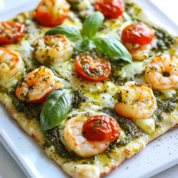 - 1 pound large shrimp, peeled and deveined - 1 store-bought flatbread (or homemade, if preferred) - 1/2 cup basil pesto - 1 cup cherry tomatoes, halved - 1/2 cup mozzarella cheese, shredded - 1/4 cup grated Parmesan cheese - 2 tablespoons olive oil - 2 cloves garlic, minced - Salt and pepper to taste - Fresh basil leaves for garnish I love the simple yet bold flavors of this dish. Large shrimp are my go-to protein for this flatbread. They cook quickly and taste amazing with the pesto. You can use store-bought flatbread to save time. If you want, making your own can be fun, too! Basil pesto adds a bright and fresh taste. I often use store-bought for ease, but homemade is a treat. Cherry tomatoes bring a sweet burst of flavor and color. They look great against the green pesto. For cheesy goodness, I use mozzarella and Parmesan. They melt beautifully and add a rich taste. Don't forget the olive oil and garlic! They add depth to the shrimp. A sprinkle of salt and pepper brings it all together. Finally, fresh basil leaves make the dish look and taste even better. You’ll love how easy and tasty this flatbread is! {{ingredient_image_2}} - Preheat the oven to 400°F (200°C). - In a large skillet, warm 2 tablespoons of olive oil over medium heat. - Add 2 cloves of minced garlic and sauté for about 1 minute. The garlic should smell good but not burn. - Add 1 pound of peeled and deveined shrimp to the skillet. - Sprinkle with salt and pepper. Cook for 2-3 minutes on each side. - The shrimp should turn pink and opaque when done. Remove from heat and set aside. - Lay the store-bought flatbread on a baking sheet. - Spread 1/2 cup of basil pesto evenly over the flatbread. - Layer the cooked shrimp on top, then add 1 cup of halved cherry tomatoes. - Finish with 1/2 cup of shredded mozzarella cheese and sprinkle with 1/4 cup of grated Parmesan. - Place the flatbread in the preheated oven. - Bake for 10-12 minutes until the cheese is melted and golden. - Carefully remove from the oven and let it cool for a few minutes. - Slice into portions and garnish with fresh basil leaves. To avoid overcooking shrimp, watch the color. Cook until they turn pink and opaque. This usually takes about 2-3 minutes per side. If you see them curl tightly, they are likely overcooked. Even cheese distribution is key for the best flavor. Spread mozzarella and Parmesan evenly. This ensures every bite is cheesy and delicious. Ideal pairings for pesto shrimp flatbread include a simple salad or roasted veggies. A crisp green salad can balance the dish. Try pairing it with a light vinaigrette for freshness. For presentation, serve the flatbread on a wooden board or a colorful platter. Garnish with fresh basil leaves and a drizzle of olive oil. This adds color and a touch of elegance. To store leftovers, place flatbread in an airtight container. Keep it in the fridge for up to three days. For reheating, use an oven or toaster oven. Preheat to 350°F (175°C) and bake for about 5-7 minutes. This keeps the flatbread crispy and the cheese melty. Pro Tips Perfectly Cooked Shrimp: Pay close attention while cooking the shrimp. They cook quickly and should turn pink and opaque without becoming rubbery. Aim for about 2-3 minutes per side. Custom Flatbread: Feel free to personalize your flatbread by using different toppings like bell peppers, spinach, or olives. The possibilities are endless! Cheese Choices: For a more gourmet flavor, consider mixing different cheeses such as goat cheese or feta along with mozzarella for a unique taste. Serving Suggestion: Drizzle your baked flatbread with balsamic glaze or a squeeze of lemon juice right before serving for an extra layer of flavor. {{image_4}} You can easily change the main protein in this dish. Instead of shrimp, try chicken or tofu. Both options work well with pesto. For more color and taste, add veggies like spinach or bell peppers. These swaps make the flatbread fun and new each time. To boost flavor, sprinkle in some red pepper flakes or Italian herbs. These spices add a nice kick. You can also jazz up your pesto. Try adding nuts like pine nuts or walnuts. You might even want to swap in a different cheese, like feta or pecorino, for a unique twist. Flatbread isn’t your only choice. You can use naan or pita bread for a change. These breads have their own great taste and texture. If you need a gluten-free option, look for specific gluten-free flatbreads. These alternatives fit well and keep the dish delicious. This recipe serves 2 to 4 people. Each serving has about 400 calories. You get around 30 grams of protein per serving. The fat content is roughly 20 grams. Each serving includes about 25 grams of carbs and 2 grams of fiber. Shrimp is a great source of lean protein. It also has omega-3 fatty acids. These fats can help your heart. Pesto, made from basil, adds healthy fats from olive oil and nuts. Fresh basil is packed with vitamins A, C, and K. Using fresh ingredients boosts flavor and nutrition. They also help keep your meals bright and tasty. I recommend using large shrimp for this flatbread. They cook well and give a nice bite. Look for shrimp that are fresh or frozen and peeled. Wild-caught shrimp often taste better, but farmed shrimp works too. Just make sure they are deveined to save you time. Yes, you can easily make this flatbread vegetarian. Just skip the shrimp and add more vegetables instead. You can use bell peppers, spinach, or even zucchini. These veggies will add great flavor and color to your dish. Making homemade pesto is simple. You need fresh basil, garlic, olive oil, nuts, and cheese. Blend these together until smooth. Here’s a quick recipe: - 2 cups fresh basil leaves - 1/2 cup olive oil - 1/4 cup pine nuts or walnuts - 2 cloves garlic - 1/2 cup grated Parmesan cheese - Salt and pepper to taste Blend everything in a food processor until smooth. Several sides go well with this flatbread. A simple side salad with greens and vinaigrette is great. You can also serve it with roasted vegetables or a light pasta dish. Garlic bread is another tasty option. You can prepare the flatbread ahead of time. Cook the shrimp and gather all the ingredients. Assemble it and keep it covered in the fridge. When you are ready to eat, just bake it for a few minutes until hot and bubbly. Enjoy your meal! This recipe for Pesto Shrimp Flatbread combined simple steps with fresh ingredients. You learned how to prepare the shrimp, assemble the flatbread, and bake it perfectly. The tips helped ensure great taste and presentation, while the variations let you customize your dish. Incorporating fresh, healthy ingredients makes this meal a favorite. Enjoy making it your own, and share with family and friends for a tasty experience.