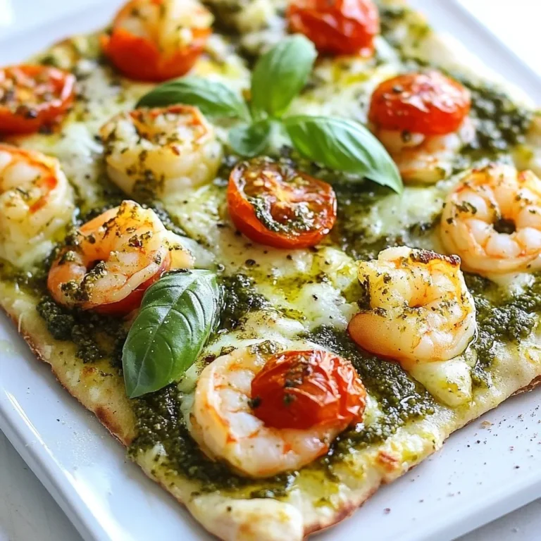 - 1 pound large shrimp, peeled and deveined - 1 store-bought flatbread (or homemade, if preferred) - 1/2 cup basil pesto - 1 cup cherry tomatoes, halved - 1/2 cup mozzarella cheese, shredded - 1/4 cup grated Parmesan cheese - 2 tablespoons olive oil - 2 cloves garlic, minced - Salt and pepper to taste - Fresh basil leaves for garnish I love the simple yet bold flavors of this dish. Large shrimp are my go-to protein for this flatbread. They cook quickly and taste amazing with the pesto. You can use store-bought flatbread to save time. If you want, making your own can be fun, too! Basil pesto adds a bright and fresh taste. I often use store-bought for ease, but homemade is a treat. Cherry tomatoes bring a sweet burst of flavor and color. They look great against the green pesto. For cheesy goodness, I use mozzarella and Parmesan. They melt beautifully and add a rich taste. Don't forget the olive oil and garlic! They add depth to the shrimp. A sprinkle of salt and pepper brings it all together. Finally, fresh basil leaves make the dish look and taste even better. You’ll love how easy and tasty this flatbread is! {{ingredient_image_2}} - Preheat the oven to 400°F (200°C). - In a large skillet, warm 2 tablespoons of olive oil over medium heat. - Add 2 cloves of minced garlic and sauté for about 1 minute. The garlic should smell good but not burn. - Add 1 pound of peeled and deveined shrimp to the skillet. - Sprinkle with salt and pepper. Cook for 2-3 minutes on each side. - The shrimp should turn pink and opaque when done. Remove from heat and set aside. - Lay the store-bought flatbread on a baking sheet. - Spread 1/2 cup of basil pesto evenly over the flatbread. - Layer the cooked shrimp on top, then add 1 cup of halved cherry tomatoes. - Finish with 1/2 cup of shredded mozzarella cheese and sprinkle with 1/4 cup of grated Parmesan. - Place the flatbread in the preheated oven. - Bake for 10-12 minutes until the cheese is melted and golden. - Carefully remove from the oven and let it cool for a few minutes. - Slice into portions and garnish with fresh basil leaves. To avoid overcooking shrimp, watch the color. Cook until they turn pink and opaque. This usually takes about 2-3 minutes per side. If you see them curl tightly, they are likely overcooked. Even cheese distribution is key for the best flavor. Spread mozzarella and Parmesan evenly. This ensures every bite is cheesy and delicious. Ideal pairings for pesto shrimp flatbread include a simple salad or roasted veggies. A crisp green salad can balance the dish. Try pairing it with a light vinaigrette for freshness. For presentation, serve the flatbread on a wooden board or a colorful platter. Garnish with fresh basil leaves and a drizzle of olive oil. This adds color and a touch of elegance. To store leftovers, place flatbread in an airtight container. Keep it in the fridge for up to three days. For reheating, use an oven or toaster oven. Preheat to 350°F (175°C) and bake for about 5-7 minutes. This keeps the flatbread crispy and the cheese melty. Pro Tips Perfectly Cooked Shrimp: Pay close attention while cooking the shrimp. They cook quickly and should turn pink and opaque without becoming rubbery. Aim for about 2-3 minutes per side. Custom Flatbread: Feel free to personalize your flatbread by using different toppings like bell peppers, spinach, or olives. The possibilities are endless! Cheese Choices: For a more gourmet flavor, consider mixing different cheeses such as goat cheese or feta along with mozzarella for a unique taste. Serving Suggestion: Drizzle your baked flatbread with balsamic glaze or a squeeze of lemon juice right before serving for an extra layer of flavor. {{image_4}} You can easily change the main protein in this dish. Instead of shrimp, try chicken or tofu. Both options work well with pesto. For more color and taste, add veggies like spinach or bell peppers. These swaps make the flatbread fun and new each time. To boost flavor, sprinkle in some red pepper flakes or Italian herbs. These spices add a nice kick. You can also jazz up your pesto. Try adding nuts like pine nuts or walnuts. You might even want to swap in a different cheese, like feta or pecorino, for a unique twist. Flatbread isn’t your only choice. You can use naan or pita bread for a change. These breads have their own great taste and texture. If you need a gluten-free option, look for specific gluten-free flatbreads. These alternatives fit well and keep the dish delicious. This recipe serves 2 to 4 people. Each serving has about 400 calories. You get around 30 grams of protein per serving. The fat content is roughly 20 grams. Each serving includes about 25 grams of carbs and 2 grams of fiber. Shrimp is a great source of lean protein. It also has omega-3 fatty acids. These fats can help your heart. Pesto, made from basil, adds healthy fats from olive oil and nuts. Fresh basil is packed with vitamins A, C, and K. Using fresh ingredients boosts flavor and nutrition. They also help keep your meals bright and tasty. I recommend using large shrimp for this flatbread. They cook well and give a nice bite. Look for shrimp that are fresh or frozen and peeled. Wild-caught shrimp often taste better, but farmed shrimp works too. Just make sure they are deveined to save you time. Yes, you can easily make this flatbread vegetarian. Just skip the shrimp and add more vegetables instead. You can use bell peppers, spinach, or even zucchini. These veggies will add great flavor and color to your dish. Making homemade pesto is simple. You need fresh basil, garlic, olive oil, nuts, and cheese. Blend these together until smooth. Here’s a quick recipe: - 2 cups fresh basil leaves - 1/2 cup olive oil - 1/4 cup pine nuts or walnuts - 2 cloves garlic - 1/2 cup grated Parmesan cheese - Salt and pepper to taste Blend everything in a food processor until smooth. Several sides go well with this flatbread. A simple side salad with greens and vinaigrette is great. You can also serve it with roasted vegetables or a light pasta dish. Garlic bread is another tasty option. You can prepare the flatbread ahead of time. Cook the shrimp and gather all the ingredients. Assemble it and keep it covered in the fridge. When you are ready to eat, just bake it for a few minutes until hot and bubbly. Enjoy your meal! This recipe for Pesto Shrimp Flatbread combined simple steps with fresh ingredients. You learned how to prepare the shrimp, assemble the flatbread, and bake it perfectly. The tips helped ensure great taste and presentation, while the variations let you customize your dish. Incorporating fresh, healthy ingredients makes this meal a favorite. Enjoy making it your own, and share with family and friends for a tasty experience.