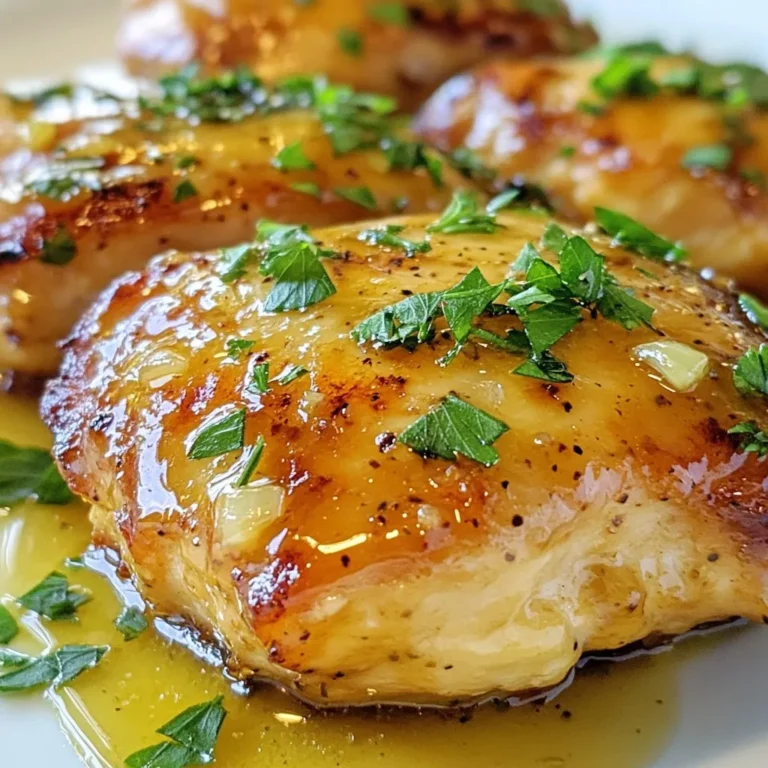 - 4 boneless, skinless chicken breasts - 1/4 cup honey - 1/4 cup Dijon mustard - 2 tablespoons olive oil - 2 cloves garlic, minced - 1 teaspoon fresh rosemary, chopped (or 1/2 teaspoon dried) - 1 teaspoon salt - 1/2 teaspoon black pepper - 1 tablespoon apple cider vinegar - Fresh parsley, finely chopped For this honey mustard glazed chicken, I keep it simple yet flavorful. First, the star of the dish is the chicken breasts. They are lean and cook quickly, making them perfect for busy nights. Next, I use honey to add sweetness. The honey pairs well with Dijon mustard, giving the chicken a nice tang. Olive oil helps the glaze stick and adds richness. For seasoning, I add minced garlic to give it a punch. Fresh rosemary adds a lovely aroma, or you can use dried if you have it. Salt and black pepper bring out the flavors. Apple cider vinegar adds balance with a bit of acidity. Lastly, I love to sprinkle fresh parsley on top. This adds a pop of color and freshness that makes your dish more appealing. Enjoy the harmony of flavors in each bite! {{ingredient_image_2}} - Preheat your oven to 375°F (190°C). This makes sure the oven is hot for baking. - In a medium bowl, mix together the honey, Dijon mustard, olive oil, minced garlic, chopped rosemary, salt, black pepper, and apple cider vinegar. Whisk until smooth. - Place the chicken breasts in a baking dish. Make sure they have space to cook evenly. - Pour half of the honey mustard glaze over the chicken. Coat each piece well for the best taste. - Bake the chicken for 20 to 25 minutes. It’s done when the inside hits 165°F (75°C) and is no longer pink. - When the chicken is ready, take it out of the oven. Brush the reserved glaze over the top of each piece. This adds a nice finish. - Put the dish back in the oven for another 5 minutes. This helps the glaze get sticky and caramelized. For a great glaze, you want it smooth and sticky. The mix of honey and Dijon mustard should be thick but still pourable. If it feels too thin, add more honey. If it’s too thick, add a little olive oil. To coat the chicken evenly, use a brush. Make sure to cover every inch of the chicken. This way, every bite is full of flavor. Pouring it over is fine, but a brush gives you more control. To check if your chicken is done, use a meat thermometer. The chicken should reach 165°F (75°C) inside. Another way is to cut into it. If the juices run clear and there’s no pink, it’s ready. Let your chicken rest for about 5 minutes after baking. This helps the juices soak back in. If you skip this step, your chicken can be dry. For plating, use a bright plate to show off your chicken. Add a splash of color with fresh parsley on top. This makes the dish look more inviting. Pair your chicken with sides like green beans or fluffy rice. These add color and flavor. Drizzle some of the extra glaze over the chicken for an eye-catching finish. Pro Tips Marinate for More Flavor: For an even richer taste, marinate the chicken in the honey mustard mixture for 1-2 hours before baking. This allows the flavors to penetrate the meat more deeply. Use Fresh Herbs: Fresh herbs can elevate the flavor profile significantly. Consider adding fresh thyme or tarragon along with or instead of rosemary for a different twist. Check for Doneness: Always use a meat thermometer to check the internal temperature of the chicken. It should reach 165°F (75°C) to ensure it's fully cooked and safe to eat. Garnish Creatively: Don't just stop at parsley! Consider garnishing with lemon wedges or toasted nuts for added visual appeal and texture contrast. {{image_4}} You can cook honey mustard glazed chicken in many ways. Grilling gives it a nice smoky flavor. For grilling, preheat your grill to medium heat. Brush the chicken with the glaze and grill for about 6-8 minutes on each side. This method adds a lovely char to the chicken. A slow cooker is another great option. To adapt the recipe, place the chicken in the slow cooker. Pour the glaze over the chicken. Cook it on low for 4-6 hours or on high for 2-3 hours. This method makes the chicken super tender and juicy. You can switch up the ingredients if you want. Instead of honey, try maple syrup or agave nectar. These sweeteners will still give you a nice glaze. If you want a different taste, use whole grain mustard instead of Dijon. For herbs, you can use thyme or oregano instead of rosemary. These herbs add a unique flavor to the dish. Don’t be afraid to experiment with what you have at home! Choosing the right side dishes can make your meal shine. Consider serving the chicken with rice or quinoa. These grains soak up the glaze well and add texture. Seasonal veggies are also a great choice. Roasted carrots, green beans, or broccoli pair nicely with this dish. You can roast or steam them for a fresh touch. These sides not only taste great but also make your plate colorful and inviting. Store your leftover honey mustard glazed chicken in the fridge. Place it in an airtight container. This keeps the chicken fresh for up to three days. For best results, try to cool the chicken before sealing it. This helps prevent moisture buildup. You can freeze the glazed chicken for later use. Wrap each piece tightly in plastic wrap. Then, place them in a freezer bag. This helps avoid freezer burn. For best quality, use the chicken within three months. When you're ready to eat, thaw the chicken in the fridge overnight. This keeps the texture great. You can reheat the chicken in two ways: microwave or oven. The microwave is quick but may not keep the glaze perfect. For the oven, preheat to 350°F (175°C). Place the chicken on a baking sheet. Cover it with foil to keep moisture in. Bake for about 15 minutes or until heated through. This method helps maintain the glaze's quality and flavor. Yes, you can use bone-in chicken. Bone-in chicken often has more flavor. Just note that it will take longer to cook. I suggest cooking it for about 35-40 minutes at the same temperature. Always check the internal temperature. It should reach 165°F (75°C). If you don’t have Dijon mustard, don’t worry! You can use yellow mustard or honey mustard. Both will work well. Yellow mustard is milder, while honey mustard adds extra sweetness. To check if your chicken is done, use a meat thermometer. Insert it into the thickest part of the chicken. Look for a temperature of 165°F (75°C). You can also cut into the chicken. If the juices run clear and there is no pink, it's ready to eat. In this blog post, we covered how to make a delicious glazed chicken dish. We discussed key ingredients, step-by-step baking instructions, and handy tips for success. You learned variations, storage info, and answered common FAQs. Try using the tips to enhance your cooking skills. Remember, cooking should be fun! Enjoy making this recipe your own and impress your family or friends. Happy cooking!