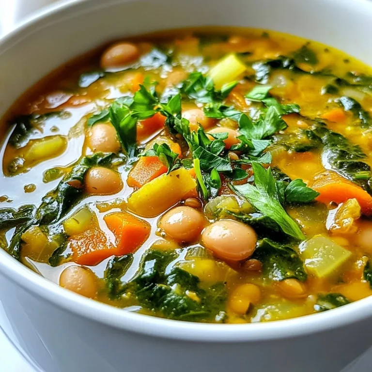 - 1 cup green or brown lentils, thoroughly rinsed - 1 can (15 oz) butter beans, drained and rinsed - 2 cups fresh spinach, roughly chopped - 1 medium onion, finely diced - 2 cloves garlic, minced - 2 medium carrots, peeled and diced - 1 celery stalk, diced - 1 teaspoon ground cumin - 1 teaspoon smoked paprika - Sea salt and freshly ground black pepper to taste - 1 tablespoon extra virgin olive oil - 1 tablespoon fresh lemon juice This soup is simple and healthy. It uses lentils and butter beans as the base. Lentils pack a protein punch and are rich in fiber. Butter beans add creaminess and flavor. Fresh spinach gives the soup a bright green color and vitamins. Use fresh vegetables for the best taste. Onion and garlic add depth. Carrots and celery give sweetness and crunch. For seasonings, ground cumin and smoked paprika bring warmth and warmth. A little sea salt and black pepper enhance flavors. Olive oil adds richness. Fresh lemon juice gives a nice tang and freshness. Gather these ingredients to create a nourishing bowl of soup. Each bite is packed with flavor and nutrition. You will love how easy this recipe is! {{ingredient_image_2}} 1. Start by heating one tablespoon of extra virgin olive oil in a large pot over medium heat. 2. Add one finely diced medium onion and two minced garlic cloves. Sprinkle in a pinch of sea salt. Sauté for about five minutes. The onion should turn soft and clear. 3. Next, add two diced carrots and one diced celery stalk. Stir these veggies for another five minutes. This helps them soften and build flavor. 1. Now, sprinkle one teaspoon of ground cumin and one teaspoon of smoked paprika into the pot. Stir for one minute. This lets the spices release their wonderful aromas. 2. Pour in one cup of thoroughly rinsed green or brown lentils and four cups of vegetable broth. Turn the heat up to bring it to a boil. 3. Once boiling, reduce the heat to low, cover the pot, and let it simmer for about 25 minutes. The lentils should be tender but not mushy. 1. Gently fold in one can of drained and rinsed butter beans and two cups of roughly chopped fresh spinach. Stir carefully to mix. 2. Cover the pot and simmer for another five minutes. The spinach will wilt, and the beans will heat through. 3. Remove the pot from heat. Add one tablespoon of fresh lemon juice. Taste the soup and adjust the sea salt and black pepper as needed. 4. Serve the soup hot in bowls, garnished with chopped fresh parsley. Enjoy with a slice of crusty bread for a perfect meal. - Adjusting seasoning: Always taste your soup before serving. If it lacks flavor, add more sea salt or black pepper. A splash of lemon juice brightens the taste. - Using fresh herbs: Fresh herbs like parsley or cilantro can boost the flavor. Add them right before serving for the best taste. - Tips for sautéing vegetables: Start with a hot pot to sear the onions. This brings out their sweetness. Stir often to avoid burning, and add a pinch of salt to help them soften. - Best practices for lentil cooking: Rinse lentils well to remove dust. Simmer them gently; this keeps them intact and prevents mushiness. Check for doneness after 25 minutes. - Accompaniments like bread: A slice of crusty bread pairs well with the soup. It’s perfect for dipping and adds texture. - Presentation ideas: Ladle the soup into bowls and sprinkle with extra parsley or smoked paprika. This makes the dish look fresh and inviting. Pro Tips Enhance Flavor: Consider sautéing the garlic and onion until golden brown for a deeper flavor profile. Texture Variation: For a creamier soup, blend a portion of the soup and then mix it back in with the rest. Herb Infusion: Add fresh herbs such as thyme or dill during the last few minutes of cooking for an aromatic touch. Storage Tips: This soup stores well; keep it in an airtight container in the fridge for up to 4 days or freeze for longer storage. {{image_4}} You can easily switch up the legumes in this soup. Try chickpeas or black beans for a new taste. They add different textures and flavors. If you want different greens, consider kale or Swiss chard. Both will give a new twist while still being healthy. This soup is great for everyone. If you want a vegetarian version, you’re in luck; it’s already vegetarian. For a vegan option, just ensure your broth is plant-based. If you are gluten-free, this soup is safe to eat, as all the ingredients are gluten-free. To spice things up, add a pinch of cayenne or red pepper flakes. This will give your soup a nice kick. You can also mix in other veggies like zucchini or bell peppers. Just remember to chop them small so they cook well with the rest. To store leftovers, let the soup cool first. Then, pour it into an airtight container. It keeps best in the fridge for 3 to 4 days. For best taste, eat within this time. For keeping fresh, always cover the container tightly. Use glass or BPA-free plastic containers. Label with the date so you know when you made it. This helps you keep track. You can freeze this soup easily. First, let it cool completely. Then, use freezer-safe containers or bags. Leave some space for expansion. This soup can stay fresh for up to 3 months in the freezer. When you want to eat it, move it to the fridge overnight to thaw. You can also thaw it in the microwave. Reheat in a pot on medium heat. Stir often until it's hot all the way through. In the fridge, the soup lasts 3 to 4 days. In the freezer, it can last 3 months. Watch for signs of spoilage. If it smells sour or looks discolored, toss it out. If you see mold, do not eat it. Always trust your senses! Yes, you can make this soup ahead of time. Meal prep saves you time on busy days. You can store it in the fridge for up to four days. The flavors will deepen as it sits. Just reheat it on the stove or in the microwave. This is a great way to enjoy healthy meals without fuss. If you want a thicker soup, use a few easy tips. You can blend part of the soup. Just take out a cup, blend it, and stir it back in. Another option is to add more lentils. Cook them longer until they break down. You’ll enjoy a heartier texture! This soup pairs well with many sides. Consider crusty bread for dipping. A fresh salad balances the meal nicely. You can also serve it with a dollop of yogurt or sour cream. These additions enhance the flavors and make it more filling. Enjoy experimenting with your favorite sides! We covered a simple lentil soup recipe, outlining its key ingredients, cooking steps, and storage tips. You can adjust flavors and swap ingredients based on your taste. Remember to explore variations to keep things fresh and exciting. This soup is easy to make and perfect for anyone, whether you're a beginner or an expert cook. With the right techniques, you'll create a tasty meal that feels warm and satisfying. Trust me; this soup will become a favorite in your kitchen. Enjoy cooking and sharing this hearty dish!