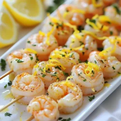 For these lemon garlic shrimp skewers, you need just a few key ingredients: - 1 lb large shrimp, peeled and deveined - 2 tablespoons high-quality olive oil - Zest and juice from 2 freshly juiced lemons - 4 cloves garlic, finely minced - 1 teaspoon smoked paprika - &frac12; teaspoon red pepper flakes (optional) - Salt and freshly cracked black pepper to taste - Skewers (if using wooden skewers, soak in water for at least 30 minutes) - Fresh parsley, roughly chopped (for garnish) These ingredients work together to create a fresh and bright flavor. The shrimp absorbs the lemon and garlic well, making each bite delicious. You can add a few optional ingredients to enhance the dish: - A splash of white wine for extra depth - Fresh herbs like thyme or cilantro for more aroma - Lemon slices for grilling, which adds extra zest These ingredients can give your skewers a unique twist. Feel free to experiment based on your taste! When buying shrimp, look for these signs of freshness: - Shrimp should smell clean, like the ocean. - The shells should be shiny and firm, not slimy. - Choose shrimp with a slight translucence and a pink hue. Buying from a trusted source ensures you get the best quality. Fresh shrimp will make your dish taste even better. {{ingredient_image_2}} To start, you need to make the marinade. In a medium bowl, whisk together 2 tablespoons of olive oil, the zest and juice of 2 lemons, and 4 cloves of finely minced garlic. Add in 1 teaspoon of smoked paprika and &frac12; teaspoon of red pepper flakes if you want some heat. Finish with salt and freshly cracked black pepper to taste. This mix will give your shrimp a fresh and zesty flavor. Next, add 1 pound of peeled and deveined shrimp to the marinade. Use a spoon to coat each shrimp well. Cover the bowl with plastic wrap and place it in the fridge. Let the shrimp marinate for at least 30 minutes. For a stronger taste, you can marinate them for up to 2 hours. The longer they sit, the more flavor they absorb. While the shrimp marinates, it&rsquo;s time to prepare your grill. Preheat your grill or grill pan over medium heat until it&rsquo;s hot. After the shrimp have marinated, carefully thread each piece onto skewers. Make sure to leave a little space between each shrimp for even cooking. Place the skewers on the grill and cook for about 2-3 minutes per side. They are ready when they turn opaque and have nice char marks. Once cooked, take the skewers off the grill and let them rest for one minute. This helps keep the flavors locked in. Before serving, sprinkle freshly chopped parsley on top for a bright and fresh look. You can also drizzle some extra lemon juice over the skewers to enhance their flavor. To cook shrimp just right, you need to watch the time. Cook shrimp for about 2-3 minutes on each side. They should turn from gray to pink and opaque. If they curl up tightly, you may have cooked them too long. Remove them from heat as soon as they are done. This keeps them tender and juicy. Make sure your grill is hot before cooking. This helps the shrimp get nice grill marks and stay juicy. If using wooden skewers, soak them in water for 30 minutes first. This keeps them from burning. Space the shrimp well on the skewers. Avoid overcrowding so the heat can circulate evenly. To boost the lemon garlic flavor, add some fresh herbs like basil or cilantro. You can also mix in a bit of honey for sweetness. For heat, try a dash more red pepper flakes. A splash of white wine in the marinade adds depth. Experiment with different spices to make the dish your own. Pro Tips Marinate Longer for Flavor: For the best flavor, allow the shrimp to marinate for up to 2 hours. The longer the marination, the more the shrimp will absorb the delicious lemon and garlic flavors. Skewer Safely: If using wooden skewers, don't forget to soak them in water for at least 30 minutes prior to grilling. This prevents them from burning and ensures your shrimp stay secure during cooking. Check for Doneness: Keep an eye on your shrimp while grilling. They cook quickly and are done when they turn opaque and curl slightly. Overcooking can lead to a rubbery texture. Garnish with Freshness: Right before serving, add a generous sprinkle of freshly chopped parsley and a squeeze of lemon juice. This adds a vibrant color and a fresh burst of flavor to your dish. {{image_4}} If you love heat, try spicy lemon garlic shrimp skewers. Add red pepper flakes to the marinade for a kick. You can increase the amount to suit your taste. For even more spice, mix in some hot sauce. This gives a nice tang and warmth. The spicy version pairs well with a cool dip, like yogurt or sour cream. Add colorful veggies to your skewers for more flavor and nutrition. Bell peppers, zucchini, and cherry tomatoes work great. Simply cut them into bite-sized pieces. Alternate shrimp and veggies on the skewers. This not only looks pretty but also adds a nice crunch. Grilling these together enhances the flavors of both. You can cook shrimp skewers in the oven or under a broiler if you don&rsquo;t have a grill. Preheat your oven to 400&deg;F (200&deg;C). Place the skewers on a baking sheet lined with foil. Bake for about 8-10 minutes. Keep an eye on them to prevent overcooking. Broiling is faster; just watch closely. Either method gives you tasty skewers. After enjoying your lemon garlic shrimp skewers, you might have some left. To store them, let the skewers cool down to room temperature. Place them in an airtight container. They will stay fresh in the fridge for up to 2 days. Remember to keep them covered to avoid drying out. When you want to enjoy leftover shrimp skewers, reheating is key. Use a skillet over medium heat. Add a splash of olive oil to prevent sticking. Cook the skewers for about 2-3 minutes, turning often. This keeps the shrimp tender and tasty. You can also use the microwave. Heat them in 30-second bursts but be careful not to overcook. If you want to keep your shrimp skewers longer, freezing is a great option. Wrap each skewer in plastic wrap tightly. Then, place them in a freezer bag, removing as much air as possible. They can last up to 3 months in the freezer. To thaw, move them to the fridge overnight before reheating. This helps maintain their flavor and texture. Marinate shrimp for at least 30 minutes. For best flavor, go for 2 hours. This time lets the shrimp soak up the lemon and garlic goodness. When you marinate, the shrimp absorb all those tasty spices. It makes each bite burst with flavor. Yes, you can use frozen shrimp. Just make sure to thaw them first. Place them in the fridge overnight or run them under cold water. Once thawed, pat them dry. This helps the marinade stick better. Frozen shrimp work well, but fresh shrimp give more flavor. These skewers pair well with many sides. Try serving them with rice, salad, or grilled veggies. You can also add crusty bread to soak up the juices. For a light meal, serve with a fresh green salad. The bright flavors of the skewers will shine with these sides. Cook shrimp until they turn opaque and firm. This usually takes about 2-3 minutes per side on the grill. The shrimp should look pink and slightly curled. If you cut one, it should be white inside with no gray. Overcooked shrimp become tough, so keep an eye on them! In this post, we explored lemon garlic shrimp skewers, from key ingredients to grilling tips. The marinade brings out the shrimp's flavor while pairing well with veggies. You learned about storage and reheating methods, too. My final thoughts? This dish is simple and tasty. Experiment with spices and cooking methods to make it your own. Enjoy your cooking journey!