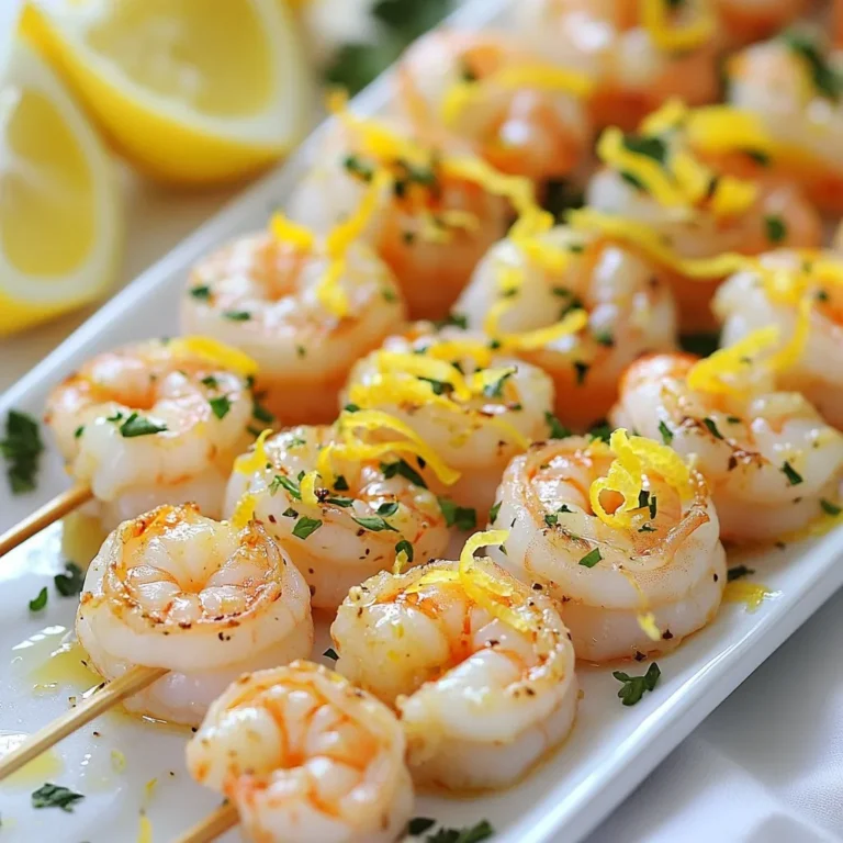 For these lemon garlic shrimp skewers, you need just a few key ingredients: - 1 lb large shrimp, peeled and deveined - 2 tablespoons high-quality olive oil - Zest and juice from 2 freshly juiced lemons - 4 cloves garlic, finely minced - 1 teaspoon smoked paprika - ½ teaspoon red pepper flakes (optional) - Salt and freshly cracked black pepper to taste - Skewers (if using wooden skewers, soak in water for at least 30 minutes) - Fresh parsley, roughly chopped (for garnish) These ingredients work together to create a fresh and bright flavor. The shrimp absorbs the lemon and garlic well, making each bite delicious. You can add a few optional ingredients to enhance the dish: - A splash of white wine for extra depth - Fresh herbs like thyme or cilantro for more aroma - Lemon slices for grilling, which adds extra zest These ingredients can give your skewers a unique twist. Feel free to experiment based on your taste! When buying shrimp, look for these signs of freshness: - Shrimp should smell clean, like the ocean. - The shells should be shiny and firm, not slimy. - Choose shrimp with a slight translucence and a pink hue. Buying from a trusted source ensures you get the best quality. Fresh shrimp will make your dish taste even better. {{ingredient_image_2}} To start, you need to make the marinade. In a medium bowl, whisk together 2 tablespoons of olive oil, the zest and juice of 2 lemons, and 4 cloves of finely minced garlic. Add in 1 teaspoon of smoked paprika and ½ teaspoon of red pepper flakes if you want some heat. Finish with salt and freshly cracked black pepper to taste. This mix will give your shrimp a fresh and zesty flavor. Next, add 1 pound of peeled and deveined shrimp to the marinade. Use a spoon to coat each shrimp well. Cover the bowl with plastic wrap and place it in the fridge. Let the shrimp marinate for at least 30 minutes. For a stronger taste, you can marinate them for up to 2 hours. The longer they sit, the more flavor they absorb. While the shrimp marinates, it’s time to prepare your grill. Preheat your grill or grill pan over medium heat until it’s hot. After the shrimp have marinated, carefully thread each piece onto skewers. Make sure to leave a little space between each shrimp for even cooking. Place the skewers on the grill and cook for about 2-3 minutes per side. They are ready when they turn opaque and have nice char marks. Once cooked, take the skewers off the grill and let them rest for one minute. This helps keep the flavors locked in. Before serving, sprinkle freshly chopped parsley on top for a bright and fresh look. You can also drizzle some extra lemon juice over the skewers to enhance their flavor. To cook shrimp just right, you need to watch the time. Cook shrimp for about 2-3 minutes on each side. They should turn from gray to pink and opaque. If they curl up tightly, you may have cooked them too long. Remove them from heat as soon as they are done. This keeps them tender and juicy. Make sure your grill is hot before cooking. This helps the shrimp get nice grill marks and stay juicy. If using wooden skewers, soak them in water for 30 minutes first. This keeps them from burning. Space the shrimp well on the skewers. Avoid overcrowding so the heat can circulate evenly. To boost the lemon garlic flavor, add some fresh herbs like basil or cilantro. You can also mix in a bit of honey for sweetness. For heat, try a dash more red pepper flakes. A splash of white wine in the marinade adds depth. Experiment with different spices to make the dish your own. Pro Tips Marinate Longer for Flavor: For the best flavor, allow the shrimp to marinate for up to 2 hours. The longer the marination, the more the shrimp will absorb the delicious lemon and garlic flavors. Skewer Safely: If using wooden skewers, don't forget to soak them in water for at least 30 minutes prior to grilling. This prevents them from burning and ensures your shrimp stay secure during cooking. Check for Doneness: Keep an eye on your shrimp while grilling. They cook quickly and are done when they turn opaque and curl slightly. Overcooking can lead to a rubbery texture. Garnish with Freshness: Right before serving, add a generous sprinkle of freshly chopped parsley and a squeeze of lemon juice. This adds a vibrant color and a fresh burst of flavor to your dish. {{image_4}} If you love heat, try spicy lemon garlic shrimp skewers. Add red pepper flakes to the marinade for a kick. You can increase the amount to suit your taste. For even more spice, mix in some hot sauce. This gives a nice tang and warmth. The spicy version pairs well with a cool dip, like yogurt or sour cream. Add colorful veggies to your skewers for more flavor and nutrition. Bell peppers, zucchini, and cherry tomatoes work great. Simply cut them into bite-sized pieces. Alternate shrimp and veggies on the skewers. This not only looks pretty but also adds a nice crunch. Grilling these together enhances the flavors of both. You can cook shrimp skewers in the oven or under a broiler if you don’t have a grill. Preheat your oven to 400°F (200°C). Place the skewers on a baking sheet lined with foil. Bake for about 8-10 minutes. Keep an eye on them to prevent overcooking. Broiling is faster; just watch closely. Either method gives you tasty skewers. After enjoying your lemon garlic shrimp skewers, you might have some left. To store them, let the skewers cool down to room temperature. Place them in an airtight container. They will stay fresh in the fridge for up to 2 days. Remember to keep them covered to avoid drying out. When you want to enjoy leftover shrimp skewers, reheating is key. Use a skillet over medium heat. Add a splash of olive oil to prevent sticking. Cook the skewers for about 2-3 minutes, turning often. This keeps the shrimp tender and tasty. You can also use the microwave. Heat them in 30-second bursts but be careful not to overcook. If you want to keep your shrimp skewers longer, freezing is a great option. Wrap each skewer in plastic wrap tightly. Then, place them in a freezer bag, removing as much air as possible. They can last up to 3 months in the freezer. To thaw, move them to the fridge overnight before reheating. This helps maintain their flavor and texture. Marinate shrimp for at least 30 minutes. For best flavor, go for 2 hours. This time lets the shrimp soak up the lemon and garlic goodness. When you marinate, the shrimp absorb all those tasty spices. It makes each bite burst with flavor. Yes, you can use frozen shrimp. Just make sure to thaw them first. Place them in the fridge overnight or run them under cold water. Once thawed, pat them dry. This helps the marinade stick better. Frozen shrimp work well, but fresh shrimp give more flavor. These skewers pair well with many sides. Try serving them with rice, salad, or grilled veggies. You can also add crusty bread to soak up the juices. For a light meal, serve with a fresh green salad. The bright flavors of the skewers will shine with these sides. Cook shrimp until they turn opaque and firm. This usually takes about 2-3 minutes per side on the grill. The shrimp should look pink and slightly curled. If you cut one, it should be white inside with no gray. Overcooked shrimp become tough, so keep an eye on them! In this post, we explored lemon garlic shrimp skewers, from key ingredients to grilling tips. The marinade brings out the shrimp's flavor while pairing well with veggies. You learned about storage and reheating methods, too. My final thoughts? This dish is simple and tasty. Experiment with spices and cooking methods to make it your own. Enjoy your cooking journey!
