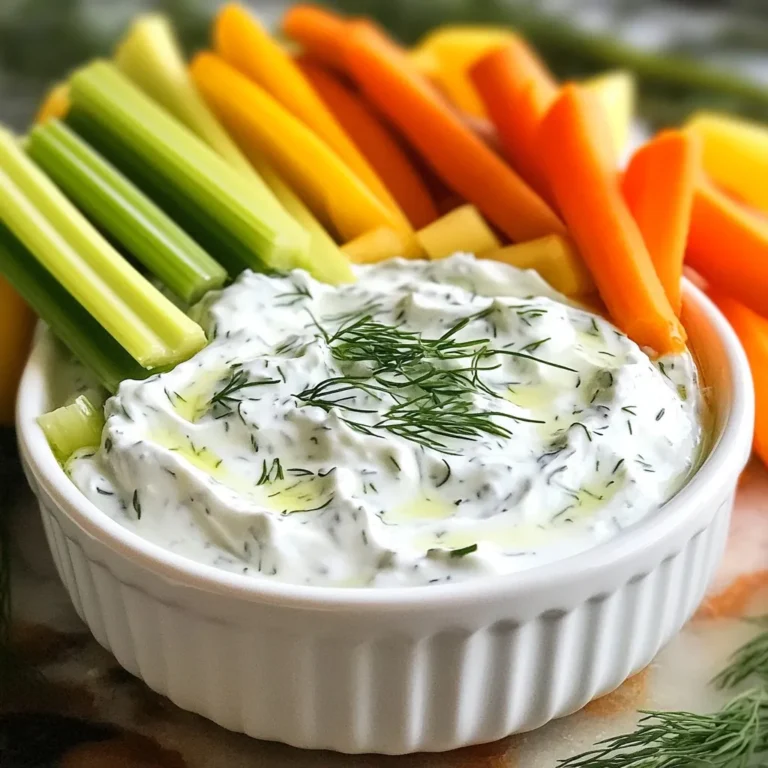To make Cucumber Dill Greek Yogurt Dip, you will need: - 1 cup plain Greek yogurt - 1 medium cucumber, grated and excess moisture squeezed out - 2 tablespoons fresh dill, finely chopped - 1 tablespoon freshly squeezed lemon juice - 1 small garlic clove, finely minced - 1 teaspoon extra virgin olive oil - Salt and freshly cracked black pepper to taste These ingredients create a tasty dip that is both creamy and refreshing. The Greek yogurt gives it richness, while the cucumber adds crunch. The dill brings a fresh flavor that brightens up the dish. You can customize your dip with optional add-ins. Here are a few ideas: - Chopped green onions: Adds a mild onion flavor. - Crumbled feta cheese: Gives a salty, tangy taste. - Red pepper flakes: For a bit of heat. - Chopped olives: Adds a briny depth. These add-ins can help you create a dip that suits your taste. Feel free to mix and match to find your favorite. If you want a dairy-free dip, you can swap out the Greek yogurt. Here are some great options: - Silken tofu: Blend it until smooth for a creamy texture. - Coconut yogurt: Offers a slight sweetness and a creamy base. - Cashew cream: Soak cashews and blend them for a rich, nutty flavor. These substitutions keep the dip creamy while making it friendly for those avoiding dairy. You can enjoy this dip without missing out on flavor! {{ingredient_image_2}} Start by grating the cucumber. Use a box grater or a food processor. Grating makes it easier to mix. After you grate, place the cucumber on a clean kitchen towel. Gather the corners of the towel and twist it. Squeeze hard to get out extra liquid. This step keeps your dip from being too watery. In a large bowl, add the drained cucumber. Next, mix in the plain Greek yogurt. Then, add the finely chopped fresh dill. Stir these three ingredients gently. Make sure they blend well together. Now, pour in the freshly squeezed lemon juice and minced garlic. Also, add the extra virgin olive oil. Now it's time to add some flavor. Season your mix with salt and freshly cracked black pepper. Taste it to find the right balance for you. Stir all the ingredients well until they are creamy. Cover the bowl tightly with plastic wrap or a lid. Chill the dip in the refrigerator for at least 30 minutes. This waiting time helps the flavors blend nicely. To make your dip smooth, squeeze the cucumber well. Use a clean kitchen towel or cheesecloth. This step removes extra water. A watery dip will not taste right. Aim for a thick, creamy texture. This makes each bite satisfying and rich. To boost flavors, try adding a pinch of cayenne. This gives a nice kick. You can also mix in some fresh mint for a twist. If you want a zesty touch, add more lemon juice. Taste as you go, and adjust to your liking. A little salt and pepper go a long way, too. Make your dip look fancy by using a shallow bowl. Add a sprig of dill on top for color. Surround it with bright veggie sticks like carrots and bell peppers. You can also use pita chips for a fun crunch. This not only looks good but also invites everyone to dig in. Pro Tips Choose the Right Cucumber: Opt for English cucumbers for a milder flavor and fewer seeds, making your dip smoother and more enjoyable. Chill for Best Flavor: Allow the dip to chill for at least an hour to let the flavors meld together, enhancing the overall taste. Experiment with Herbs: Feel free to mix in other fresh herbs like parsley or mint for a unique twist on the classic flavor profile. Perfect Your Seasoning: Always taste and adjust the salt and pepper before serving, as the flavors can develop further while chilling. {{image_4}} You can make this dip even more fun by adding different flavors. Try mixing in some chopped olives or sun-dried tomatoes. You could also add a bit of feta cheese for a salty kick. If you like sweetness, mix in some finely diced red bell pepper. Each of these add-ins can change the taste, making it unique. While dill is a star in this dip, you can switch things up with other herbs. Fresh mint adds a cool taste that works well with cucumber. Chives bring a mild onion flavor, making it tasty. You could also try parsley for a fresh twist. Mix and match herbs to find your perfect blend. If you love spice, consider adding red pepper flakes or finely chopped jalapeños. This will give your dip a nice kick. Start with a small amount, taste, and add more if you want it spicier. This variation is great for those who enjoy a bit of heat with their refreshing dip. To keep your Cucumber Dill Greek Yogurt Dip fresh, store it in an airtight container. Make sure the lid seals tightly. This helps prevent any unwanted odors from your fridge from getting in. Always place the dip in the main part of the fridge, not in the door. The door can be warmer, which can spoil your dip faster. When stored properly, this dip can last up to five days in the fridge. However, for the best taste and texture, aim to eat it within three days. Always check for any changes in color or smell before consuming leftovers. If you notice anything off, it's best to throw it out. Freezing is not recommended for this dip. Greek yogurt can change in texture once frozen and thawed. It may become grainy or watery. If you want to make it ahead, simply prepare a fresh batch when you need it. This way, you get the best flavor and texture every time! You can serve this dip with many snacks. Fresh veggie sticks are great. Try carrots, celery, or bell peppers. Pita chips work well too. They add a nice crunch. You can also use crackers for a salty bite. For a fun twist, serve it with grilled meats. This dip adds a cool touch. This dip can last up to four days in the fridge. Make sure to store it in a sealed container. The flavors will blend nicely over time. If you notice any off smell or change in color, it's best to toss it. Always check before enjoying! Yes, you can use less garlic or skip it. Garlic adds flavor, but it’s not a must. If you want a milder taste, reduce the amount. You can also try a pinch of garlic powder for a softer flavor. Adjust it to fit your taste! Yes, this dip is quite healthy! It uses Greek yogurt, which is high in protein. The cucumber adds hydration and fiber. Fresh dill gives antioxidants and a fresh taste. Lemon juice has vitamin C, boosting your immune system. Overall, this dip is a tasty, nutritious choice! This blog post covered how to make a tasty cucumber dill dip. We explored the main ingredients and optional add-ins, plus tips for dairy-free substitutions. I shared step-by-step instructions on preparing the cucumber, mixing ingredients, and chilling the dip. You learned how to enhance flavors and make the dip look great. We also discussed different variations and storage tips. In the end, making this dip is easy and fun. Enjoy your flavorful creation!