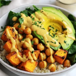 - Sweet Potatoes: Use 2 medium sweet potatoes, peeled and cut into 1-inch cubes. - Chickpeas: One 15 oz can of chickpeas, drained and rinsed well. - Seasonings and Oils: You will need 1 tablespoon of extra virgin olive oil, 1 teaspoon of smoked paprika, 1 teaspoon of garlic powder, 1/2 teaspoon of ground cumin, and sea salt and black pepper to taste. - Quinoa and Spinach: Prepare 2 cups of cooked quinoa and 1 cup of fresh baby spinach leaves. - Tahini Dressing Ingredients: Gather 1/4 cup of tahini, 2 tablespoons of freshly squeezed lemon juice, and water to thin the dressing as needed. Each ingredient plays a key role in creating the flavors and textures of the Buddha bowl. Sweet potatoes offer sweetness and nutrition. Chickpeas add protein and crunch. The spices bring warmth and depth. Quinoa serves as a hearty base, while spinach adds freshness. Finally, the tahini dressing ties everything together with its creamy richness. Enjoy putting together these simple yet powerful ingredients! {{ingredient_image_2}} Start by preheating your oven to 425&deg;F (220&deg;C). This step helps the sweet potatoes cook evenly. Next, take two medium sweet potatoes. Peel them and cut them into 1-inch cubes. Place the cubes in a large bowl. Drizzle 1 tablespoon of extra virgin olive oil over them. Add 1 teaspoon of smoked paprika, 1 teaspoon of garlic powder, and 1/2 teaspoon of ground cumin. Sprinkle in some sea salt and black pepper as you mix. Toss everything until the sweet potatoes are well coated with the spices. Now, it&rsquo;s time to roast. Rinse one can of chickpeas and drain them. Pat them dry for extra crispiness. Line a baking sheet with parchment paper and spread the sweet potatoes and chickpeas in a single layer. Make sure they are not crowded. Place the baking sheet in your preheated oven. Roast for 25 to 30 minutes. Remember to stir them halfway through. This helps them cook evenly. Look for tender sweet potatoes and crispy chickpeas when done. While the sweet potatoes and chickpeas roast, prepare the tahini dressing. In a medium bowl, add 1/4 cup of tahini and 2 tablespoons of freshly squeezed lemon juice. Whisk them together. Gradually add water, a little at a time, until you get a smooth and creamy texture. Taste it and add a pinch of sea salt if needed. This dressing adds a creamy touch to your Buddha bowl. To assemble your Buddha bowl, start with a scoop of cooked quinoa at the base of each bowl. Use about 2 cups of quinoa, which can be made ahead of time. Next, add a handful of fresh baby spinach on top. Then, arrange the roasted sweet potatoes and crispy chickpeas on the spinach. For the finishing touch, add sliced avocado on top. Drizzle the creamy tahini dressing over everything. Finally, sprinkle some fresh chopped parsley for color. Serve your Buddha bowl warm and enjoy the mix of flavors! To get crispy chickpeas, start by drying them well. After draining, pat them with a clean towel. This removes excess moisture. Next, toss them with olive oil and seasonings. Spread them out on a baking sheet. Avoid crowding them, as that leads to steaming instead of roasting. Roast them at 425&deg;F for 25-30 minutes. Stir halfway through for even crispiness. You want them golden and crunchy. To make the tahini dressing even better, use fresh lemon juice. This adds a bright flavor. You can also mix in a bit of garlic powder for extra taste. If you want a thinner dressing, add more water slowly. Taste it as you go! A pinch of sea salt can help balance the flavors. For a twist, try adding herbs or spices like cumin or paprika to match the bowl's theme. Meal prepping makes the Buddha bowl easy to assemble. Cook the quinoa ahead of time and store it in the fridge. You can roast sweet potatoes and chickpeas in batches too. Just let them cool completely before storing. Keep the tahini dressing in a separate jar to keep it fresh. When you&rsquo;re ready to eat, just grab your ingredients. This way, you can enjoy a healthy meal in minutes! Pro Tips Perfect Roasting: Ensure your sweet potatoes and chickpeas are spread out in a single layer on the baking sheet to promote even roasting and crispiness. Flavor Boost: For an extra kick, consider adding a pinch of cayenne pepper to the sweet potato mixture before roasting. Meal Prep Friendly: This Buddha bowl can be prepared ahead of time! Store the components separately in the fridge and assemble before serving for a quick meal. Customize Your Bowl: Feel free to add other vegetables such as roasted broccoli or bell peppers to the bowl for added nutrition and flavor variety. {{image_4}} You can boost your Buddha bowl with protein. Tofu is a great choice. It soaks up flavors well. Cut it into cubes and marinate it like your sweet potatoes. Bake or pan-fry it until golden. Tempeh is another option. It has a nutty taste and a firmer texture. Slice it thin and season it. Cook it until crispy for added crunch. Feel free to swap in different veggies. Kale is a great choice. It adds a hearty texture and nutrients. Simply massage it with a bit of olive oil and salt. Broccoli also works well. Steam it lightly to keep it bright and crunchy. You can even mix in bell peppers or carrots for extra color and taste. The options are endless! You can elevate your Buddha bowl with spices and dressings. Try adding cumin or chili powder for heat. A pinch of cayenne pepper can give it a kick. For dressings, you can use yogurt or a zesty vinaigrette. Mixing in fresh herbs like cilantro or mint can brighten your dish. Don't be afraid to experiment! Your taste buds will thank you. You can store leftovers in an airtight container. Keep them in the fridge for up to four days. Make sure to separate the tahini dressing from the other ingredients for the best taste. This way, your Buddha bowl stays fresh and tasty. To reheat, simply warm the sweet potatoes and chickpeas in the oven. Set your oven to 350&deg;F (175&deg;C). Heat for about 10 to 15 minutes. Stir halfway through to ensure even warming. You can also microwave them for a quicker option. Just heat them in short bursts, stirring in between. To keep your ingredients fresh, store sweet potatoes in a cool, dark place. Chickpeas should stay in a dry spot. If you buy fresh spinach, use it within a few days. Keep avocados at room temperature until they ripen. After that, store them in the fridge to slow down spoiling. For tahini, keep it tightly sealed in the fridge after opening. Yes, you can make this Buddha bowl ahead of time. Cook the quinoa and roast the sweet potatoes and chickpeas. Store them separately in airtight containers. This helps keep the textures nice. You can also make the tahini dressing in advance. Just store it in the fridge. When you are ready to eat, assemble the bowl with fresh spinach and avocado. Sweet potatoes and chickpeas are very healthy. Sweet potatoes are high in vitamins A and C. They help boost your immune system. They also provide fiber, which aids digestion. Chickpeas are a great source of protein and fiber. They help keep you full and satisfied. Together, they make a balanced meal. To make this recipe gluten-free, simply use quinoa as your grain base. Quinoa is naturally gluten-free. For a nut-free option, replace tahini with sunflower seed butter or omit it. You can use olive oil and lemon juice for flavor. This way, you can enjoy the dish without any nuts. In this blog, we explored the tasty Buddha bowl. We covered ingredients like sweet potatoes and chickpeas. You learned step-by-step instructions for roasting and assembling your bowl. Tips helped you make crispy chickpeas and enhance your dressing. We also discussed fun variations, like adding tofu or kale. Lastly, I shared best storage practices. With this guide, you can create a delicious and healthy meal anytime. Enjoy every bite of your Buddha bowl!