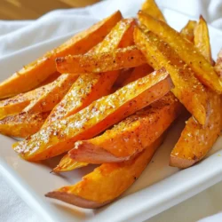 - 2 large sweet potatoes - 2 tablespoons extra virgin olive oil - 1 teaspoon smoked paprika - 1 teaspoon garlic powder - &frac12; teaspoon cayenne pepper (optional) - Sea salt and freshly ground black pepper, to taste - 1 tablespoon cornstarch I love using sweet potatoes for fries because they are both sweet and nutritious. To start, you need two large sweet potatoes. The size matters for even cooking. I recommend picking firm ones without any blemishes. Next, you&rsquo;ll need olive oil. Two tablespoons will help the fries get that nice crispy texture. Now, let's add some flavor. Smoked paprika and garlic powder add depth. Both spices come together nicely to enhance the sweet potato's natural taste. If you like heat, add cayenne pepper. Just half a teaspoon can give a nice kick, but it's optional. Don't forget the seasoning! Sea salt and freshly ground black pepper will bring out all the flavors. The last ingredient is cornstarch. This is key for crispiness. One tablespoon helps the fries turn golden and crunchy. With these ingredients, you are on your way to making delicious baked sweet potato fries! {{ingredient_image_2}} First, set your oven to 425&deg;F (220&deg;C). This high heat helps the fries to get crispy. Next, grab a baking sheet and line it with parchment paper. This will stop the fries from sticking and make cleanup a breeze. Start by peeling the sweet potatoes with a vegetable peeler. It&rsquo;s easy and quick! Then, cut them into fries about 1/4 inch thick. Keeping them uniform helps them cook evenly. Now, place the cut sweet potatoes into a large mixing bowl. Drizzle in 2 tablespoons of extra virgin olive oil. Toss the fries to coat them well. This oil coating is key for getting that crispy texture. After that, sprinkle in 1 teaspoon of smoked paprika, 1 teaspoon of garlic powder, and &frac12; teaspoon of cayenne pepper if you like a bit of heat. Add 1 tablespoon of cornstarch, sea salt, and freshly ground black pepper. Toss again until all the fries are well coated in oil and spices. Transfer the seasoned fries to your prepared baking sheet. Spread them out in a single layer. Make sure they are not touching. This spacing lets the hot air flow around the fries, giving them the perfect crunch. Put the baking sheet in your hot oven. Bake for 25-30 minutes. Flip the fries halfway through the cooking time. This flips them to ensure even cooking. Keep an eye on them, as ovens can vary. Look for a golden-brown color and a crispy texture. When the fries are done, take them out and let them cool for a few minutes. Cooling helps them firm up more. For a fun touch, serve your crispy sweet potato fries in a cute basket lined with parchment paper. Pair them with a favorite dipping sauce like garlic aioli or creamy avocado dip. Enjoy! To get your sweet potato fries crispy, cornstarch is your best friend. It absorbs moisture and helps create that crunch we all love. When you mix the cornstarch with the seasonings, it coats the fries evenly. This helps them crisp up nicely in the oven. For cooking techniques, spread the fries out in a single layer on the baking sheet. Avoid crowding them. If they touch, they will steam instead of roast. Flipping them halfway through baking also helps achieve even crispiness. While smoked paprika and garlic powder are great, feel free to get creative. Try adding chili powder or cumin for a smoky flavor. You can also go sweet by sprinkling cinnamon or nutmeg. Mixing sweet and savory can be fun too! Combine cayenne with a touch of maple syrup for a unique twist. Dips can elevate your sweet potato fries. A zesty garlic aioli is a crowd favorite. Or, try a creamy avocado dip for something fresh. For a fun touch, serve the fries in a rustic basket lined with parchment paper. This adds to the meal&rsquo;s charm and makes it more inviting. Presenting your fries with a small bowl of dip encourages sharing and interaction. Pro Tips Cut Uniformly: Ensuring that all fries are cut to the same thickness promotes even cooking and consistent crispiness. Don't Overcrowd: Place fries in a single layer on the baking sheet, avoiding overlap, to allow hot air to circulate and achieve maximum crunch. Experiment with Spices: Feel free to adjust the spice levels or add your favorite herbs to customize the flavor profile of your fries. Use Cornstarch: Tossing the fries with cornstarch before baking enhances their crispiness, giving you that perfect texture. {{image_4}} You can take your sweet potato fries to the next level with different flavors. For a spicy twist, add cayenne pepper or other hot peppers. Just a little heat can make your fries exciting. If you love herbs, try adding rosemary or thyme. These herbs give a fresh taste and a lovely aroma. Sweet potatoes are great, but don&rsquo;t stop there! You can also use butternut squash or zucchini. They roast well and add a nice color to your plate. Mixing different veggies can make your dish colorful and fun. Try a mix of sweet potatoes, zucchini, and carrots for a vibrant side. The shape of your fries can change how they cook. You can cut them into thin wedges, rounds, or even spirals. Thin fries bake faster and get crispier, while thicker ones are softer inside. Be sure to adjust your cooking time based on the shape. Keep an eye on them for the best results! To store leftover sweet potato fries, let them cool first. This step helps prevent sogginess. Place the fries in an airtight container. You can use glass or plastic containers. Make sure to keep them in the fridge. They will stay fresh for up to three days. If you want to keep them longer, consider freezing. When it comes to reheating sweet potato fries, the oven is best. Preheat your oven to 400&deg;F (205&deg;C). Spread the fries on a baking sheet. Bake for about 10 minutes. This method keeps them crispy. Microwaving is faster but can make them soft. If you choose this method, use a paper towel to absorb moisture. This helps maintain some crispiness. Freezing fries is a great choice for long-term storage. To do this, spread the uncooked fries on a baking sheet. Freeze them for about an hour. Then, transfer the fries into a freezer bag. Be sure to remove excess air. They can last up to three months in the freezer. When you are ready to cook them, bake straight from frozen. Just add a few extra minutes to the cooking time. Enjoy your fries! To make sweet potato fries crispy, start with oil. Use extra virgin olive oil for the best flavor. Coat the fries well with oil. This helps them crisp up in the oven. Another key step is to add cornstarch. Tossing the fries with a tablespoon of cornstarch makes them crunchier. Don't overcrowd the baking sheet. Spread the fries out in one layer. This allows hot air to reach all sides. Flip the fries halfway through baking for even cooking. Yes, you can use regular potatoes. Russets are a great choice. They can give you a crispy texture too. Just peel and cut them like sweet potatoes. The cooking method stays the same. You may need to adjust the seasonings for different flavors. Sweet potato fries go well with many dips. Here are a few popular options: - Garlic aioli: Creamy and zesty, it enhances the fries. - Avocado dip: Smooth and fresh, it adds a nice touch. - Ketchup: A classic choice that many love. - Spicy mayo: For those who enjoy a kick. - Honey mustard: Sweet and tangy, it complements the fries well. Baked sweet potato fries can last up to 3 days in the fridge. Store them in an airtight container to keep them fresh. To reheat, use the oven instead of the microwave. This helps keep them crispy. If you want to keep them longer, you can freeze them. Just make sure they cool completely before freezing. This blog shared a simple guide to making tasty sweet potato fries. We covered the ingredients, step-by-step instructions, and tips to achieve crispiness. You can try different flavors and shapes to keep things fun. Remember to store leftovers properly for later enjoyment. Sweet potato fries make a great side dish or snack. Enjoy your cooking and share these delicious treats with friends!