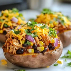 - Medium sweet potatoes - Cooked shredded chicken - BBQ sauce (your choice of flavor) - Diced red onion - Corn (canned or frozen) - Black beans (rinsed and drained) - Shredded cheddar cheese - Fresh cilantro (chopped) - Salt and pepper - Olive oil - Use turkey or tofu instead of chicken for a different protein. - Look for low-sugar BBQ sauce for a healthier option. - Try dairy-free cheese for a vegan twist. - Each stuffed sweet potato has around 400 calories. - They offer about 25 grams of protein and 60 grams of carbs. - Sweet potatoes are high in fiber and vitamins A and C. - Black beans add protein and iron, while corn offers fiber and sweetness. {{ingredient_image_2}} 1. Preheat your oven to 400&deg;F (200&deg;C). This step is key for even cooking. 2. Scrub the sweet potatoes clean under running water. Pat them dry with a towel. 3. Use a fork to poke holes in each potato. This lets steam escape while baking. 4. Place the potatoes on a baking sheet lined with parchment paper. This helps with cleanup. 5. Bake the sweet potatoes for 40-45 minutes. They are done when a fork goes in easily. 6. Remember, larger potatoes take longer to cook. Check them often. 1. In a medium bowl, mix the shredded chicken and BBQ sauce of your choice. 2. Add the diced red onion, corn, and black beans. Season with salt and pepper. 3. Stir everything together well until fully combined. 4. The mixture should be moist but not runny. This makes it easy to fill the sweet potatoes. 1. Once the sweet potatoes are cool enough to handle, cut each in half lengthwise. 2. Use a spoon to scoop out some flesh, leaving enough for texture. 3. Fill each potato half with the BBQ chicken mixture. Press gently to pack it in. 4. Top each stuffed potato with shredded cheddar cheese. 5. Return the stuffed potatoes to the oven for an extra 10-15 minutes. Bake until the cheese melts and bubbles. 6. Remove them from the oven and let them cool slightly. Garnish with fresh chopped cilantro before serving. To ensure your sweet potatoes are perfectly baked, start by preheating your oven to 400&deg;F (200&deg;C). Scrub the potatoes clean and dry them well. Prick each potato with a fork to let steam escape. This helps them cook evenly. Bake them for 40-45 minutes. They are done when a fork easily pierces the flesh. Remember, bigger potatoes take longer to cook. For the best BBQ chicken flavor, choose a BBQ sauce you love. Mix it well with the shredded chicken and other ingredients. Add diced red onion, corn, and black beans for extra taste and texture. A pinch of salt and pepper enhances the flavors. For serving, use a rustic wooden board or a colorful platter. Place the stuffed sweet potatoes on it for a nice look. Garnish with fresh cilantro for color and flavor. A drizzle of extra BBQ sauce adds flair. This makes the dish more inviting and fun. One common mistake is overcooking the potatoes. This can make them mushy and hard to scoop. Keep an eye on the baking time and test them with a fork. Another mistake is skipping flavor enhancements. Do not overlook the importance of seasoning. Always add salt and pepper to your filling. These small touches make a big difference in taste. Pro Tips Choose the Right Sweet Potatoes: Opt for medium-sized sweet potatoes for even cooking and easier handling when stuffing. Customize Your BBQ Sauce: Experiment with different BBQ sauces to find the flavor profile that suits your taste; sweet, spicy, or smoky variations can completely change the dish. Maximize Texture: Leave some of the sweet potato flesh in the skins to add extra texture and flavor to each bite. Garnish for Flavor: Don't skip the cilantro! It adds a fresh, vibrant flavor that enhances the overall taste of the dish. {{image_4}} You can use many BBQ sauces to change the taste of your dish. Try a sweet sauce for a hint of sugar or a spicy sauce for heat. Some people like to mix sauces for a unique flavor. You can also try different meats. Pulled pork or shredded beef work well too. If you prefer, swap in jackfruit for a plant-based option. This gives you the same texture as pulled meat. Making this dish dairy-free is simple. Just skip the cheese or use plant-based cheese. You can also make it vegan by using tofu or tempeh instead of chicken. For a gluten-free option, check the BBQ sauce for gluten. Most are gluten-free, but it&rsquo;s always good to read labels. This meal pairs nicely with several side dishes. A fresh salad adds crunch and balances the meal. You could also serve it with coleslaw for a creamy touch. For drinks, iced tea or lemonade works well. A light beer complements the BBQ flavors, too. Enjoy your stuffed sweet potatoes with these tasty sides and drinks! Store your BBQ chicken stuffed sweet potatoes in the fridge. First, let them cool to room temperature. Then, place them in an airtight container. This keeps them fresh. I recommend using glass or plastic containers. They are easy to stack and will save space. To freeze stuffed potatoes, wrap them tightly in plastic wrap. You can also use aluminum foil. This helps prevent freezer burn. They will stay fresh for up to three months. When you are ready to eat them, thaw in the fridge overnight. To reheat, place them in the oven at 350&deg;F (175&deg;C) for about 20 minutes. You can also microwave them for a quicker option. Just make sure they heat all the way through. In the fridge, your BBQ chicken stuffed sweet potatoes last about 4 days. In the freezer, they can last up to three months. Always check for signs of spoilage. Look for mold or an off smell. If anything seems off, it&rsquo;s best to throw it away. Can I use other types of potatoes? Yes, you can use regular potatoes or even russet potatoes. Each type has its own taste and texture. Sweet potatoes add a nice sweetness, while others will give a different flavor. Try what you like best! How long does it take to cook sweet potatoes in the microwave? Cooking sweet potatoes in the microwave takes about 5 to 10 minutes. Poke holes in them. This helps steam escape. Cook until they feel soft when you squeeze them gently. Can this dish be prepared in advance? Yes! You can prepare the BBQ chicken filling ahead of time. Just keep it in the fridge. Bake the sweet potatoes right before you serve them for the best results. How to reheat stuffed sweet potatoes? Reheat stuffed sweet potatoes in the oven for about 10 to 15 minutes at 350&deg;F. This keeps them warm and crispy. You can also use the microwave if you are in a hurry, but they may get a bit soggy. What can I use instead of shredded chicken? You can use shredded turkey or tofu for a plant-based option. Shredded beef or pork works too. Feel free to get creative with your choice! Can I skip cheese altogether? Yes, you can skip cheese if you want. You can add extra toppings like avocado or more veggies instead. This keeps the dish tasty and fresh without cheese. In this post, we covered how to make BBQ stuffed sweet potatoes. We discussed key ingredients, preparation steps, and variations to try. You can choose between different proteins and sauces, making this dish fit your needs. Remember, sweet potatoes offer great health benefits, while proper cooking tips ensure the best flavors. With these ideas, you can enjoy a delicious, nutritious meal that suits your tastes. Enjoy cooking!