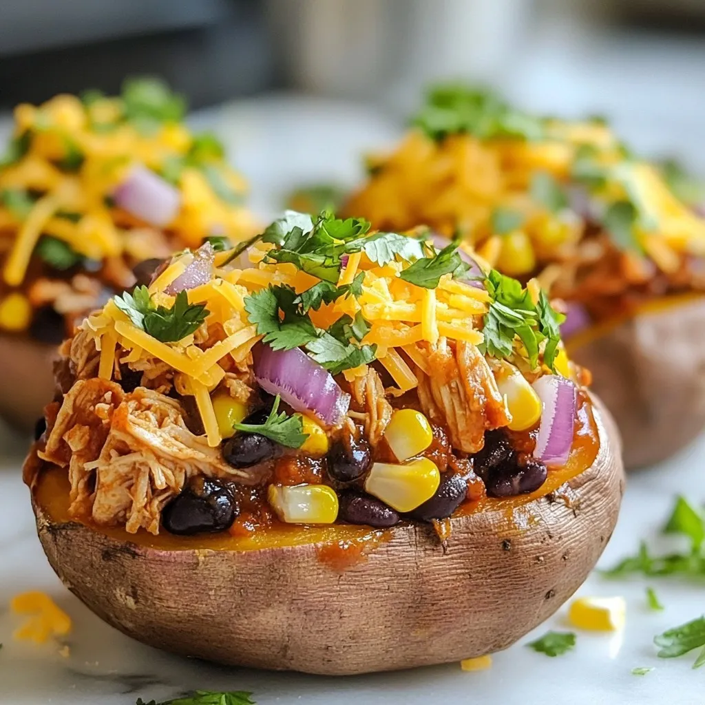 - Medium sweet potatoes - Cooked shredded chicken - BBQ sauce (your choice of flavor) - Diced red onion - Corn (canned or frozen) - Black beans (rinsed and drained) - Shredded cheddar cheese - Fresh cilantro (chopped) - Salt and pepper - Olive oil - Use turkey or tofu instead of chicken for a different protein. - Look for low-sugar BBQ sauce for a healthier option. - Try dairy-free cheese for a vegan twist. - Each stuffed sweet potato has around 400 calories. - They offer about 25 grams of protein and 60 grams of carbs. - Sweet potatoes are high in fiber and vitamins A and C. - Black beans add protein and iron, while corn offers fiber and sweetness. {{ingredient_image_2}} 1. Preheat your oven to 400°F (200°C). This step is key for even cooking. 2. Scrub the sweet potatoes clean under running water. Pat them dry with a towel. 3. Use a fork to poke holes in each potato. This lets steam escape while baking. 4. Place the potatoes on a baking sheet lined with parchment paper. This helps with cleanup. 5. Bake the sweet potatoes for 40-45 minutes. They are done when a fork goes in easily. 6. Remember, larger potatoes take longer to cook. Check them often. 1. In a medium bowl, mix the shredded chicken and BBQ sauce of your choice. 2. Add the diced red onion, corn, and black beans. Season with salt and pepper. 3. Stir everything together well until fully combined. 4. The mixture should be moist but not runny. This makes it easy to fill the sweet potatoes. 1. Once the sweet potatoes are cool enough to handle, cut each in half lengthwise. 2. Use a spoon to scoop out some flesh, leaving enough for texture. 3. Fill each potato half with the BBQ chicken mixture. Press gently to pack it in. 4. Top each stuffed potato with shredded cheddar cheese. 5. Return the stuffed potatoes to the oven for an extra 10-15 minutes. Bake until the cheese melts and bubbles. 6. Remove them from the oven and let them cool slightly. Garnish with fresh chopped cilantro before serving. To ensure your sweet potatoes are perfectly baked, start by preheating your oven to 400°F (200°C). Scrub the potatoes clean and dry them well. Prick each potato with a fork to let steam escape. This helps them cook evenly. Bake them for 40-45 minutes. They are done when a fork easily pierces the flesh. Remember, bigger potatoes take longer to cook. For the best BBQ chicken flavor, choose a BBQ sauce you love. Mix it well with the shredded chicken and other ingredients. Add diced red onion, corn, and black beans for extra taste and texture. A pinch of salt and pepper enhances the flavors. For serving, use a rustic wooden board or a colorful platter. Place the stuffed sweet potatoes on it for a nice look. Garnish with fresh cilantro for color and flavor. A drizzle of extra BBQ sauce adds flair. This makes the dish more inviting and fun. One common mistake is overcooking the potatoes. This can make them mushy and hard to scoop. Keep an eye on the baking time and test them with a fork. Another mistake is skipping flavor enhancements. Do not overlook the importance of seasoning. Always add salt and pepper to your filling. These small touches make a big difference in taste. Pro Tips Choose the Right Sweet Potatoes: Opt for medium-sized sweet potatoes for even cooking and easier handling when stuffing. Customize Your BBQ Sauce: Experiment with different BBQ sauces to find the flavor profile that suits your taste; sweet, spicy, or smoky variations can completely change the dish. Maximize Texture: Leave some of the sweet potato flesh in the skins to add extra texture and flavor to each bite. Garnish for Flavor: Don't skip the cilantro! It adds a fresh, vibrant flavor that enhances the overall taste of the dish. {{image_4}} You can use many BBQ sauces to change the taste of your dish. Try a sweet sauce for a hint of sugar or a spicy sauce for heat. Some people like to mix sauces for a unique flavor. You can also try different meats. Pulled pork or shredded beef work well too. If you prefer, swap in jackfruit for a plant-based option. This gives you the same texture as pulled meat. Making this dish dairy-free is simple. Just skip the cheese or use plant-based cheese. You can also make it vegan by using tofu or tempeh instead of chicken. For a gluten-free option, check the BBQ sauce for gluten. Most are gluten-free, but it’s always good to read labels. This meal pairs nicely with several side dishes. A fresh salad adds crunch and balances the meal. You could also serve it with coleslaw for a creamy touch. For drinks, iced tea or lemonade works well. A light beer complements the BBQ flavors, too. Enjoy your stuffed sweet potatoes with these tasty sides and drinks! Store your BBQ chicken stuffed sweet potatoes in the fridge. First, let them cool to room temperature. Then, place them in an airtight container. This keeps them fresh. I recommend using glass or plastic containers. They are easy to stack and will save space. To freeze stuffed potatoes, wrap them tightly in plastic wrap. You can also use aluminum foil. This helps prevent freezer burn. They will stay fresh for up to three months. When you are ready to eat them, thaw in the fridge overnight. To reheat, place them in the oven at 350°F (175°C) for about 20 minutes. You can also microwave them for a quicker option. Just make sure they heat all the way through. In the fridge, your BBQ chicken stuffed sweet potatoes last about 4 days. In the freezer, they can last up to three months. Always check for signs of spoilage. Look for mold or an off smell. If anything seems off, it’s best to throw it away. Can I use other types of potatoes? Yes, you can use regular potatoes or even russet potatoes. Each type has its own taste and texture. Sweet potatoes add a nice sweetness, while others will give a different flavor. Try what you like best! How long does it take to cook sweet potatoes in the microwave? Cooking sweet potatoes in the microwave takes about 5 to 10 minutes. Poke holes in them. This helps steam escape. Cook until they feel soft when you squeeze them gently. Can this dish be prepared in advance? Yes! You can prepare the BBQ chicken filling ahead of time. Just keep it in the fridge. Bake the sweet potatoes right before you serve them for the best results. How to reheat stuffed sweet potatoes? Reheat stuffed sweet potatoes in the oven for about 10 to 15 minutes at 350°F. This keeps them warm and crispy. You can also use the microwave if you are in a hurry, but they may get a bit soggy. What can I use instead of shredded chicken? You can use shredded turkey or tofu for a plant-based option. Shredded beef or pork works too. Feel free to get creative with your choice! Can I skip cheese altogether? Yes, you can skip cheese if you want. You can add extra toppings like avocado or more veggies instead. This keeps the dish tasty and fresh without cheese. In this post, we covered how to make BBQ stuffed sweet potatoes. We discussed key ingredients, preparation steps, and variations to try. You can choose between different proteins and sauces, making this dish fit your needs. Remember, sweet potatoes offer great health benefits, while proper cooking tips ensure the best flavors. With these ideas, you can enjoy a delicious, nutritious meal that suits your tastes. Enjoy cooking!