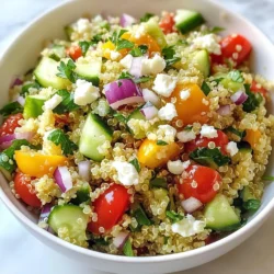 - 1 cup quinoa, thoroughly rinsed - 2 cups water or vegetable broth - 1 cucumber, diced into small cubes - 1 red bell pepper, diced - 1 cup cherry tomatoes, halved - 1/4 red onion, finely chopped - 1/4 cup fresh parsley, finely chopped - 1/4 cup fresh mint, finely chopped - Juice of 1 large lemon - 3 tablespoons extra virgin olive oil - Salt and freshly ground pepper, to taste This salad starts with quinoa, a healthy grain. Quinoa is packed with protein and fiber. Rinsing the quinoa helps remove any bitter taste. You can cook it in water or vegetable broth to add flavor. Next, we have colorful veggies. Cucumber adds crunch. Red bell pepper brings sweetness. Cherry tomatoes add juiciness. Red onion adds a mild bite. Fresh parsley and mint give the salad a bright flavor. They also make the dish look pretty. - Crumbled feta cheese for garnish Feta cheese adds a creamy texture and salty flavor. You can sprinkle it on top before serving. If you want a bit more flavor, it&rsquo;s a great addition. - Use vegetable broth instead of water for extra flavor. - Swap cucumber with zucchini if you prefer. - Avoid feta cheese for a dairy-free version. You can change ingredients based on your needs. If you have a dairy allergy, leave out the feta. If you don't like red onion, you can skip it. This recipe is flexible to fit your tastes. {{ingredient_image_2}} To start, grab a medium saucepan. Pour in 2 cups of water or vegetable broth. I prefer broth for extra flavor. Bring it to a vigorous boil on high heat. Once boiling, add 1 cup of rinsed quinoa. This step is key to remove any bitter taste. Now, turn the heat down to low. Cover the saucepan with a lid and let it simmer. Cook for about 15 minutes until the liquid is gone. After that, remove it from heat. Let it sit for 5 more minutes, still covered. This steaming helps fluff the quinoa. Finally, use a fork to fluff the quinoa gently. Set it aside to cool to room temperature. While the quinoa cools, let&rsquo;s chop the veggies. Take a large mixing bowl and add the following: - 1 cucumber, diced into small cubes - 1 red bell pepper, diced - 1 cup cherry tomatoes, halved - 1/4 red onion, finely chopped - 1/4 cup fresh parsley, finely chopped - 1/4 cup fresh mint, finely chopped Mix these colorful veggies well. The fresh herbs add a bright taste that pairs nicely with the quinoa. Now, it&rsquo;s time to bring everything together. Once the quinoa has cooled, add it to the bowl of veggies. Gently mix them together until everything combines well. In a small bowl, whisk the following to create the dressing: - Juice of 1 large lemon - 3 tablespoons extra virgin olive oil - Salt and freshly ground pepper, to taste Whisk until the mixture is smooth. Drizzle this vibrant dressing over your quinoa salad. Toss everything gently to coat the grains and veggies with the dressing. Taste your salad and adjust the seasoning if needed. For a creamy touch, sprinkle crumbled feta cheese on top. You can serve this salad right away. Or, let it chill in the fridge for 30 minutes. This helps the flavors meld beautifully. Enjoy your fresh and vibrant dish! To fluff quinoa, start by cooking it with care. After you finish cooking, let it sit for five minutes. This step helps the grains steam and become light. Use a fork to gently lift the quinoa. This action separates the grains for a perfect texture. Avoid using a spoon, as it can make the quinoa mushy. Fluffing is key to your salad's success. When dicing vegetables, aim for even pieces. Start with a sharp knife; it makes cutting easier. Cut your cucumber and bell pepper in half, then slice them into strips. Next, turn the strips and cut them into cubes. For cherry tomatoes, cut them in half for a burst of flavor. The smaller the pieces, the easier they blend in the salad. Uniformity helps with even flavor in every bite. You can easily adjust the salad's flavor to suit your taste. If you love tang, add more lemon juice. For richness, increase the olive oil or add feta cheese. If you prefer a milder taste, reduce the onion and use less salt. Remember to taste as you go! This step helps you find the perfect balance. Don&rsquo;t hesitate to experiment with herbs, too; they can change the whole dish. Pro Tips Rinse the Quinoa: Always rinse quinoa under cold water before cooking to remove its natural coating, called saponin, which can give it a bitter taste. Use Broth for Flavor: Cooking quinoa in vegetable broth instead of water adds an extra layer of flavor, making your salad even more delicious. Let it Cool: Allow the quinoa to cool to room temperature before mixing with vegetables to maintain their crispness and prevent wilting. Fresh Herbs Matter: For the best flavor, use fresh herbs rather than dried; they add brightness and a burst of flavor to your salad. {{image_4}} You can easily make this salad feel Mediterranean. Just add crumbled feta cheese and sliced olives. The feta gives a creamy texture and salty bite. Olives add a briny flavor that complements the fresh herbs. This twist brings a new depth to the salad. You can mix in Kalamata or green olives for variety. Both will elevate your dish further. Looking to make this salad more filling? Add chickpeas or grilled chicken. Chickpeas are a great plant-based protein option. They also give a nice chew to the salad. If you prefer meat, grilled chicken breast works well. Just slice it and toss it in. Either choice provides essential nutrients and keeps you satisfied. Seasonal vegetables can change the vibe of this salad. In summer, try adding zucchini or bell peppers. In fall, roasted butternut squash fits perfectly. Fresh corn and snap peas work well in the spring. This way, you use what's fresh and local. Plus, it keeps your meals exciting and diverse. Each season brings a new flavor profile to enjoy. To store your Lemon Herb Quinoa Salad, first let it cool. Place the salad in an airtight container. It keeps well in the fridge for up to three days. If you added feta, it&rsquo;s best to eat it within two days for peak flavor. To keep your salad fresh, avoid adding the dressing until you are ready to eat. Store the dressing separately in a small jar or bowl. This keeps the salad crisp and prevents sogginess. When ready to serve, mix in the dressing just before enjoying your meal. This salad is best served cold or at room temperature. If you prefer it warm, gently heat the quinoa in a pan. Do not microwave the salad as the veggies may become mushy. For a nice touch, add fresh herbs or a squeeze of lemon before serving to brighten the flavors. Yes, you can make Lemon Herb Quinoa Salad ahead of time. This dish tastes great even after sitting in the fridge. Just mix all your ingredients, then cover and store it. I recommend making it a few hours before serving. You can let the flavors develop overnight if you want. Just remember to give it a good stir before serving. Quinoa is a superfood packed with nutrients. It is high in protein and fiber, which helps keep you full. Quinoa also contains all nine essential amino acids. It is rich in vitamins B and E, iron, and magnesium. Eating quinoa can support heart health and aid digestion. Plus, it&rsquo;s low in calories, making it a great choice for many diets. Yes, Lemon Herb Quinoa Salad is naturally gluten-free. Quinoa itself is gluten-free, so you don&rsquo;t need to worry. Just ensure that your other ingredients, like broth or condiments, are gluten-free as well. This makes it a perfect dish for anyone with gluten sensitivities or celiac disease. This salad pairs well with many dishes. You can serve it with grilled chicken or fish for a protein boost. It also goes great with roasted vegetables or a light soup. For a vegetarian option, pair it with hummus or falafel. Enjoy it as a light meal or a side dish at gatherings. This blog post covered how to create a tasty Lemon Herb Quinoa Salad. We discussed the main and optional ingredients, plus substitutions for your needs. I shared easy steps to cook quinoa, prepare vegetables, and mix the salad. Tips helped with fluffing quinoa and dicing veggies. You can also try several fun variations and learn to store leftovers properly. Enjoy making your own version of this healthy salad! It&rsquo;s simple and delicious, making it a perfect dish for any meal.
