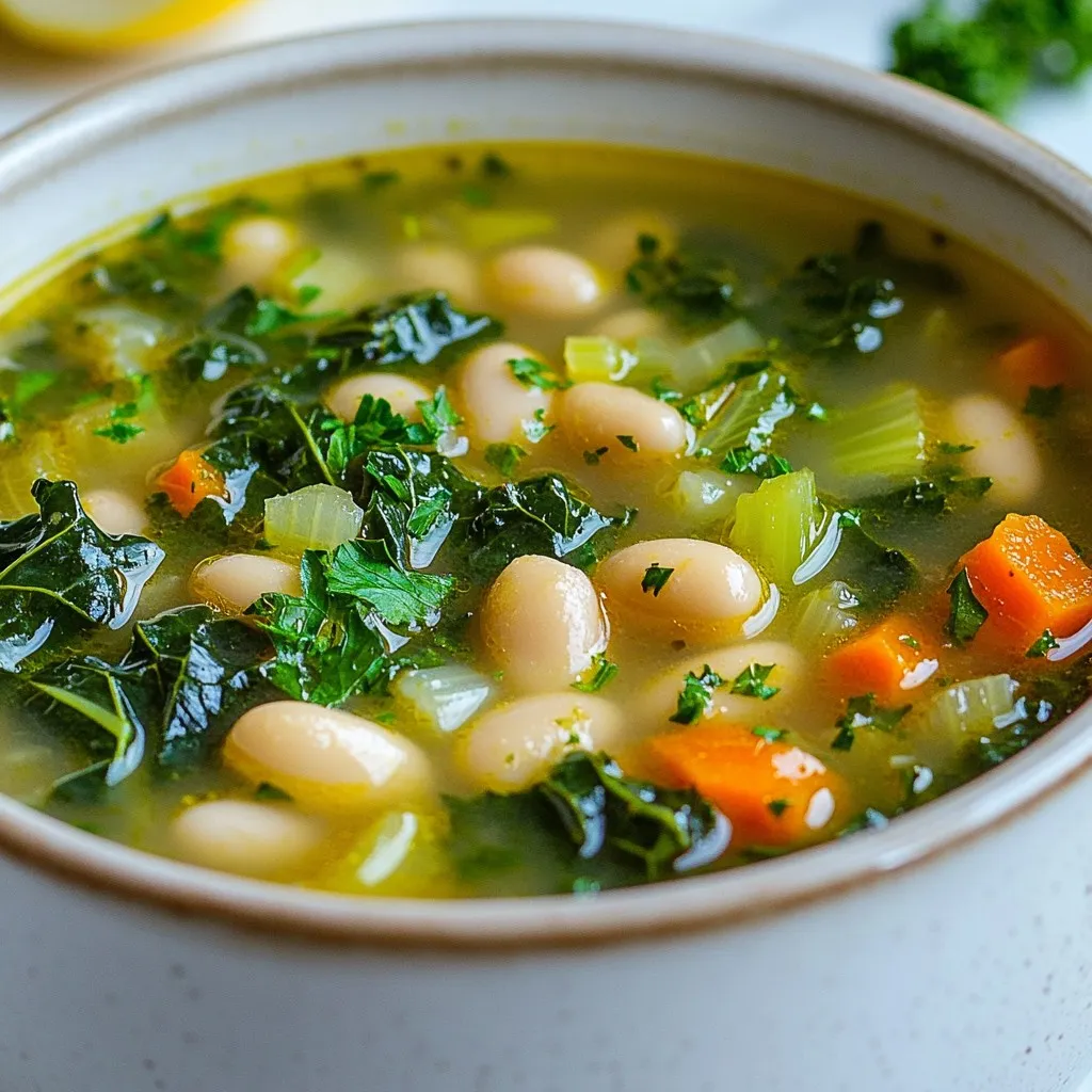 To make Tuscan White Bean Kale Soup, gather the following fresh and wholesome ingredients: - 2 cups fresh kale, chopped - 1 can (15 oz) white beans (cannellini or navy), thoroughly drained and rinsed - 1 medium onion, finely diced - 2 cloves garlic, minced - 2 large carrots, peeled and diced - 2 celery stalks, diced - 4 cups vegetable broth (low-sodium preferred) - 1 teaspoon dried thyme - 1 teaspoon dried oregano - 1/2 teaspoon red pepper flakes (optional, for a spicy kick) - 2 tablespoons extra-virgin olive oil - Sea salt and freshly ground black pepper to taste - Juice of 1 medium lemon - Fresh parsley, chopped (for garnish) These ingredients combine to create a soup that is hearty and full of flavor. The fresh kale adds a vibrant green color and a slight bitterness that balances the creaminess of the white beans. Using low-sodium vegetable broth keeps the soup light and healthy. The onion, garlic, carrots, and celery form a base of delicious flavor, while the herbs and spices elevate the taste profile. Olive oil adds richness, and a splash of lemon juice brightens the dish. The freshly chopped parsley at the end not only adds color but also a fresh note to every bowl. Each ingredient plays a key role in the final dish, making it a nourishing meal that is both satisfying and comforting. {{ingredient_image_2}} Start by heating 2 tablespoons of extra-virgin olive oil in a large soup pot over medium heat. Once the oil shimmers, add 1 medium onion, finely diced. Sauté the onion for about 3-4 minutes until it turns translucent and fragrant. This step builds a good base for your soup. Next, stir in 2 cloves of minced garlic, 2 large carrots (peeled and diced), and 2 celery stalks (diced). Cook this mix for another 5-6 minutes. Stir occasionally. You want the vegetables to soften and release their flavors. Now it’s time to add some flavor! Sprinkle in 1 teaspoon of dried thyme, 1 teaspoon of dried oregano, and 1/2 teaspoon of red pepper flakes if you like a little heat. Mix everything well. Let the spices toast in the pot for about 1 minute. This step enhances their aromas and makes your soup even tastier. Carefully pour in 4 cups of low-sodium vegetable broth. Make sure to lift any bits off the bottom of the pot. These bits pack a lot of flavor! Bring the mixture to a rolling boil, then reduce the heat. Let it simmer uncovered for around 10 minutes. Next, add 1 can (15 oz) of thoroughly drained and rinsed white beans and 2 cups of chopped fresh kale to the pot. Stir everything together. Allow the soup to simmer for another 10-15 minutes. This helps the kale become tender and the flavors meld together. Before serving, taste your soup. Adjust with sea salt, freshly ground black pepper, and the juice of 1 medium lemon to balance the flavors. Ladle the hot soup into bowls and finish with a sprinkle of freshly chopped parsley. This adds a vibrant touch and makes the soup look beautiful! To make your Tuscan white bean kale soup taste just right, focus on seasoning. Start with salt and pepper. Add a pinch of sea salt and a few cracks of fresh black pepper. Taste the soup as it cooks. You can always add more, but it's hard to take away. The juice of a medium lemon brightens the flavors. Squeeze it in at the end. It adds a nice zing. Cooking time matters too. For the best taste, sauté onions and garlic for 3-4 minutes. This softens them and brings out their sweet flavor. After that, add carrots and celery. Cook them for 5-6 minutes until they soften. Let the spices toast for 1 minute before adding broth. This step helps their tastes pop. Presentation makes your soup even better. Serve it with a slice of crusty bread. It soaks up the broth nicely. You can also drizzle extra-virgin olive oil on top. This adds a rich flavor and a touch of elegance. A sprinkle of fresh parsley on the soup makes it look pretty too. It adds a splash of green. The right tools make cooking easier. Use a large soup pot. It should hold all the ingredients comfortably. A good wooden spoon is key for stirring. It helps mix everything without scratching your pot. A cutting board and a sharp knife are also important for chopping veggies. A ladle is great for serving the soup. It makes it easy to fill bowls without spilling. Pro Tips Use Fresh Ingredients: The quality of your vegetables and herbs can greatly affect the flavor of your soup. Opt for fresh, organic produce whenever possible for the best taste. Adjust the Spice Level: If you prefer a milder soup, omit the red pepper flakes or use less. You can always add more spice at the end if desired. Enhanced Flavor with Lemon: Adding lemon juice at the end not only brightens the soup but also enhances the overall flavor profile. Adjust the amount to your taste. Make it a Meal: To turn this soup into a heartier meal, consider adding some cooked quinoa or whole grains into the mix for added texture and nutrition. {{image_4}} You can switch the white beans for other types. Great options include chickpeas or pinto beans. Each bean adds a unique taste and texture. You can also add different vegetables to the soup. Try zucchini, spinach, or bell peppers. Each veggie brings its own flavor, making the soup exciting. This soup is easy to make vegan. Just ensure your vegetable broth is vegan-friendly. You can skip any animal products without losing taste. For gluten-free options, use gluten-free broth. The soup will still be hearty and filling. If you want a spicy kick, add more red pepper flakes. You can also mix in diced jalapeños or hot sauce. This change gives the soup an extra layer of heat. Customize it to your taste! To keep your Tuscan white bean kale soup fresh, store it properly. - Refrigeration tips: Place the soup in an airtight container. It lasts in the fridge for about 3-4 days. Make sure to let it cool first before sealing. This helps prevent condensation from affecting the soup's texture. - Freezing options: For longer storage, freeze the soup. Use freezer-safe containers or bags. Leave some space at the top for expansion. It can last up to 3 months in the freezer. Thaw it in the fridge overnight before reheating. You want to reheat your soup without losing its great flavor. - Best methods for reheating soup: The stove is the best way to reheat soup. Pour the soup into a pot over medium heat. Stir often until it’s hot. You can also use a microwave. Heat it in a microwave-safe bowl. Cover it loosely and heat for 1-2 minutes. Stir and check if it’s hot enough. - Preventing loss of flavor and texture: Add a splash of vegetable broth or water when reheating. This helps keep the soup from becoming too thick. Stir well to mix the flavors back in. Enjoy your warm, hearty soup! How long does the soup last in the fridge? The soup lasts about 3 to 5 days in the fridge. Always store it in a sealed container. Reheat it gently to enjoy again. Can I use fresh beans instead of canned? Yes, you can use fresh beans. However, they need cooking first. Soak them overnight and cook until tender. This will take extra time, but it can enhance the flavor. Health benefits of ingredients This soup is packed with nutrition. Kale is rich in vitamins A, C, and K. White beans provide protein and fiber. Carrots offer beta-carotene, good for your eyes. Olive oil is a healthy fat that helps heart health. Caloric content per serving Each serving has about 200 calories. This can vary based on how much olive oil you use. It’s a hearty dish that fills you up without too many calories. Can I make this soup in a slow cooker? Yes, you can make this soup in a slow cooker. Just sauté the onion and garlic first. Then, add all ingredients into the slow cooker. Cook on low for 6-8 hours for great flavor. What to serve with Tuscan White Bean Kale Soup? Serve this soup with crusty bread. A sprinkle of cheese on top adds flavor too. For a light meal, pair it with a salad. A glass of white wine also complements this dish well. This soup recipe offers a healthy blend of fresh ingredients and spices. You learned how to prepare the vegetables, incorporate flavorful spices, and cook the soup to perfection. I shared tips to enhance flavor and ideas for serving. You also discovered variations and storage options. Making this Tuscan White Bean Kale Soup is simple and rewarding. Enjoy the warmth and nutrition it brings to your table.