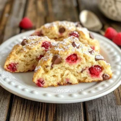 - 2 cups all-purpose flour - 1/4 cup granulated sugar - 1 tablespoon baking powder - 1/2 teaspoon salt - 1/2 cup cold unsalted butter, cut into small cubes - 1/2 cup heavy cream - 1 large egg - 1 teaspoon pure vanilla extract - 1 cup fresh raspberries, rinsed and patted dry - 1/2 cup semi-sweet chocolate chips - 1 tablespoon coarse sugar for sprinkling To make the best Raspberry Chocolate Chip Scones, you need to gather all your ingredients first. Using high-quality flour is key to a fluffy texture. The granulated sugar adds just the right amount of sweetness. Baking powder helps the scones rise, while salt enhances all the flavors. For the wet ingredients, the cold unsalted butter is crucial. It creates flaky layers in your scones. Heavy cream adds richness, while the egg binds everything together. Pure vanilla extract gives a lovely aroma and taste. Now for the fun part! Fresh raspberries and semi-sweet chocolate chips are what make these scones a treat. The raspberries burst with flavor, and the chocolate brings a sweet touch. Finally, sprinkle coarse sugar on top for a crunchy finish. {{ingredient_image_2}} - First, preheat your oven to 400&deg;F (200&deg;C). - Next, prepare a baking sheet. Line it with parchment paper. This helps with easy scone removal later. - In a large bowl, combine the dry ingredients: all-purpose flour, sugar, baking powder, and salt. - Now, add the cold cubed butter to the flour mixture. Use a pastry cutter or your fingers. Work the butter into the flour until it looks like coarse crumbs. Leave some larger chunks for flakiness. - In a separate bowl, mix the wet ingredients. Whisk together the heavy cream, egg, and vanilla extract until smooth. - Pour the cream mixture into the flour mix. Stir gently with a spatula until just combined. Do not overmix; this keeps the scones tender. - Carefully fold in the fresh raspberries and chocolate chips. Be gentle to avoid crushing the raspberries. - Turn the dough onto a lightly floured surface. Knead gently until it comes together. Avoid overworking the dough. - Flatten the dough into a circle, about 1 inch thick. Cut it into wedges or use a round cutter for perfect shapes. - Place the scones on the prepared baking sheet. Leave about 1 inch between each scone to allow for rising while baking. - Sprinkle the tops with coarse sugar for extra sweetness and texture. - Bake for 15-20 minutes. Watch for a golden brown color on top. A toothpick should come out clean when inserted into the center. Cold butter is key to flaky scones. It helps create layers. When you mix the butter, leave some chunks. These will melt during baking and make your scones rise. Avoid overmixing the dough. This can lead to tough scones. Mix just until the ingredients come together. Remember, less is more. Knead the dough gently. You want it to hold together without being heavy. Too much kneading can make your scones dense. After kneading, shape the dough carefully. Use a sharp knife to cut even wedges. This helps them bake uniformly. If you prefer round scones, use a round cutter. Serve your scones warm for the best taste. They pair well with clotted cream or softened butter. You can also sprinkle powdered sugar on top for a sweet touch. For a beautiful presentation, place them on a decorative platter. Add fresh raspberries or mint leaves for color. This makes your treat even more inviting. Pro Tips Chill the Butter: For the flakiest scones, ensure your butter is very cold. You can even chill the mixing bowl and utensils beforehand. Don&rsquo;t Overmix: Mix the dough until just combined. Overmixing can lead to tough scones, so handle the dough gently. Use Fresh Ingredients: Opt for fresh raspberries and good quality chocolate chips for the best flavor and texture in your scones. Experiment with Flavors: Feel free to add lemon zest or almond extract for an extra layer of flavor that complements the chocolate and raspberries. {{image_4}} You can change the flavor of your scones easily. Try using other berries like blueberries, strawberries, or blackberries. Each berry brings its own taste and color. For chocolate, switch to white chocolate or dark chocolate. This can give your scones a new twist! If you need gluten-free scones, substitute all-purpose flour with a gluten-free blend. Make sure to check that it has xanthan gum for the best results. For a dairy-free option, use coconut cream instead of heavy cream. You can also use vegan butter for the same yummy taste. Incorporate seasonal fruits for a fresh touch. In spring, use strawberries; in summer, try peaches. In fall, add apples or pears for warmth. For winter holidays, mix in candied ginger or cranberries. These changes make your scones festive and fun! After baking, let your scones cool on a wire rack. This keeps them from getting soggy. Once cooled, place them in an airtight container. You can store them at room temperature for up to two days. Make sure to keep them away from heat or moisture. To freeze scones, let them cool completely first. Wrap each scone in plastic wrap. Then, place them in a freezer bag or container. They will stay good for about three months in the freezer. When you want to eat them, take them out and reheat. You can bake them from frozen for about 15-20 minutes at 350&deg;F (175&deg;C) or until warm. Raspberry chocolate chip scones will last for two days at room temperature. In the freezer, they last for three months. Signs of spoilage include a hard texture or an off smell. If you see any mold, it's best to toss them. Enjoy your treat while it&rsquo;s fresh! To reheat scones, preheat your oven to 350&deg;F (175&deg;C). Place the scones on a baking sheet. Heat them for about 5 to 10 minutes. This warms them evenly and keeps them flaky. You can also use a microwave for a quick fix. Heat them for about 10 to 15 seconds. Just be careful; microwaving too long can make them tough. Yes, you can make the dough ahead of time. After mixing the dough, wrap it tightly in plastic wrap. Store it in the fridge for up to 24 hours. When you're ready, just take it out, shape it, and bake it. This saves you time and still gives you fresh scones. To stop raspberries from sinking, coat them in a little flour before adding to the dough. This helps them stay suspended. Also, be gentle when folding them in. Overmixing can break them and cause sinking. Treat them like jewels; they need care. Yes, nuts can add great texture and flavor! Chopped walnuts or pecans work well. Just make sure to chop them into small pieces. Add about 1/4 cup of nuts along with the chocolate chips. This gives you a nice crunch with each bite. You can serve scones with clotted cream or softened butter. These add richness to each bite. Fresh jam or honey also pairs nicely. For a fun twist, try serving them with a dollop of whipped cream or a side of fresh fruit. Enjoy them with a cup of tea or coffee for the perfect snack. You now have a clear guide on making raspberry chocolate chip scones. We covered the key ingredients, mixing steps, and baking tips. I shared ideas for variations and how to store your scones. With these insights, you can create soft, flaky scones all year round. Don't shy away from experimenting with flavors. Enjoy your baking journey and savor every bite!