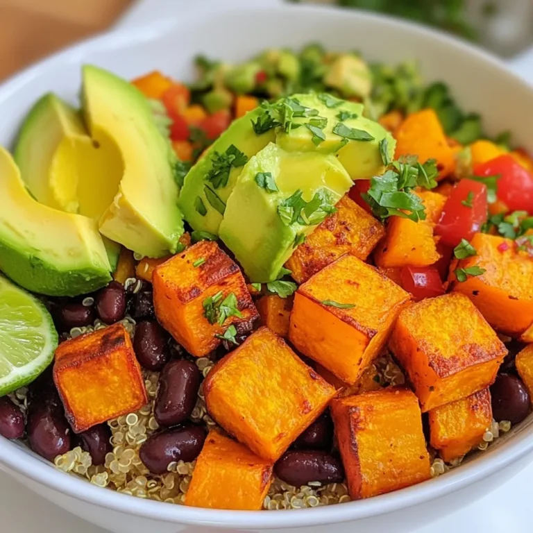 - 1 large sweet potato, peeled and diced into 1-inch cubes - 1 cup quinoa, rinsed - 2 cups vegetable broth (or water) - 1 cup canned black beans, rinsed and drained - 1 red bell pepper, diced - 1 ripe avocado, sliced - 1 tablespoon olive oil - 1 teaspoon ground cumin - 1 teaspoon smoked paprika - Salt and freshly ground black pepper to taste You need several key ingredients for this dish. Sweet potatoes bring a natural sweetness. Quinoa adds protein and a nice texture. Black beans give fiber and protein too. Bell pepper adds crunch and color, while avocado provides creaminess. Olive oil helps with roasting, and spices boost the flavor. - Fresh cilantro - Lime wedges - Additional veggies or proteins For extra flavor, consider adding fresh cilantro. Lime wedges add a bright kick. You can also mix in extra veggies or proteins based on what you like. This makes your bowl even more exciting and personal. When you gather these ingredients, you set the foundation for a tasty and healthy meal. Enjoy the vibrant colors and flavors as you prepare your roasted sweet potato quinoa bowl! {{ingredient_image_2}} 1. Preheat your oven to 425°F (220°C). This high heat helps the sweet potatoes get crispy and sweet. 2. In a big bowl, toss the diced sweet potatoes with olive oil, ground cumin, smoked paprika, salt, and black pepper. Make sure every piece gets coated well. 3. Spread the sweet potatoes on a baking sheet in a single layer. This helps them roast evenly. Bake them for 25 to 30 minutes. Flip them halfway through cooking for even browning. 1. Rinse the quinoa under cold water. This step removes any bitter taste. 2. In a medium saucepan, combine the rinsed quinoa and vegetable broth or water. Bring the mixture to a boil over medium-high heat. 3. Once it boils, reduce the heat to low. Cover the pot with a lid and let it simmer for about 15 minutes. The quinoa is done when it is fluffy and all the liquid is absorbed. 4. After cooking, fluff the quinoa gently with a fork. Set it aside to cool a bit. 1. In a large bowl, mix the cooked quinoa with the rinsed black beans and diced red bell pepper. Stir everything together well. 2. When the sweet potatoes are ready, add them to the quinoa mixture. Toss gently to combine all the ingredients without mashing the sweet potatoes. Now you're ready to serve your Roasted Sweet Potato Quinoa Bowls! - Roasting tips for optimal sweetness: To get the best sweetness from sweet potatoes, preheat your oven to 425°F (220°C). Cut them into 1-inch cubes for even cooking. Toss them with olive oil, cumin, smoked paprika, salt, and pepper. Spread them out on a baking sheet. Make sure they are in a single layer. This helps them caramelize nicely. Flip them halfway through for even browning. - Perfect quinoa cooking methods: Start by rinsing your quinoa under cold water. This step removes any bitterness. Combine the rinsed quinoa with vegetable broth in a saucepan. Bring it to a boil over medium-high heat. Then, reduce the heat to low. Cover the pot and let it simmer for about 15 minutes. The quinoa will be fluffy when done. - Layering the bowl for visual appeal: For a pretty bowl, layer the ingredients. Start with a base of quinoa. Next, add roasted sweet potatoes, black beans, and diced red bell pepper. The colorful layers will look great. - Garnishing suggestions: Top your bowl with slices of ripe avocado. Add a sprinkle of fresh cilantro for flavor and color. A lime wedge on the side adds a nice touch. It brightens the dish and looks inviting. - Storing components separately: To prepare ahead, store each component in separate containers. Keep the quinoa, sweet potatoes, beans, and veggies apart. This helps keep everything fresh. - Assembling bowls in advance: You can assemble your bowls the night before. Just layer the quinoa, beans, and veggies. Add the sweet potatoes before serving. This keeps them warm and crispy. Pro Tips Choose the Right Sweet Potato: Select sweet potatoes that are firm and free of blemishes for the best flavor and texture. Rinse Quinoa Thoroughly: Always rinse quinoa under cold water to remove its natural coating, called saponin, which can make it taste bitter. Perfectly Roasted Sweet Potatoes: Ensure even cooking by cutting sweet potatoes into uniform pieces and spreading them out on the baking sheet without overcrowding. Customize Your Bowl: Feel free to add other toppings like feta cheese, nuts, or seeds for added texture and flavor variety. {{image_4}} You can easily make this bowl more filling. Add different proteins like tofu or tempeh for extra flavor and texture. Both options soak up spices well, making each bite tasty. You can also switch out black beans for other legumes. Chickpeas or lentils work great too. Each choice adds its own unique twist. Want to change the taste? Switch up the spices! Try curry powder for an Indian vibe or chili powder for a Mexican flair. You can also add seasonal veggies. Roasted Brussels sprouts or zucchini add great color and taste. Feel free to get creative with your favorite flavors. When it comes to serving, think side dishes! A fresh green salad pairs well. You can also add a dollop of yogurt for creaminess. For sauces, a tangy tahini dressing or zesty vinaigrette boosts flavor. These additions make your bowl even more delightful. To store your roasted sweet potato quinoa bowls, let them cool first. Place leftovers in an airtight container. This helps keep the flavors fresh. Refrigerate for up to 4 days. You can freeze each part of the bowl for later use. For the sweet potatoes, spread them on a baking sheet. Freeze until solid, then transfer to a freezer bag. For quinoa, let it cool completely first. Place it in a freezer-safe container. The black beans can go directly into a bag without cooking. When you want to eat, thaw everything overnight in the fridge. Reheat in the microwave or on the stove until hot. Enjoy your meal with fresh toppings! Rinsing quinoa is key. When you rinse it, you wash away a coating called saponin. This coating can taste bitter. To rinse, place quinoa in a fine mesh strainer. Run cold water over it for about 30 seconds. This step makes your quinoa taste clean and nutty. Yes, you can use sweet potatoes with the skin on. The skin adds extra fiber and nutrients. However, it may have a different texture. If you want a softer bite, peeling is better. If you like a bit of crunch, leave the skin on. Just make sure to wash them well. You can use several options if you don’t have black beans. Chickpeas are a great choice. They add a nice texture and flavor. Lentils are another good option. They cook quickly and are full of protein. You can also try kidney beans or white beans. Each option gives a different twist to your bowl. This guide covers making a tasty and healthy bowl with sweet potatoes, quinoa, and black beans. You learned about essential ingredients, easy cooking steps, and clever tips. I shared fun variations and storage tips to keep your meal fresh. Remember, you can mix flavors and toppings to suit your taste. Get creative and enjoy the process! Cooking should be fun, and this recipe can fit your style. Whether for meal prep or a quick dinner, this bowl is sure to please.