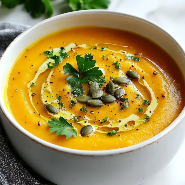 - 1 medium pumpkin (approximately 3-4 pounds), halved with seeds removed - 2 tablespoons extra virgin olive oil - 1 medium onion, finely chopped - 3 cloves garlic, minced - 1 teaspoon ground cumin - 1 teaspoon ground cinnamon - 4 cups vegetable broth (low-sodium recommended) - 1 cup coconut milk (alternative: heavy cream for a richer flavor) - Salt and black pepper to taste - Fresh parsley and/or toasted pumpkin seeds for a delightful garnish The star of this soup is the pumpkin. Choose a medium pumpkin for the best flavor. Look for one that feels heavy for its size and has a smooth skin. The onion adds sweetness, while garlic gives a nice depth. Ground cumin and cinnamon add warmth and spice, making the flavor pop. For the broth, I suggest low-sodium vegetable broth. This way, you control the salt level. Coconut milk makes the soup creamy. If you prefer, use heavy cream for a richer taste. Fresh parsley or toasted pumpkin seeds make great toppings, adding color and crunch. If you're vegan or lactose intolerant, stick with coconut milk. If you cannot find pumpkin, butternut squash works well too. For gluten-free diets, ensure your vegetable broth is labeled gluten-free. If you dislike cumin, feel free to swap it for nutmeg or allspice. This recipe is flexible, so adjust it to fit your needs! {{ingredient_image_2}} Start by preheating your oven to 400°F (200°C). This heat is key for roasting. Cut your pumpkin in half and scoop out the seeds. Place the pumpkin halves cut-side down on a baking sheet lined with parchment paper. Roast them for about 40-50 minutes. The flesh should be soft and fork-tender. Once done, take them out and let them cool for a bit. In a large pot or Dutch oven, heat 2 tablespoons of extra virgin olive oil over medium heat. When the oil looks shiny, add 1 finely chopped medium onion. Sauté this for 5-7 minutes until it becomes soft and clear. Then, stir in 3 minced cloves of garlic, 1 teaspoon of ground cumin, and 1 teaspoon of ground cinnamon. Cook this mix for one more minute to release the scents. Next, scoop the soft pumpkin flesh from the skin and add it to the pot. Pour in 4 cups of low-sodium vegetable broth. Stir everything together and let it simmer gently for about 15 minutes. This allows all the flavors to come together nicely. After simmering, it’s time to blend. You can use an immersion blender to puree the soup until it's smooth. If you have a countertop blender, transfer the soup in batches, but be careful with the hot liquid. Once blended, mix in 1 cup of coconut milk or heavy cream for richness. Season with salt and black pepper to taste. Gently heat the soup until warm, but don’t let it boil. Now, your roasted pumpkin soup is ready to serve! Ladle it into bowls and add a sprinkle of fresh parsley or toasted pumpkin seeds for a nice touch. Enjoy this cozy, creamy delight! To roast pumpkin well, start with a fresh, firm pumpkin. Cut it in half and scoop out the seeds. I find using a sharp knife helps. Place the halves cut-side down on a lined baking sheet. This keeps the moisture in and helps the pumpkin cook evenly. Roast at 400°F (200°C) for 40-50 minutes. Check for tenderness with a fork. If it pierces easily, it’s done. To boost flavor, use spices like ground cumin and cinnamon. They add warmth and depth. I also like to sauté the onion and garlic before adding them. This makes the soup smell amazing and brings out their natural sweetness. Don't forget to taste as you go! Add salt and black pepper to suit your taste. Fresh herbs, like parsley, make great garnishes too. For that smooth, creamy texture, blend the soup well. An immersion blender works best, but a standard blender is fine too. If you want it extra creamy, add coconut milk or heavy cream. Start with one cup and adjust based on your preference. Heat it gently after blending, but don’t let it boil. This helps keep your soup silky and delicious. Pro Tips Choose the Right Pumpkin: Opt for sugar pumpkins or pie pumpkins for a sweeter, creamier soup. Their flesh is denser and more flavorful compared to larger carving pumpkins. Adjust the Seasoning: Feel free to play with spices! Adding a pinch of nutmeg or a dash of cayenne pepper can elevate the flavor profile and add warmth to your soup. Blend for Texture: For a chunkier texture, reserve some of the roasted pumpkin pieces before blending. Stir them back into the soup after blending for added dimension. Garnish Creatively: Beyond parsley and pumpkin seeds, consider topping your soup with a drizzle of balsamic reduction or a dollop of yogurt for an added flavor contrast. {{image_4}} To make a vegan version, simply swap the coconut milk for cashew cream. To make cashew cream, soak 1 cup of cashews in water for 4 hours. Drain and blend the cashews with 1 cup of water until smooth. This adds creaminess without dairy. You can also use almond milk for a lighter option. This soup is naturally gluten-free! Just ensure your vegetable broth is free from gluten. Check the label to be sure. You can enjoy this dish without any worries about gluten. For a spicy kick, add a pinch of cayenne pepper or red pepper flakes while cooking. This will bring warmth and depth to the soup. If you prefer herbal notes, try adding fresh thyme or rosemary during the simmering stage. These herbs enhance the soup's flavor and aroma, making it even more delightful. Adjust the spices based on your taste for a personalized touch. After enjoying your soup, let it cool to room temperature. Pour the soup into an airtight container. This helps keep the flavors fresh. You can store it in the fridge for up to five days. Make sure to seal the container well to avoid spills or odors. When you’re ready to enjoy your soup again, pour it into a pot. Heat it on low over the stove. Stir often to avoid burning. If the soup is too thick, add a bit of broth or water. Heat until it’s warm but not boiling. You can also use a microwave. Place the soup in a microwave-safe bowl and cover it loosely. Heat it for one to two minutes, stirring halfway through. To freeze your soup, let it cool completely first. Pour it into freezer-safe bags or containers. Leave some space at the top, as soup expands when frozen. Label the bags with the date. You can freeze the soup for up to three months. When ready to eat, thaw it in the fridge overnight or use the microwave. Reheat as mentioned before for a warm, creamy dish. You can swap coconut milk for heavy cream. This makes the soup rich and creamy. Another option is to use cashew cream. To make cashew cream, soak cashews in water for a few hours. Blend them with a bit of water until smooth. Add this to your soup for a creamy texture without coconut. Sugar pumpkins are the best choice for soup. They are sweeter and have a smooth texture. You can also use butternut squash or kabocha squash. Both provide a nice flavor and creamy consistency in your soup. Avoid using large pumpkins meant for carving, as they are watery and lack flavor. Yes, you can use canned pumpkin. It saves time and is very easy to use. Just make sure to use pure pumpkin and not pumpkin pie filling. For this recipe, use about 2 cups of canned pumpkin. Stir it in after cooking the onion and spices for a quick and tasty soup. You learned how to make delicious roasted pumpkin soup. We covered the ingredients, steps, and tips. You can adapt the recipe for different diets and tastes. Don't forget storage tips to keep leftovers fresh. This soup is simple and tasty, perfect for any meal. Enjoy making this warm dish, and share it with loved ones. Let this recipe be a staple in your kitchen. Happy cooking!