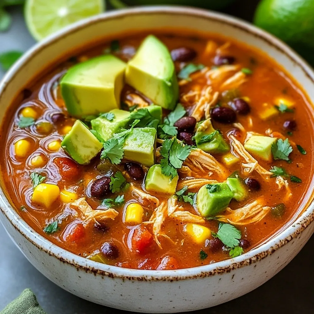 To make this Instant Pot Chicken Enchilada Soup, gather these items: - 1 lb boneless, skinless chicken breasts - 1 medium onion, diced - 3 cloves garlic, minced - 1 can (15 oz) black beans, rinsed and drained - 1 can (15 oz) corn, drained - 1 can (10 oz) diced tomatoes with green chilies - 4 cups chicken broth - 1 tablespoon chili powder - 1 teaspoon cumin - ½ teaspoon smoked paprika - 1 teaspoon oregano - Salt and pepper to taste - 1 cup shredded cheese (cheddar or Mexican blend) You can make your soup even better with these toppings: - Fresh cilantro, chopped - Avocado, diced - Lime wedges If you cannot find an ingredient, here are some ideas: - Use chicken thighs instead of breasts for more flavor. - Swap black beans for pinto beans if you prefer. - Use vegetable broth to make it vegetarian. - For a thicker soup, add extra cheese or use less broth. - If you want a milder taste, choose mild diced tomatoes. These options let you customize the soup to your liking! {{ingredient_image_2}} To make this soup, gather your ingredients first. You will need chicken, beans, corn, tomatoes, onion, and spices. This makes the cooking process smooth and easy. 1. Start by turning on your Instant Pot and selecting the Sauté function. 2. When the pot is hot, add a splash of water or a little oil. This keeps the onion from sticking. 3. Sauté the diced onion for about 3-4 minutes until it looks clear. Stir it often to avoid burning. 4. Add the minced garlic and cook for another 30 seconds. It should smell great! 5. Place the chicken breasts in the pot. Sprinkle them with chili powder, cumin, smoked paprika, oregano, salt, and pepper. Coat all sides well. 6. Pour in the chicken broth, then add the diced tomatoes with green chilies, black beans, and corn. Stir to mix everything well. 7. Close the lid tightly, making sure the vent is sealed. Set your Instant Pot to Manual cooking on high pressure for 10 minutes. 8. When the timer goes off, let the pot sit for about 10 minutes for a natural pressure release. Then, do a quick release to let out any remaining steam. 1. Carefully take the chicken breasts out of the pot. Use two forks to shred the chicken into bite-sized pieces. 2. Put the shredded chicken back in the pot and stir to mix it into the soup. 3. Taste the soup and adjust the seasoning if needed. If you want, add the shredded cheese now. It will melt into the soup and make it creamy. 4. Serve the soup hot. Garnish with fresh chopped cilantro, diced avocado, and lime wedges on the side. 5. For a great look, ladle the soup into nice bowls. Sprinkle with cilantro and arrange the avocado pieces nicely. To adjust the heat, add more or less chili powder. You can also mix in diced jalapeños. For less spice, use mild diced tomatoes without green chilies. Another option is to add a dollop of sour cream. This cools the heat and adds creaminess. Start with the right balance. Use salt and pepper to taste. Always taste the soup before serving. If it lacks flavor, add more spices bit by bit. Fresh herbs like cilantro can enhance the taste. They offer brightness and freshness to the soup. For chicken thighs, increase the cooking time to 12 minutes. Bone-in chicken may need up to 15 minutes. Always check that the chicken is cooked through. The internal temperature should reach 165°F. Adjust the pressure release method based on the cut. Thighs and bone-in chicken benefit from natural release for juiciness. Pro Tips Use Fresh Ingredients: Always opt for the freshest vegetables and spices to enhance the flavor of your soup. Fresh ingredients can make a significant difference in the overall taste. Adjust the Spice Level: If you prefer a milder soup, reduce the amount of chili powder or use mild diced tomatoes. You can always add more spice later if desired. Make it Creamy: For a richer texture, consider stirring in a dollop of sour cream or Greek yogurt right before serving. This adds creaminess and a tangy flavor. Store Leftovers Properly: Store any leftovers in an airtight container in the fridge for up to 3 days. Reheat gently on the stove to preserve the flavors and texture. {{image_4}} You can easily make this soup vegetarian or vegan. Start by swapping the chicken for one can of chickpeas or a mix of lentils. This keeps the soup hearty and full of protein. Use vegetable broth instead of chicken broth for a rich flavor. You can also add more veggies like zucchini or bell peppers to boost nutrition. If you prefer turkey or beef, feel free to switch the chicken. Use one pound of ground turkey or beef. Brown the meat in the pot before adding the veggies and seasonings. Follow the same steps to build flavor. Each protein will add its own twist to the soup, keeping it exciting. You can change the flavor by swapping a few ingredients. Try using white beans instead of black beans for a creamier texture. You can also replace diced tomatoes with fire-roasted tomatoes for a smoky taste. Add a splash of lime juice or a dash of hot sauce for some zing. Experimenting with spices, like adding chipotle powder, gives it a nice kick, too. Store any leftover soup in an airtight container. Let it cool before sealing. This helps keep it fresh. The soup stays good in the fridge for up to four days. When you want to eat it, just give it a good stir. If you want to save the soup for later, freezing is a great choice. Use freezer-safe containers or bags. Make sure to leave some space at the top, as the soup will expand when frozen. It will keep well for about three months. To enjoy it later, just thaw it in the fridge overnight. When it's time to reheat, you have a few options. You can use the microwave or stovetop. If using the stovetop, heat the soup in a pot over medium heat. Stir it often to avoid burning. If it's too thick, add a splash of chicken broth. This helps keep the flavor and texture just right. You can pair your Chicken Enchilada Soup with several tasty sides. Here are some ideas: - Cornbread: Its sweetness balances the soup's spice. - Tortilla chips: Crunchy chips add a fun texture. - Rice: A scoop of rice makes the meal heartier. - Salad: A fresh green salad adds crunch and color. - Sour cream: A dollop cools the soup's heat. These options create a great meal and make it feel special! If your soup is too thin, there are easy ways to thicken it. Try these methods: - Cornstarch slurry: Mix equal parts cornstarch and water, then stir it in. - Mashed beans: Blend some beans from the soup, then add them back in. - Extra cheese: Stir in more cheese to create a rich texture. These tips help adjust the soup to your liking! Yes, you can make Chicken Enchilada Soup in a slow cooker! Here’s how: 1. Sauté the onion and garlic in a pan first. 2. Add all ingredients to the slow cooker, including the sautéed mix. 3. Cook on low for 6-8 hours or high for 3-4 hours. 4. Shred the chicken and mix it back in before serving. This method allows for easy prep while you go about your day! This blog post walked you through making Chicken Enchilada Soup. We explored ingredients, cooking steps, and tips to enhance flavors. You learned how to adjust seasoning and switch ingredients to fit your diet. I shared storage tips to keep your soup fresh and answered common questions. Now, you have the tools to make a tasty soup that suits your taste. Enjoy cooking and sharing this easy recipe with others!