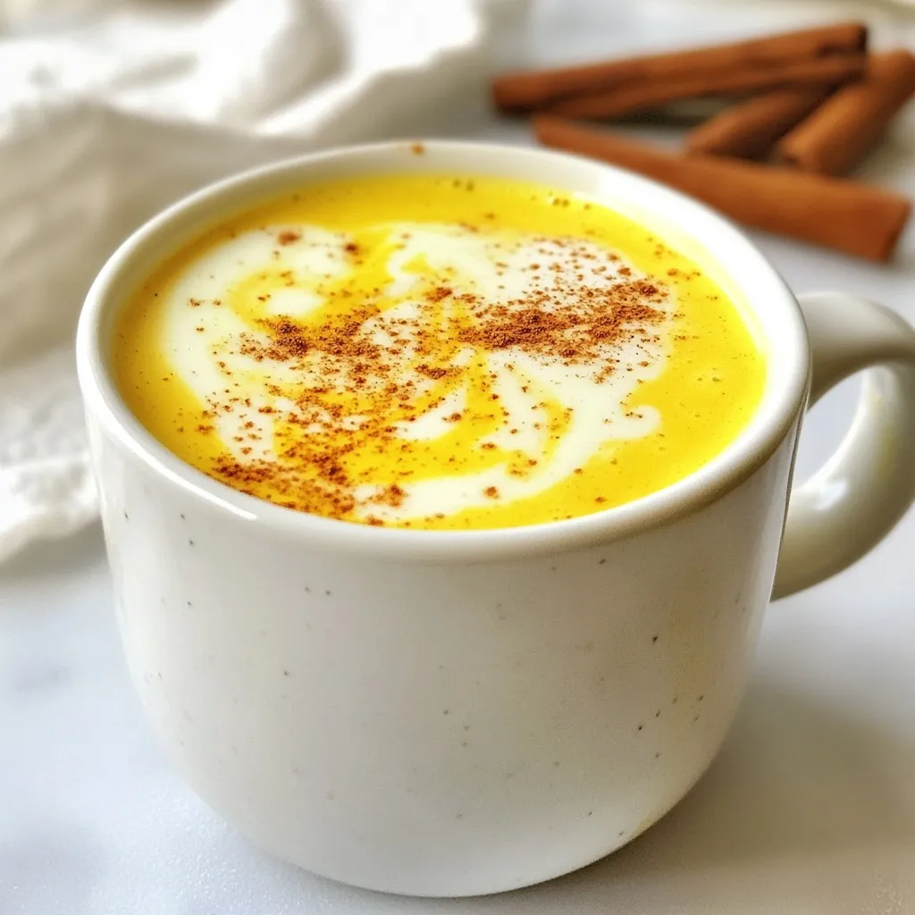 - 2 cups unsweetened almond milk - 1 teaspoon ground turmeric - 1/2 teaspoon ground cinnamon - 1/4 teaspoon ground ginger - 1/4 teaspoon freshly ground black pepper - 1 tablespoon honey or maple syrup - 1 teaspoon pure vanilla extract - A pinch of fine sea salt You can use other plant-based milks like oat or coconut milk. Each milk has its own flavor. If you want to switch the sweetener, maple syrup works great. Honey adds a floral note, while maple syrup gives a deeper taste. Turmeric is known for its bright color and health perks. It can help reduce inflammation and boost your immune system. Cinnamon adds warmth and may help control blood sugar levels. Ginger is not just tasty; it can settle your stomach and aid in digestion. Together, these spices create a soothing drink that is both delicious and good for you. {{ingredient_image_2}} Making a Golden Turmeric Latte is simple and quick. You will heat almond milk, add spices, and froth the mixture. This drink comes together in just ten minutes. 1. Heating the almond milk and spices In a small saucepan, pour 2 cups of unsweetened almond milk. Add 1 teaspoon of ground turmeric, 1/2 teaspoon of ground cinnamon, 1/4 teaspoon of ground ginger, and 1/4 teaspoon of freshly ground black pepper. Don’t forget a pinch of fine sea salt. Place the saucepan on medium heat. Whisk the mixture constantly. This helps blend the spices and prevents clumping. Heat until steaming, about five minutes. Avoid boiling. 2. Incorporating sweeteners and vanilla extract Remove the saucepan from heat. Now, stir in 1 tablespoon of honey or maple syrup, adjusting to taste. Add 1 teaspoon of pure vanilla extract. Mix well until everything is combined. 3. Frothing for texture For a creamy, frothy finish, use a milk frother. If you don’t have one, whisk the latte vigorously until bubbles form. This makes the drink light and airy. Choose your favorite mugs for serving. A clear glass mug shows off the golden color beautifully. After pouring, dust a light sprinkle of cinnamon on top. This adds a lovely touch and enhances the flavor. Enjoy your warm, nourishing drink! To avoid clumping in your turmeric latte, whisk the mixture well. Start by adding the almond milk and spices to your saucepan. Stir them together as you heat. This keeps the turmeric and spices evenly mixed. Remember to whisk continuously while it warms up. If you prefer a sweeter drink, adjust the honey or maple syrup to your taste. Start with one tablespoon and add more if needed. You can make your latte even better by adding spices. Try a pinch of nutmeg or cardamom for a new twist. You can also infuse flavors like vanilla bean or cocoa. These additions give your latte a unique touch. Feel free to play around with the spices until you find your favorite mix. If your latte curdles, don't worry. This can happen if the milk gets too hot. To fix it, whisk the mixture again. If the flavor is too strong, add more almond milk to balance it. For a weak flavor, add a tiny bit more turmeric or spices. Just be careful not to overdo it! Pro Tips Choose Your Milk: Experiment with different plant-based milks like oat or coconut for varied flavors and creaminess. Spice it Up: Adjust the spices according to your taste; adding a pinch of nutmeg can give a lovely warm twist. Sweetness Level: Modify the sweetness by trying different types of sweeteners like agave or stevia to suit your diet. Foam Factor: For a café-style experience, use a handheld frother to achieve a perfect foam on top of your latte. {{image_4}} You can easily make this drink vegan. Simply use any plant-based milk you like. Here are some great options: - Almond milk - Cashew milk - Oat milk - Coconut milk Each type gives a unique taste. Almond milk is light and nutty. Oat milk is creamy and smooth. Coconut milk adds a tropical twist. Choose what you enjoy most! Want to enjoy this drink cold? You can turn your warm latte into an iced version. Just follow these steps: 1. Prepare your latte as usual. 2. Let it cool down to room temperature. 3. Add ice cubes to a glass. 4. Pour the cooled latte over the ice. You can also blend it for a frosty texture! This is refreshing on a hot day. To boost health benefits, try adding functional ingredients. Here are a few ideas: - Collagen powder for skin and joint support - Adaptogens like ashwagandha for stress relief - Chia seeds for extra fiber Mix these in while heating the milk. They blend well and add great benefits to your drink. Enjoy experimenting with these variations! To store your Golden Turmeric Latte, let it cool first. Pour the latte into an airtight container. Keep it in the fridge. It stays fresh for up to three days. If you notice separation, just give it a good shake. When reheating, use low heat. Pour the leftover latte into a small saucepan. Stir it gently to avoid curdling. Heat until it’s warm, but don’t let it boil. This keeps the texture smooth and creamy. You can make this latte in bulk for busy days. Simply double or triple the recipe. Store it in the fridge for easy access. When you want a warm drink, just reheat a cup. This way, you enjoy a delicious drink anytime! A Golden Turmeric Latte is a warm drink made with turmeric, milk, and spices. It has roots in Indian culture, where turmeric is a key part of Ayurvedic medicine. This latte is not just tasty; it’s also comforting and healthy. People enjoy it for its bright yellow color and soothing flavors. The drink has become popular worldwide for its rich taste and wellness benefits. Yes, you can use fresh turmeric. Fresh turmeric has a vibrant flavor and extra nutrients. However, it can be tricky to work with. You need to peel and grate it first. This process can be a bit messy and time-consuming. Ground turmeric is easier to use and still very healthy. If you want to use fresh turmeric, add about one tablespoon of grated turmeric for every teaspoon of ground turmeric. Turmeric is safe for most people when used in food. But some may have stomach issues or allergies. If you take blood thinners, talk to a doctor before using turmeric. Pregnant women should also consult a healthcare provider. It's best to enjoy turmeric in moderation and be aware of how your body reacts. You now know how to make a delicious Golden Turmeric Latte. We covered the key ingredients, health benefits, and step-by-step cooking tips. I shared tips to perfect your latte and offered storage advice. There are also fun variations, like an iced version or adding extras for nourishment. Experimenting with flavors can make it even better. Enjoy making this drink as a warm treat or refreshing iced beverage. Embrace the healthy benefits, and savor every sip!