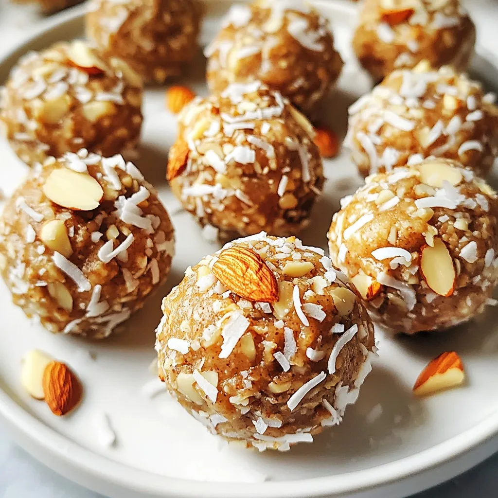 To make Vanilla Chai Energy Bites, you need the following items: - 1 cup rolled oats - 1/2 cup almond butter - 1/4 cup honey or maple syrup - 1 tablespoon pure vanilla extract - 1 teaspoon ground cinnamon - 1/2 teaspoon ground ginger - 1/4 teaspoon ground cardamom - 1/4 teaspoon ground cloves - 1/4 cup chopped almonds - 1/4 cup unsweetened shredded coconut - Pinch of fine sea salt If you don’t have almond butter, peanut butter works well too. For a vegan option, use maple syrup instead of honey. You can also switch out chopped almonds for walnuts or pecans. If you want a nut-free version, sunflower seed butter is a great choice. Choose organic rolled oats to avoid pesticides. Look for pure vanilla extract, not imitation, for a richer flavor. When buying spices, check for freshness; they should have a strong aroma. For nuts and coconut, buy from bulk bins if possible. This often means better quality and freshness. {{ingredient_image_2}} 1. Start by taking a large mixing bowl. Add 1 cup rolled oats, 1/2 cup almond butter, 1/4 cup honey or maple syrup, and 1 tablespoon pure vanilla extract. 2. Use a spatula to mix these items well. You want a smooth and blended mixture. 3. Next, add 1 teaspoon ground cinnamon, 1/2 teaspoon ground ginger, 1/4 teaspoon ground cardamom, 1/4 teaspoon ground cloves, and a pinch of fine sea salt. 4. Stir again to spread the spices evenly through the mixture. 5. Now, fold in 1/4 cup chopped almonds and 1/4 cup unsweetened shredded coconut. Make sure they mix in well. 6. Cover the bowl with plastic wrap. Place it in the fridge for around 30 minutes. This helps the mixture firm up. 7. After chilling, scoop out about one tablespoon of the mixture. Roll it into small balls and place them on a parchment-lined baking sheet. 8. Keep rolling until you shape all the mixture into energy bites. 9. Finally, transfer the bites to an airtight container. Store them in the fridge for freshness. - Make sure to mix the almond butter and oats well. This helps the bites hold together. - Chilling the mixture is key. It makes rolling easier and keeps the bites firm. - If the mixture feels too dry, add a little more almond butter or honey. - Don’t skip the chilling step. It makes a big difference in shaping. - Avoid over-mixing the spices. You want a nice balance of flavor without clumping. - Make sure to use a good quality almond butter. This affects both taste and texture. To keep your Vanilla Chai Energy Bites fresh, store them in an airtight container. Place them in the refrigerator to maintain their taste and texture. They can last up to one week this way. If you want to keep them longer, consider freezing them. You can make these energy bites in advance and freeze them. After shaping the bites, place them on a baking sheet. Freeze them for about an hour until they are firm. Once frozen, transfer them to a freezer bag. They will keep well for up to three months. Just thaw them in the fridge before enjoying. Serve your energy bites on a pretty plate. For a lovely touch, add extra shredded coconut or chopped almonds around them. Pair these bites with small cups of spiced chai tea. This combination enhances the flavors and makes for a delightful snack experience. Pro Tips Chill for Convenience: Chilling the mixture for 30 minutes not only makes it easier to handle but also helps enhance the flavors as they meld together. Customize Your Nuts: Feel free to mix in different nuts or seeds based on your preference—walnuts, pecans, or sunflower seeds can add a unique twist! Sweetener Swap: If you prefer a lower glycemic option, consider using coconut nectar or agave syrup instead of honey or maple syrup. Storage Tips: Store your energy bites in an airtight container in the refrigerator for up to a week, or freeze them for up to a month for longer freshness. {{image_4}} You can change the flavor of your energy bites to suit your taste. For a chocolate twist, use cocoa powder in place of some oats. You can add chocolate chips for a sweet touch too. If you prefer matcha, swap in matcha powder instead of spices. This gives your bites a bright green color and a unique taste. If you need nut-free bites, replace almond butter with sunbutter. It tastes great and works well in this recipe. For a vegan option, use maple syrup instead of honey. Make sure the chocolate chips you choose are dairy-free if you add them. Get creative with your mix-ins! Try adding dried fruits like cranberries or apricots. They add sweetness and chewiness. You can also use seeds like chia or flax for extra crunch. For toppings, roll the bites in shredded coconut or crushed nuts. This gives them an eye-catching finish and adds more flavor. Each Vanilla Chai Energy Bite packs a punch of nutrients. One serving, or one bite, contains: - Calories: 100 - Protein: 3 grams - Carbohydrates: 12 grams - Fat: 5 grams - Fiber: 2 grams - Sugar: 4 grams These bites offer a balanced mix of energy and nutrients. They help keep you full without a sugar crash. The ingredients in these bites are not just tasty; they are good for you too. Here are some benefits: - Rolled oats provide fiber for digestion. They help keep your heart healthy. - Almond butter is rich in healthy fats and protein. It supports muscle health and energy. - Honey or maple syrup gives natural sweetness and antioxidants. They help fight inflammation. - Spices like cinnamon and ginger boost metabolism and add flavor. They also have anti-inflammatory properties. - Chopped almonds offer crunch and are high in vitamin E. This vitamin is great for skin health. - Shredded coconut adds healthy fats and fiber. It can help keep you satisfied longer. These energy bites are a great snack for many diets. Each bite is around 100 calories, making them easy to fit in. They are gluten-free if you use certified gluten-free oats. They can also be made vegan by using maple syrup instead of honey. Always check labels for allergens, especially if you have nut allergies. Vanilla Chai Energy Bites can last up to one week in the fridge. Store them in an airtight container. If you want them to last longer, freeze them. They can stay fresh for up to three months in the freezer. Just thaw them in the fridge when you're ready to enjoy. Yes, you can use different nut butters. Almond butter works well, but you can try peanut butter too. Cashew butter is another great option if you want a milder flavor. Just choose a nut butter you like. This will still give you tasty energy bites. Yes, these energy bites are gluten-free. Rolled oats are naturally gluten-free, but check the package. Some oats may be processed in places with gluten. If you need a gluten-free snack, always look for certified gluten-free oats. This way, you can enjoy your bites worry-free! We covered how to make tasty Vanilla Chai Energy Bites with a complete ingredient list. You learned about substitutes and tips for choosing quality items. Next, I shared the steps for perfect texture, common mistakes to avoid, and helpful storage tips. I also discussed various flavor options, health benefits, and answered frequently asked questions. These bites are easy to make and full of flavor, nutrition, and energy. Enjoy creating your energy bites!
